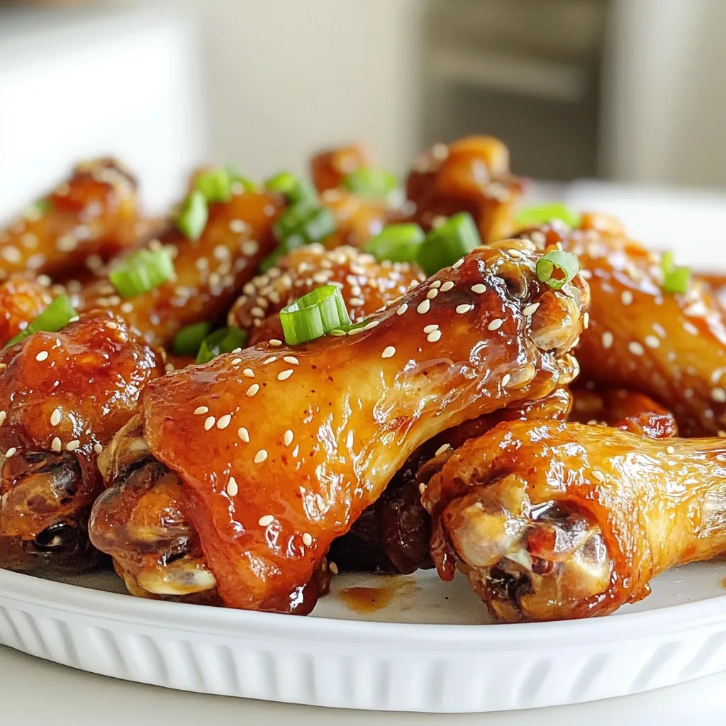 - 2 lbs chicken wings - 1/4 cup honey - 1/4 cup soy sauce - 4 cloves garlic, minced - 1 tablespoon fresh ginger, grated - 2 tablespoons sriracha - 1 teaspoon crushed red pepper flakes - 1 tablespoon sesame oil - 1 tablespoon green onions, chopped - Sesame seeds - Salt and pepper to taste The main ingredients set the stage for your dish. The chicken wings give you a great base, while honey and soy sauce add a sweet and salty touch. You want to use good quality honey and soy sauce for the best flavor. Next come the additional flavorings. Garlic and ginger bring warmth and depth. Sriracha adds the heat, so feel free to adjust it based on your taste. The crushed red pepper flakes kick it up a notch. You can use more or less depending on how spicy you want it. Finally, the garnishing components finish your wings. Sesame oil gives a rich flavor. Green onions and sesame seeds add a fresh and crunchy note. Don’t forget to season with salt and pepper. Each ingredient plays a role to make these wings a rich flavor dish. First, pat the chicken wings dry with paper towels. Dry wings help achieve crispy skin. Next, place the wings in a large bowl. Season them with salt and pepper to taste. This simple step brings out the natural flavor of the chicken. In a separate bowl, mix together honey, soy sauce, minced garlic, grated ginger, sriracha, crushed red pepper flakes, and sesame oil. This mix creates a sweet and spicy marinade. You can adjust the sriracha for more or less heat. The beauty of this recipe is that you control the spice level. Pour the marinade over the chicken wings and toss well to coat. Let the wings marinate for at least 30 minutes at room temperature. For more flavor, marinate them for up to 2 hours in the fridge. The longer they sit, the more the flavors soak in. This process makes the chicken wings tender and tasty. Preheat your oven to 400°F (200°C). Line a baking sheet with aluminum foil for easy cleanup. Place the marinated wings in a single layer on the baking sheet. Bake them for 25–30 minutes. Flip the wings halfway through for even cooking. You want them golden brown and crispy. In the last 5 minutes of baking, brush any remaining marinade over the wings. This adds an extra layer of flavor and creates a sticky glaze. It’s an important step that makes the wings shine and taste even better. Enjoy the rich flavors of your honey garlic chicken wings! To get the right kick in your honey garlic chicken wings, you can adjust the sriracha. If you like it hotter, add more sriracha. For a milder taste, reduce it. Red pepper flakes also add heat. Start with one teaspoon and add more if needed. You can try other spicy options like cayenne pepper or hot sauce too. Each will change the flavor, so have fun with it. Both baking and frying have their perks. Baking is easier and healthier. It cuts down on extra oil. Frying gives wings a crispier texture but adds more fat. If you choose to fry, make sure to monitor the temperature. It helps to avoid greasy wings. Baking is perfect for making a big batch. Choose what fits your style or diet best. To make your wings crispy, pat them dry before seasoning. This removes moisture. A dry surface helps them crisp up nicely in the oven. You can use aluminum foil for easy cleanup. However, parchment paper can also work well. It prevents sticking and keeps the wings from getting soggy. Flip the wings halfway through baking for even crispiness. {{image_2}} For a new taste, try different sauces. You can use teriyaki or barbecue sauce instead of soy sauce. This change adds a sweet note. You can also mix them. If you want more sweetness, add fruit juices. Pineapple or orange juice works great. They will give a fresh twist to your wings. You can grill your wings for a smoky flavor. Preheat your grill and cook them for about 20 minutes. Flip them often to avoid burning. Baking is easier and keeps wings crispy. Follow the recipe's oven method. If you want a slow-cooked option, use a slow cooker. Cook on low for 4-6 hours. This method makes the wings tender and juicy. Pair your wings with tasty dips like ranch or blue cheese. They add creaminess that balances the spice. Serve with veggie sticks like carrots and celery for crunch. For drinks, try a light beer or a refreshing soda. These drinks complement the wings well and enhance the meal experience. After enjoying your spicy honey garlic chicken wings, you might have some left. Store them in airtight containers. This keeps the wings fresh and tasty. In the fridge, they last about 3 to 4 days. Always let them cool before sealing. This helps prevent moisture build-up. When you want to eat your wings again, reheating is key. The best methods are in the oven or air fryer. Set the oven to 350°F (175°C) for 10 to 15 minutes. This keeps the wings crispy. If using an air fryer, cook at 350°F for about 5 to 7 minutes. Avoid the microwave, as it makes wings soggy. If you want to save wings for later, freezing works well. Place them in a freezer-safe bag or container. Make sure to remove excess air to avoid freezer burn. They can stay frozen for up to 3 months. When you're ready to eat, thaw them in the fridge overnight. Reheat as mentioned above for the best results. These honey garlic chicken wings can pack a punch. The heat comes from sriracha and crushed red pepper flakes. You can adjust the spice level easily. If you want it milder, cut back on the sriracha. For more heat, add extra red pepper flakes. This way, you control the spice to match your taste. Yes, you can make these wings ahead. Marinate them for up to two hours in the fridge. This allows the flavors to soak in well. After marinating, you can bake them when you’re ready to eat. If you need to reheat them, just pop them back in the oven for about 10 minutes at 350°F (175°C). This keeps them crispy and tasty. There are many great dipping sauces for honey garlic wings. Here are a few popular choices: - Ranch dressing for a cool contrast - Blue cheese for a rich flavor - Spicy mayo for an extra kick These sauces enhance the flavors and add fun to your meal. Yes, baked chicken wings are generally healthier than fried ones. Baking uses less oil, which reduces fat and calories. It also helps keep the skin crispy while making it lighter. You get all the flavor without the extra grease. This makes baked wings a smart choice for your next gathering. You can use frozen chicken wings! Just make sure to thaw them first. The best way is to leave them in the fridge overnight. If you're short on time, you can use cold water to thaw them quickly. Dry them well before marinating and cooking. This helps the wings get crispy and delicious. This guide walks you through making tasty honey garlic chicken wings. You learned about the main ingredients, key steps, and tips for crispiness. Plus, you found ideas for storing and reheating your wings. Whether you bake or grill, these wings are fun to make and even more fun to eat. Enjoy experimenting with flavors and impress your friends at your next gathering! Your perfect chicken wings await!