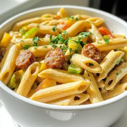 To make Creamy Cajun Sausage Pasta One Pot, you need these ingredients: - 12 oz (340g) penne pasta - 1 lb (450g) smoked sausage, sliced - 1 medium onion, chopped - 3 cloves garlic, minced - 1 bell pepper (red or green), diced - 1 can (14.5 oz) diced tomatoes, undrained - 2 cups chicken broth - 1 cup heavy cream - 2 tablespoons Cajun seasoning - 1 cup shredded cheddar cheese - 2 tablespoons olive oil - Salt and pepper to taste - Fresh parsley, chopped (for garnish) Each ingredient plays a key role. The penne pasta absorbs the sauce well. Smoked sausage adds rich flavor. Fresh vegetables, like onion and bell pepper, bring color and crunch. Diced tomatoes add moisture and acidity. Chicken broth gives depth. Heavy cream creates that lovely creaminess. Cajun seasoning spices things up. Cheddar cheese provides a melty finish. Olive oil is essential for cooking. Salt and pepper enhance all the flavors. Lastly, fresh parsley adds a bright touch. Enjoy gathering these ingredients! Start by slicing the smoked sausage into thin rounds. This helps the sausage cook evenly. Next, chop one medium onion and mince three cloves of garlic. Dice one bell pepper, either red or green. These veggies add flavor and color to the dish. In a large pot, heat two tablespoons of olive oil over medium heat. Once hot, add the sliced sausage. Cook for about 5-7 minutes until it browns. This step gives the sausage a rich flavor. Next, add the chopped onion, minced garlic, and diced bell pepper. Sauté these for 3-5 minutes until the onion turns soft and clear. Then, stir in two tablespoons of Cajun seasoning. Cook for one more minute to bring out the spice flavors. Now it’s time to add the fun part! Toss in one can of diced tomatoes, along with 2 cups of chicken broth, and 12 oz of uncooked penne pasta. Stir everything well to mix. Bring it to a boil. Once boiling, reduce the heat and cover the pot. Let it simmer for about 15 minutes. Stir occasionally to prevent sticking. After 15 minutes, check if the pasta is cooked. If the liquid is mostly absorbed, pour in one cup of heavy cream. Mix it in until everything is creamy and smooth. Let it cook for another 2-3 minutes to thicken up a bit. Finally, stir in one cup of shredded cheddar cheese. Keep mixing until the cheese melts completely. Taste your dish and adjust the seasoning with salt and pepper as you like. This step is key to making sure your dish shines with flavor. How to avoid overcooking pasta To keep your pasta firm, watch the time closely. Start checking the penne pasta a few minutes before the package time ends. The pasta should be al dente, which means it has a slight bite. Drain it right away to stop the cooking. Importance of seasoning Seasoning makes your dish shine. Add salt to the water when cooking pasta. It helps bring out the flavors. Don’t forget to taste your dish before serving. Adjust the salt and pepper as needed to get the right balance. Best sides to accompany the dish Creamy Cajun sausage pasta pairs well with garlic bread or a fresh salad. Garlic bread adds a nice crunch and flavor. A simple green salad can balance the richness of the pasta. Presentation tips for an appealing dish Serve the pasta in deep bowls. Sprinkle fresh parsley on top for color. A dash of extra Cajun seasoning also looks nice. This makes your dish more inviting and tasty. {{image_2}} You can easily change the sausage in this dish. Try using Italian sausage for a milder taste. Chicken sausage is a great option for a lighter meal. If you want to go meatless, use a plant-based sausage. Each type brings its own flavor. You can also switch up the pasta. While penne works well, you can use rotini or fusilli for fun shapes. Bowtie pasta adds a nice twist too. Whole wheat pasta can make it healthier. Just keep an eye on the cooking time, as different pastas cook at different rates. To manage the heat, you can adjust the spice level. For a milder dish, use less Cajun seasoning. Adding more cream can also cool down the heat. If you love spice, feel free to add extra seasoning or even some crushed red pepper flakes. You can make your own Cajun seasoning at home. Combine paprika, cayenne pepper, garlic powder, onion powder, thyme, and oregano. Mix to your taste. This way, you can control the spice and make it fresh. To keep your Creamy Cajun Sausage Pasta fresh, follow these steps: - Refrigeration: Let the pasta cool to room temperature. Place it in an airtight container. Store it in the fridge for up to 3 days. - Freezing: If you want to freeze it, use a freezer-safe container. This pasta can last for about 2 months in the freezer. When ready to eat, thaw it overnight in the fridge before reheating. To enjoy your leftovers, reheating is key. Here’s how: - Avoid Drying Out: Add a splash of chicken broth or cream before reheating. This keeps the pasta moist. Stir well to mix the liquid. - Microwaving vs. Stovetop: Microwaving is quick, but stovetop reheating gives better results. For stovetop, heat over low heat. Stir often until warmed. This helps blend the flavors again and keeps it creamy. Can I make this recipe ahead of time? Yes, you can make this creamy Cajun sausage pasta ahead of time. Cook it, let it cool, and store it in the fridge. It’s best eaten within three days. When you're ready, just reheat it on the stove or in the microwave. Can I use whole wheat or gluten-free pasta? Absolutely! You can swap regular penne pasta with whole wheat or gluten-free options. Just keep an eye on the cooking time, as these may vary. Follow package instructions for best results. My pasta came out mushy. What went wrong? If your pasta is mushy, you might have overcooked it. Make sure to check it a minute or two before the time is up. Also, stirring occasionally helps keep the pasta from sticking and cooking unevenly. The sauce is too thick. How can I fix it? If your sauce is too thick, add a splash of chicken broth or water. Stir it in and heat it through. This will help loosen the sauce without losing its creamy texture. You learned about the key ingredients for a tasty pasta dish, from penne to smoked sausage. We covered the preparation methods and cooking steps to make it easy. Useful tips helped you avoid common mistakes while cooking. You also discovered ways to customize the dish with ingredient swaps and different spice levels. Finally, I shared advice on storing and reheating. Remember, cooking is fun and creative. Enjoy making this dish your own, and share it with those you love!