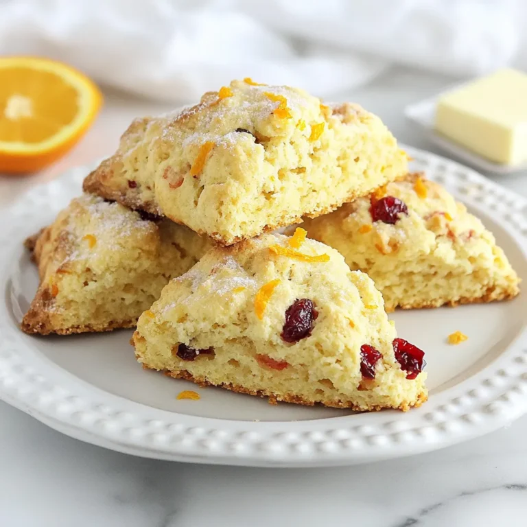 - 2 cups all-purpose flour - 1/3 cup granulated sugar - 1 tablespoon baking powder - 1/2 teaspoon salt For the dry ingredients, I start with all-purpose flour. It gives the scones structure. Granulated sugar adds sweetness. Baking powder helps the scones rise. Salt balances the flavors well. - 1/2 cup unsalted butter, cold and cubed - 1/2 cup heavy cream - 1 large egg - 1 teaspoon vanilla extract Next, I focus on wet ingredients. Cold, cubed unsalted butter keeps the scones flaky. Heavy cream adds richness. The large egg binds everything together. Vanilla extract brings a warm flavor. - 1/2 cup dried cranberries - Zest of 1 orange - 1-2 tablespoons coarse sugar for topping Now for the flavor enhancements. Dried cranberries provide a chewy texture and tartness. The zest of one orange gives a bright, citrusy note. Finally, coarse sugar on top creates a sweet crunch. {{ingredient_image_1}} - Preheat the oven to 400°F (200°C). - Line a baking sheet with parchment paper. - In a large bowl, whisk together flour, sugar, baking powder, and salt. - Add cold, cubed butter to the flour mix. - Use your fingers or a pastry cutter to mix until it looks like coarse crumbs. - Stir in dried cranberries and orange zest evenly. - In a separate bowl, whisk cream, egg, and vanilla extract until mixed. - Pour the wet mix into the dry ingredients. - Gently mix until just combined. Don't overmix. - Turn the dough out onto a floured surface. Knead it lightly. - Shape the dough into a circle about 1 inch thick. - Cut the dough into wedges or use a biscuit cutter for shapes. - Place the scones on the prepared baking sheet. - Sprinkle coarse sugar on top for a sweet crunch. - Bake for 15-20 minutes until golden brown. - Use cold butter for flaky scones. Cold butter creates the right texture. It helps the scones rise and become tender. - Avoid overmixing the dough. Mix until just combined. Overmixing can lead to tough scones. - Serve warm with butter and extra orange zest. This adds flavor and a lovely touch. - For a great display, place scones on a rustic board. A wooden board makes any breakfast look inviting. - Don't skip the chilling step before baking. Chilling keeps the butter firm and helps with flakiness. - Ensure even baking by spacing scones properly. Give them room on the baking sheet to rise. Pro Tips Use cold butter: Ensure your butter is very cold before mixing it into the flour. This helps create flaky layers in your scones. Don't overmix: Mix the dough just until combined. Overmixing can lead to tough scones. Experiment with add-ins: Feel free to substitute or add other dried fruits or nuts, like blueberries or walnuts, for a different flavor profile. Serve warm: For the best taste, serve your scones warm with butter or cream right after baking. {{image_2}} You can switch up the flavor of your scones easily. - Use raspberries or blueberries instead of cranberries. - Add nuts like walnuts or pecans for a crunchy bite. Both changes will give your scones a new twist. Raspberries and blueberries add a sweet and tart taste. Nuts enhance the texture and offer a nice crunch in each bite. If you need to make these scones fit a specific diet, it's simple. - Swap all-purpose flour for almond or coconut flour to make it gluten-free. - Choose a dairy-free option for cream and butter, like coconut cream or a vegan butter substitute. These adjustments do not sacrifice flavor. You still get that tasty scone experience while meeting dietary needs. Toppings can elevate your scones to the next level. - Drizzle a sweet glaze on top or serve with a fruit preserve. - A sprinkle of cinnamon adds warmth and spice. These toppings bring extra flavor and make your scones look beautiful on the plate. Feel free to mix and match for your favorite combination! Keep your cranberry orange breakfast scones at room temperature. Use an airtight container. They will stay fresh for 1-2 days. This way, you can enjoy them without losing their delightful texture. For longer storage, freeze the scones. They can last up to 3 months in the freezer. Wrap each scone in plastic wrap, then place them in a freezer bag. This keeps them safe from freezer burn. To reheat, use the oven. This method keeps the scones crispy. Preheat the oven to 350°F (175°C) and warm the scones for about 10 minutes. You can also use a microwave for quick warming. However, this may make them less crispy. If you choose the microwave, heat in short intervals. This way, they warm up without getting tough. To make scones less dry, use cold butter. Cut it into the flour until it looks like crumbs. This keeps the butter pieces small. You can also add a bit more heavy cream. Adding extra dried fruit can help too. Make sure to avoid overmixing the dough. This keeps the scones light and fluffy. Yes, you can prepare the dough ahead of time. Wrap it tightly in plastic wrap. Store in the fridge for up to 24 hours. When you are ready to bake, just cut the scones and bake them. You can also freeze the dough for longer storage. Thaw it in the fridge overnight before baking. If you need a substitute for heavy cream, you can use milk. Whole milk works best for texture. You can also use yogurt for a tangy twist. Mix equal parts of milk and yogurt for a creamy feel. This keeps the scones moist while adding flavor. You can tell the scones are done by their color. They should be golden brown on top. You can also check the bottom; it should feel firm. If they look pale or soft, give them a few more minutes. The scones should not feel wet or mushy. Yes, cranberry orange scones freeze well. You can freeze them before or after baking. If freezing before baking, cut the scones and place them on a baking sheet to freeze. Once frozen, store them in a bag. If freezing after baking, let them cool completely first. Store in an airtight container for up to three months. You now have a complete guide to making delicious cranberry orange scones. We covered the right ingredients, step-by-step instructions, and helpful tips to ensure success. Remember to keep your butter cold for the best texture. Try different flavors or toppings to make the recipe your own. Whether you enjoy them right away or store them for later, these scones will impress. Happy baking!