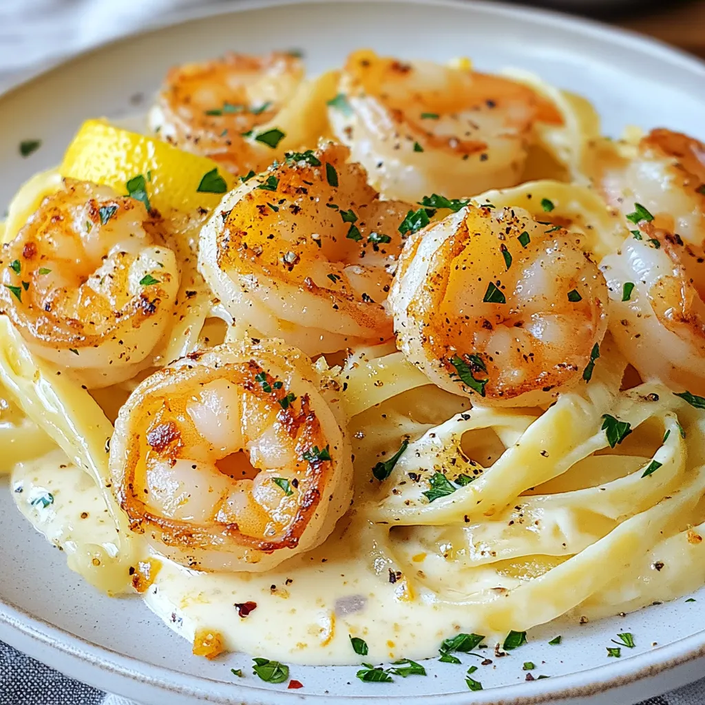 To make Creamy Lemon Garlic Shrimp, gather these fresh and simple items: - 1 lb large shrimp, peeled and deveined - 3 tablespoons butter - 4 cloves garlic, minced - 1 cup heavy cream - 1 lemon, zested and juiced - 1/2 cup grated Parmesan cheese - 1 teaspoon red pepper flakes (optional) - Salt and pepper to taste - Fresh parsley, chopped (for garnish) - 8 oz fettuccine or your choice of pasta These ingredients create a dish full of flavor. The shrimp provides protein, while the creamy sauce adds richness. The garlic and lemon bring zest that balances the creaminess. Using fresh parsley as a garnish adds color and freshness. Each ingredient plays a key role in making this meal a delight. Make sure to use high-quality shrimp for the best taste. Fresh lemons make a big difference in flavor too. Enjoy the process of cooking with these wonderful ingredients! {{ingredient_image_1}} To start, you need to boil salted water. Use a large pot, and fill it with water. Add a good amount of salt; this helps flavor the pasta. Bring the water to a rolling boil over high heat. Once the water boils, add your fettuccine. Stir it gently to prevent sticking. Cook according to the package instructions until it reaches al dente, which usually takes about 8-10 minutes. To check, taste a piece! Once done, drain the pasta in a colander. Don’t forget to save 1/2 cup of that pasta water. This water helps to adjust your sauce later! Next, grab a large skillet and melt 3 tablespoons of butter over medium heat. The butter will add richness to the dish. Once the butter is melted, add 4 cloves of minced garlic. Sauté this for about 30 seconds until it smells amazing. Now, it’s time to add the shrimp. Use 1 pound of large, peeled, and deveined shrimp. Season them with salt, pepper, and red pepper flakes if you like a bit of heat. Cook the shrimp for 2-3 minutes. They will turn pink and opaque when they’re done. Be careful not to overcook them! Once cooked, remove the shrimp from the skillet and set them aside. In the same skillet, pour in 1 cup of heavy cream. Add the zest and juice from 1 lemon. Stir this mixture and let it simmer for 2-3 minutes. Keep stirring to blend the flavors well. Now, it’s time to add flavor! Gradually stir in 1/2 cup of grated Parmesan cheese. This will give your sauce a creamy texture. If the sauce is too thick, add a bit of that reserved pasta water. Add it slowly until you reach the thickness you want. Finally, return the cooked shrimp to the skillet. Toss them in the creamy sauce to coat. Then, add your cooked pasta and mix everything well. Heat through for another 1-2 minutes. Enjoy your flavorful dinner delight! - How to know when shrimp are done: The shrimp should turn pink and opaque. This usually takes 2-3 minutes over medium heat. If they curl tightly, they are likely overcooked. - Preventing overcooking: Remove the shrimp from the heat as soon as they change color. They will continue cooking in the hot sauce, so it’s better to undercook slightly than overcook. - Tips on incorporating cheese: Add the grated Parmesan cheese slowly. This helps it melt evenly into the sauce. Stir well to ensure no lumps form. - Adjusting thickness of sauce: If your sauce is too thick, add a bit of reserved pasta water. This will help you reach the perfect creamy consistency without losing flavor. - Best pasta pairings: Fettuccine works great, but you can use any pasta you like. Tagliatelle or linguine can also soak up the creamy sauce well. - Ideal side dishes: Serve with a light salad or garlic bread. Both add a nice crunch and balance to the meal. A simple green vegetable, like steamed broccoli, also pairs well. Pro Tips Perfectly Cooked Shrimp: Cook the shrimp just until they turn pink and opaque to avoid overcooking, which can make them rubbery. Adjusting Sauce Consistency: Use the reserved pasta water gradually to achieve the perfect creamy sauce consistency without it becoming too thick. Flavor Boost: For an extra layer of flavor, consider adding a splash of white wine to the sauce after sautéing the garlic, allowing it to reduce slightly. Garnish Wisely: Fresh herbs like parsley not only add a pop of color but also enhance the dish's flavor, so don’t skip this step! {{image_2}} You can change some ingredients to fit your taste. Try using different cheeses. For example, goat cheese or a sharp cheddar can add a new twist. These cheeses melt well and add creaminess. If you want a lighter sauce, you can swap heavy cream for half and half. This option still gives creaminess but with less fat. Just keep in mind that the sauce might be less thick. Want to up the flavor? Adding vegetables is a great idea. Spinach adds color and nutrients. Toss in some cherry tomatoes for sweetness and a pop of color. They cook quickly and brighten the dish. Don’t be shy about spices! You can try adding paprika for warmth or Italian herbs for a fresh taste. Experimenting with flavors makes cooking fun and unique. If you need gluten-free options, look for gluten-free pasta. Many brands make tasty pasta that works great in this dish. You won't miss the regular pasta at all. For a low-carb option, swap the pasta with zucchini noodles or spaghetti squash. These choices are healthy and keep the meal light. You still get that creamy sauce, and it feels just as satisfying. To keep your creamy lemon garlic shrimp fresh, store it right. Place any leftovers in an airtight container. Glass or plastic containers with tight lids work best. Ensure the dish cools down before sealing. This helps prevent moisture buildup. Your shrimp should stay good in the fridge for about 2-3 days. When reheating, use low heat on the stove. This keeps the shrimp tender. You can also use the microwave, but stir every 30 seconds. To maintain creaminess, add a splash of cream or broth. This helps the sauce stay smooth and tasty. If you want to freeze your dish, follow these guidelines. First, let the shrimp cool completely. Then, pack it in airtight freezer bags. Try to remove as much air as possible. Your creamy lemon garlic shrimp can last in the freezer for up to 2 months. To thaw, place it in the fridge overnight. Reheat gently on the stove when ready to enjoy. You can pair Creamy Lemon Garlic Shrimp with many tasty sides. Here are some ideas: - Garlic bread - Steamed broccoli - Simple green salad - Roasted asparagus - Lemon rice These sides balance the rich sauce and add freshness to your meal. Yes, you can prepare parts of this dish ahead of time. Cook the shrimp and sauce, then store them separately. - Cool the shrimp and sauce. - Place them in airtight containers. - Refrigerate for up to two days. When ready to eat, reheat gently and combine with fresh pasta. To store leftovers, follow these steps: - Place the shrimp and pasta in an airtight container. - Add a bit of extra cream or pasta water to keep it moist. - Refrigerate for up to three days. For reheating: - Use a skillet over low heat. - Stir gently and add a splash of cream if needed. Avoid microwaving, as it can make the shrimp tough. Enjoy your leftovers! This blog post covered how to make a delicious creamy lemon garlic shrimp dish. You learned the key ingredients, step-by-step cooking instructions, and helpful tips. We also explored flavor variations and storage tips to keep your meal fresh. Remember, cooking shrimp just right is key for best results. Feel free to experiment with flavors and enjoy your dish with great sides. With these insights, you'll impress anyone at the dinner table. Happy cooking!