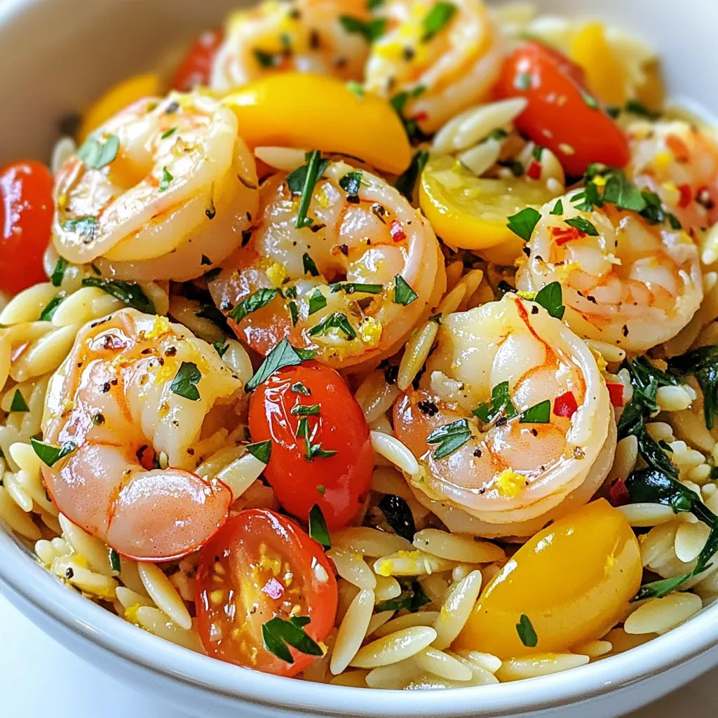 - 1 cup orzo pasta - 1 pound large shrimp, peeled and deveined - 3 tablespoons olive oil - 4 cloves garlic, minced - 1 lemon, zested and juiced - 1 cup low-sodium chicken broth - 1 cup cherry tomatoes, halved - 1 cup baby spinach - 1 teaspoon red pepper flakes (optional) - Salt and pepper to taste - Fresh parsley, chopped (for garnish) The star of this dish is the shrimp. Choose large shrimp for a nice bite. They cook fast and soak up all the lemon and garlic flavors. The orzo pasta gives a nice texture. It cooks in the same pan, making cleanup easy. Fresh garlic adds a strong taste. It makes the kitchen smell great! Lemon juice and zest bring brightness. They cut through the richness of the shrimp. Cherry tomatoes add sweetness and color. Finally, baby spinach adds a pop of green and nutrients. For the best taste, pick fresh shrimp. Look for shrimp that smell like the ocean, not fishy. Check your garlic; it should be firm and free of sprouts. Use fresh lemon for the best zest and juice. Choose vibrant cherry tomatoes that feel firm. If you can, buy baby spinach that is crisp, not wilted. Fresh herbs enhance flavor, so grab parsley that smells bright and fresh. Store your ingredients properly to keep them fresh longer. {{ingredient_image_1}} This dish is simple and quick to make. You will need to gather all your ingredients first. The key steps include cooking the orzo, sautéing the shrimp, and mixing everything together. Let’s break it down. 1. Heat the Olive Oil: In a large skillet, add 2 tablespoons of olive oil. Set the heat to medium. 2. Sauté the Garlic: Add 4 cloves of minced garlic. Cook for about 30 seconds until it smells great. 3. Toast the Orzo: Stir in 1 cup of orzo pasta. Toast it for 2-3 minutes. Keep stirring until it is lightly golden. 4. Add Broth and Lemon: Pour in 1 cup of low-sodium chicken broth. Add the juice and zest of 1 lemon. Bring this mix to a boil. 5. Simmer the Orzo: Lower the heat, cover the skillet, and let it simmer for about 10 minutes. Stir it now and then. The orzo should be tender when done. 6. Prep the Shrimp: While the orzo cooks, season 1 pound of shrimp with salt and pepper. Add red pepper flakes if you like heat. 7. Cook the Shrimp: In a separate pan, heat 1 tablespoon of olive oil over medium-high heat. Add the shrimp and cook for 2-3 minutes on each side. They should turn pink and opaque. 8. Mix in Veggies: Once the orzo is cooked, stir in 1 cup of halved cherry tomatoes and 1 cup of baby spinach. Cook for 2-3 minutes until the spinach wilts. 9. Combine Everything: Gently fold the cooked shrimp into the orzo mix. Adjust the seasoning if needed. 10. Garnish and Serve: Remove from heat. Top with fresh parsley and serve while warm. - Use fresh garlic for the best flavor. - Toasting the orzo adds a nice nutty taste. - Stir the orzo often to avoid sticking. - Don't overcook the shrimp; they cook fast. - Adjust the heat to your taste by adding more or fewer red pepper flakes. To boost the flavor of your One-Pan Lemon Garlic Shrimp Orzo, I have a few tips. First, use fresh garlic. Fresh garlic adds a strong and tasty kick. Mince it finely for the best results. Next, don’t skip on the lemon zest. It brightens the dish and enhances the taste. If you love heat, add more red pepper flakes. This will make your dish lively and exciting. Make sure to cook the orzo until it is just tender. Overcooking can make it mushy. Stir it often while it cooks. This helps it absorb all the flavors. You can also add a splash of white wine before the broth. This gives a nice depth and richness to your dish. You only need a few tools for this recipe. A large skillet is a must. It allows you to cook everything in one pan. A wooden spoon or spatula will help you stir the orzo and shrimp. A sharp knife is great for chopping garlic and tomatoes. Lastly, a measuring cup is handy for the broth and orzo. Using the right tools makes cooking easier and more fun. Avoid cooking the shrimp for too long. They cook fast and can become chewy. Aim for just 2-3 minutes on each side. Also, don’t forget to season your shrimp before cooking. A little salt and pepper go a long way. Another mistake is not stirring the orzo enough. This can lead to uneven cooking and sticking. Lastly, be careful not to rush the simmering time. Let the orzo absorb the flavors fully for a delicious meal. Pro Tips Use Fresh Shrimp: Fresh shrimp will enhance the flavor and texture of your dish. If possible, buy shrimp from a local fish market. Toast the Orzo: Toasting the orzo adds a nutty flavor that elevates the dish. Make sure to stir frequently to avoid burning. Adjust the Spice: The red pepper flakes are optional, so adjust the amount to your taste. You can also use fresh chili for a different heat profile. Garnish for Freshness: Always garnish with fresh parsley just before serving. It brightens the dish and adds a pop of color. {{image_2}} If you want to swap shrimp, use chicken or tofu. Both options work well. Cut chicken into small pieces for even cooking. For tofu, press it to remove water, then cube it. These substitutions still keep the dish yummy and filling. I love adding seasonal veggies to my orzo. Think about bell peppers, zucchini, or asparagus. Chop them into small pieces and add them while the orzo cooks. This boosts nutrients and adds color to your dish. You can even add vegetables based on what's in season. Want to spice things up? Try adding herbs like basil or thyme. Fresh herbs bring a lovely scent and taste. You can also mix in a splash of white wine for extra depth. For a tangy twist, consider adding olives or capers. Each of these choices makes your one-pan meal special and unique. After enjoying your meal, let the shrimp orzo cool. Place it in an airtight container. Store it in the fridge for up to three days. Make sure to keep it sealed tight to maintain its flavor and texture. If you want to save it for later, freezing is a great option. First, let the dish cool completely. Then, transfer it into a freezer-safe container. You can freeze it for up to three months. When ready to eat, just remember to label it with the date. To reheat, use a microwave or a skillet. If using a microwave, cover the dish with a lid. Heat in short bursts until warm. If using a skillet, add a splash of chicken broth. Stir gently over medium heat until heated through. This keeps the orzo moist and tasty! It takes about 10 minutes to cook orzo. You add it to the broth and let it simmer. Stir it occasionally so it cooks evenly. The orzo is ready when it is tender. This quick cooking time makes it great for busy days. Yes, you can use frozen shrimp. Just make sure to thaw them first. You can do this by leaving them in the fridge overnight. If you are in a hurry, run them under cold water for a few minutes. Once thawed, they will cook the same way as fresh shrimp. You can serve this dish with a fresh salad. A simple green salad with lemon vinaigrette works well. Garlic bread is also a nice side. It adds a crunchy texture that pairs perfectly with the shrimp orzo. You can even add a glass of chilled white wine to complete your meal. This blog post shared key ingredients and tips for making One-Pan Lemon Garlic Shrimp Orzo. Understanding ingredient freshness and following step-by-step instructions can elevate your dish. Remember the cooking tips and avoid common mistakes to enhance flavor. Get creative with substitutions and seasonal veggies to make it your own. Store leftovers correctly and use the reheating tips for the best results. With these insights, you’re ready to cook a flavorful meal that impresses everyone. Enjoy your cooking journey!