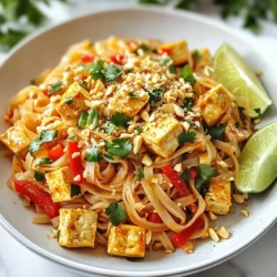 - 8 oz rice noodles - 1 cup firm tofu, cubed - 1 red bell pepper, thinly sliced - 1 cup bean sprouts - 3 green onions, chopped - 2 cloves garlic, minced Rice noodles make the base of the dish. They are soft and chewy. You can find them in most grocery stores. Firm tofu adds protein and texture. It soaks up flavor well, making each bite tasty. Fresh vegetables, like red bell pepper and bean sprouts, provide crunch and color. - 2 tablespoons tamari or soy sauce - 1 tablespoon maple syrup - 1 teaspoon sriracha (or to taste) Tamari or soy sauce gives saltiness and depth. Maple syrup adds a touch of sweetness. You can adjust the sriracha for spice. This blend creates the classic Pad Thai flavor. - 1/4 cup crushed peanuts - Fresh cilantro - Lime wedges Crushed peanuts add crunch and a nutty taste. Fresh cilantro brightens up the dish with its herbal notes. Lime wedges bring a zesty kick when squeezed on top. These garnishes make your meal pop with flavor and color. {{ingredient_image_1}} To cook the rice noodles, start by boiling water in a large pot. Add 8 ounces of rice noodles. Cook them according to the package instructions, which usually takes about 4 to 6 minutes. Once done, drain the noodles and rinse them under cold water. This step stops them from sticking together. Set the noodles aside while you prepare the other ingredients. For crispy tofu, use firm tofu. First, cube 1 cup of tofu. Heat 1 tablespoon of coconut oil in a large skillet over medium heat. Add the cubed tofu to the hot oil. Sauté the tofu for about 5 to 7 minutes. Turn the pieces to get them golden and crispy on all sides. Once crispy, remove the tofu from the skillet and set it aside. In the same skillet, add 1 tablespoon of coconut oil. Once the oil is hot, add 2 cloves of minced garlic. Sauté the garlic for about 30 seconds until it smells nice. Next, add 1 thinly sliced red bell pepper. Cook the pepper for 2 to 3 minutes until it softens, but still stays crisp. Now, it’s time to mix everything. Add the cooked rice noodles and crispy tofu back into the skillet. Pour in 2 tablespoons of tamari or soy sauce, 1 tablespoon of maple syrup, 1 tablespoon of lime juice, and some sriracha to taste. Stir everything together gently. Aim to coat the noodles and tofu evenly with the sauce for about 2 to 3 minutes. To finish, toss in 1 cup of bean sprouts and 3 chopped green onions. Stir gently to mix them in. Cook for an extra minute until the bean sprouts are warm but still crunchy. Remove the skillet from heat and transfer your Vegan Pad Thai to serving plates. For a nice touch, garnish with 1/4 cup of crushed peanuts and fresh cilantro. Serve with lime wedges on the side for an extra burst of flavor! Enjoy your meal! You can make your Vegan Pad Thai your own. Start by adding more vegetables. Consider carrots, snap peas, or broccoli. These add color and nutrients. You can also adjust spice levels. If you like heat, add more sriracha. For a milder version, use less. Some may want to switch out ingredients. If you don’t like tofu, try chickpeas or tempeh. They offer great protein. You can also change the noodle options. Rice noodles work well, but zucchini noodles are low-carb. You can even use whole wheat noodles for added fiber. To make your Vegan Pad Thai gluten-free, change a few ingredients. Use gluten-free tamari instead of soy sauce. Check the noodle package for gluten-free options. Many rice noodles are gluten-free. This way, you can enjoy a tasty meal without worry. Pro Tips Perfectly Cooked Noodles: Make sure to rinse the noodles under cold water after cooking to stop the cooking process and prevent them from becoming mushy. Tofu Texture: For extra crispy tofu, press it for at least 15 minutes to remove excess moisture before cubing and cooking. Customize Your Heat: Adjust the amount of sriracha according to your spice preference; start with a small amount and add more if desired. Add Freshness: For an extra burst of flavor, add a squeeze of lime juice just before serving to brighten up the dish. {{image_2}} You can change the protein in your Vegan Pad Thai. Chickpeas make a great choice. They add a nice texture and flavor. Tempeh is another option. It has a firm texture that soaks up sauces well. Seitan is also tasty. It has a chewy texture similar to meat. Pick one or mix them for a fun twist. For a creamy peanut sauce, combine peanut butter, tamari, and lime juice. You can also add a bit of maple syrup for sweetness. This sauce will make the dish rich and flavorful. Toss it with your noodles, tofu, and veggies for a delightful meal. Drizzle extra sauce on top for a bold taste. If you want a low-carb meal, try using zucchini noodles. They are fresh and crunchy. You can spiralize zucchini to create thin noodles. Cauliflower rice is another great choice. It adds volume and is very filling. Both options keep the dish light while still being delicious. To store your Vegan Pad Thai, use airtight containers. Glass or BPA-free plastic works best. Let the dish cool to room temperature before sealing. Store it in the fridge for up to three days. If you want to keep it longer, consider freezing it. For reheating, the safest method is using the stove. Place the Vegan Pad Thai in a skillet over low heat. Add a splash of water or oil to prevent sticking. Stir often until heated through. You can also use a microwave. Place the dish in a microwave-safe bowl, cover it, and heat in short bursts of 30 seconds. Stir between each burst. To freeze Vegan Pad Thai, first let it cool completely. Then, portion it into freezer-safe bags or containers. Remove as much air as possible before sealing. It can last in the freezer for about two months. To thaw, transfer it to the fridge overnight. Reheat as described above. Yes, you can prepare Vegan Pad Thai ahead of time. To do this, cook the noodles and tofu first. Store each ingredient in separate containers. Keep the sauce in a jar. This way, the noodles won’t stick together. When you are ready to eat, just combine everything in a pan to heat it up. This saves time on busy days. Vegan Pad Thai lasts about 3 to 4 days in the fridge. Make sure to store it in an airtight container. Check for any signs of spoilage, like a sour smell or mold. If you see these signs, it is best to throw it away. Fresh ingredients like bean sprouts may wilt faster, so use those first. Yes, this recipe can be nut-free. Just skip the crushed peanuts on top. You can use seeds like sunflower seeds or pumpkin seeds as a crunchy topping. This keeps the dish safe for those with nut allergies. Absolutely! If you want to change the flavor, you can use soy sauce. Other great options include coconut aminos or liquid aminos. Each sauce adds a different taste. Experiment to find your favorite! This Easy Vegan Pad Thai brings together rice noodles, firm tofu, and fresh veggies for a tasty dish. You can customize it with sauces like tamari and maple syrup. Remember to sauté the tofu for the best crunch. This recipe allows for different proteins and is easy to make gluten-free. In the end, you have a delicious vegan meal that is fun to make and share. Enjoy your cooking journey and make it your own!
