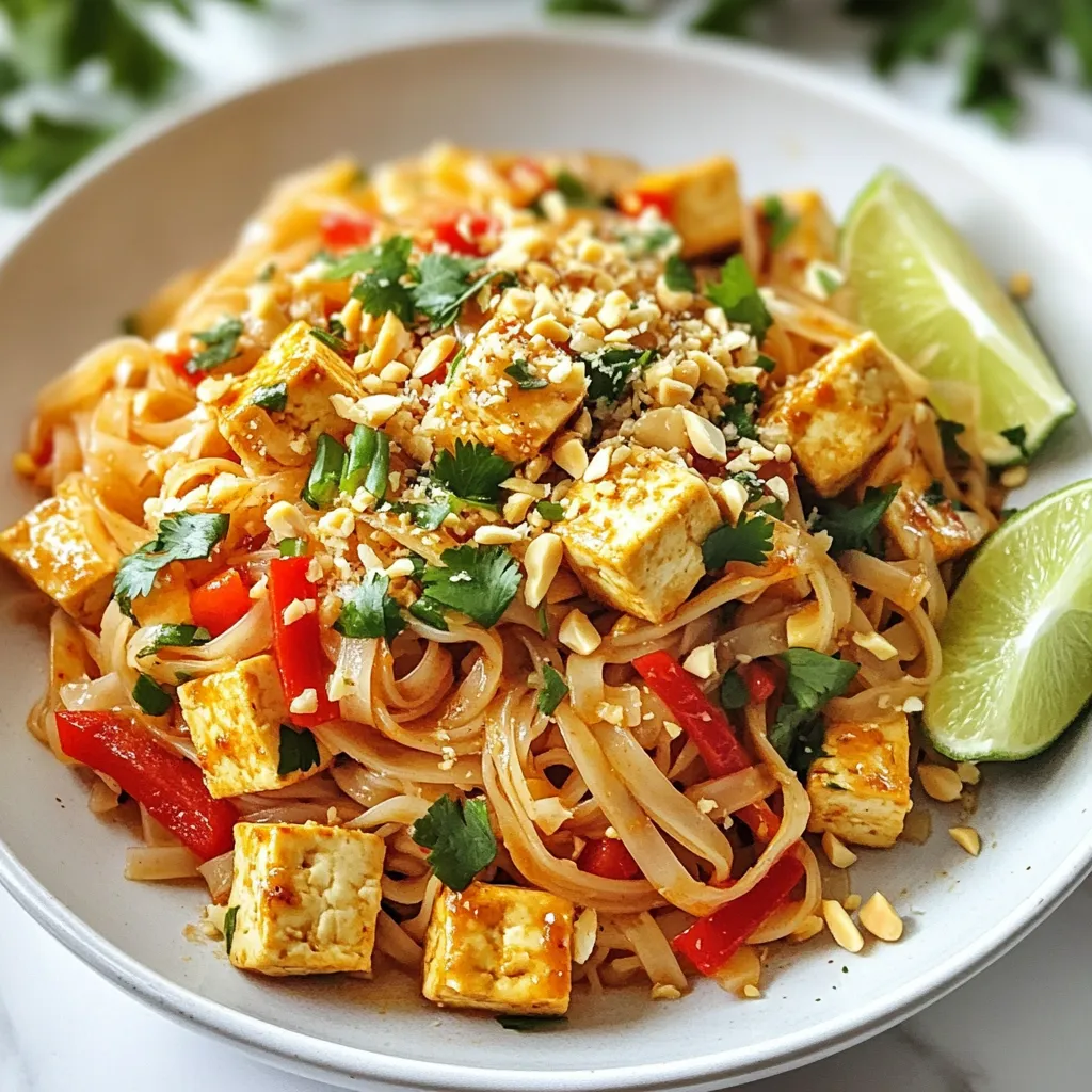- 8 oz rice noodles - 1 cup firm tofu, cubed - 1 red bell pepper, thinly sliced - 1 cup bean sprouts - 3 green onions, chopped - 2 cloves garlic, minced Rice noodles make the base of the dish. They are soft and chewy. You can find them in most grocery stores. Firm tofu adds protein and texture. It soaks up flavor well, making each bite tasty. Fresh vegetables, like red bell pepper and bean sprouts, provide crunch and color. - 2 tablespoons tamari or soy sauce - 1 tablespoon maple syrup - 1 teaspoon sriracha (or to taste) Tamari or soy sauce gives saltiness and depth. Maple syrup adds a touch of sweetness. You can adjust the sriracha for spice. This blend creates the classic Pad Thai flavor. - 1/4 cup crushed peanuts - Fresh cilantro - Lime wedges Crushed peanuts add crunch and a nutty taste. Fresh cilantro brightens up the dish with its herbal notes. Lime wedges bring a zesty kick when squeezed on top. These garnishes make your meal pop with flavor and color. {{ingredient_image_1}} To cook the rice noodles, start by boiling water in a large pot. Add 8 ounces of rice noodles. Cook them according to the package instructions, which usually takes about 4 to 6 minutes. Once done, drain the noodles and rinse them under cold water. This step stops them from sticking together. Set the noodles aside while you prepare the other ingredients. For crispy tofu, use firm tofu. First, cube 1 cup of tofu. Heat 1 tablespoon of coconut oil in a large skillet over medium heat. Add the cubed tofu to the hot oil. Sauté the tofu for about 5 to 7 minutes. Turn the pieces to get them golden and crispy on all sides. Once crispy, remove the tofu from the skillet and set it aside. In the same skillet, add 1 tablespoon of coconut oil. Once the oil is hot, add 2 cloves of minced garlic. Sauté the garlic for about 30 seconds until it smells nice. Next, add 1 thinly sliced red bell pepper. Cook the pepper for 2 to 3 minutes until it softens, but still stays crisp. Now, it’s time to mix everything. Add the cooked rice noodles and crispy tofu back into the skillet. Pour in 2 tablespoons of tamari or soy sauce, 1 tablespoon of maple syrup, 1 tablespoon of lime juice, and some sriracha to taste. Stir everything together gently. Aim to coat the noodles and tofu evenly with the sauce for about 2 to 3 minutes. To finish, toss in 1 cup of bean sprouts and 3 chopped green onions. Stir gently to mix them in. Cook for an extra minute until the bean sprouts are warm but still crunchy. Remove the skillet from heat and transfer your Vegan Pad Thai to serving plates. For a nice touch, garnish with 1/4 cup of crushed peanuts and fresh cilantro. Serve with lime wedges on the side for an extra burst of flavor! Enjoy your meal! You can make your Vegan Pad Thai your own. Start by adding more vegetables. Consider carrots, snap peas, or broccoli. These add color and nutrients. You can also adjust spice levels. If you like heat, add more sriracha. For a milder version, use less. Some may want to switch out ingredients. If you don’t like tofu, try chickpeas or tempeh. They offer great protein. You can also change the noodle options. Rice noodles work well, but zucchini noodles are low-carb. You can even use whole wheat noodles for added fiber. To make your Vegan Pad Thai gluten-free, change a few ingredients. Use gluten-free tamari instead of soy sauce. Check the noodle package for gluten-free options. Many rice noodles are gluten-free. This way, you can enjoy a tasty meal without worry. Pro Tips Perfectly Cooked Noodles: Make sure to rinse the noodles under cold water after cooking to stop the cooking process and prevent them from becoming mushy. Tofu Texture: For extra crispy tofu, press it for at least 15 minutes to remove excess moisture before cubing and cooking. Customize Your Heat: Adjust the amount of sriracha according to your spice preference; start with a small amount and add more if desired. Add Freshness: For an extra burst of flavor, add a squeeze of lime juice just before serving to brighten up the dish. {{image_2}} You can change the protein in your Vegan Pad Thai. Chickpeas make a great choice. They add a nice texture and flavor. Tempeh is another option. It has a firm texture that soaks up sauces well. Seitan is also tasty. It has a chewy texture similar to meat. Pick one or mix them for a fun twist. For a creamy peanut sauce, combine peanut butter, tamari, and lime juice. You can also add a bit of maple syrup for sweetness. This sauce will make the dish rich and flavorful. Toss it with your noodles, tofu, and veggies for a delightful meal. Drizzle extra sauce on top for a bold taste. If you want a low-carb meal, try using zucchini noodles. They are fresh and crunchy. You can spiralize zucchini to create thin noodles. Cauliflower rice is another great choice. It adds volume and is very filling. Both options keep the dish light while still being delicious. To store your Vegan Pad Thai, use airtight containers. Glass or BPA-free plastic works best. Let the dish cool to room temperature before sealing. Store it in the fridge for up to three days. If you want to keep it longer, consider freezing it. For reheating, the safest method is using the stove. Place the Vegan Pad Thai in a skillet over low heat. Add a splash of water or oil to prevent sticking. Stir often until heated through. You can also use a microwave. Place the dish in a microwave-safe bowl, cover it, and heat in short bursts of 30 seconds. Stir between each burst. To freeze Vegan Pad Thai, first let it cool completely. Then, portion it into freezer-safe bags or containers. Remove as much air as possible before sealing. It can last in the freezer for about two months. To thaw, transfer it to the fridge overnight. Reheat as described above. Yes, you can prepare Vegan Pad Thai ahead of time. To do this, cook the noodles and tofu first. Store each ingredient in separate containers. Keep the sauce in a jar. This way, the noodles won’t stick together. When you are ready to eat, just combine everything in a pan to heat it up. This saves time on busy days. Vegan Pad Thai lasts about 3 to 4 days in the fridge. Make sure to store it in an airtight container. Check for any signs of spoilage, like a sour smell or mold. If you see these signs, it is best to throw it away. Fresh ingredients like bean sprouts may wilt faster, so use those first. Yes, this recipe can be nut-free. Just skip the crushed peanuts on top. You can use seeds like sunflower seeds or pumpkin seeds as a crunchy topping. This keeps the dish safe for those with nut allergies. Absolutely! If you want to change the flavor, you can use soy sauce. Other great options include coconut aminos or liquid aminos. Each sauce adds a different taste. Experiment to find your favorite! This Easy Vegan Pad Thai brings together rice noodles, firm tofu, and fresh veggies for a tasty dish. You can customize it with sauces like tamari and maple syrup. Remember to sauté the tofu for the best crunch. This recipe allows for different proteins and is easy to make gluten-free. In the end, you have a delicious vegan meal that is fun to make and share. Enjoy your cooking journey and make it your own!