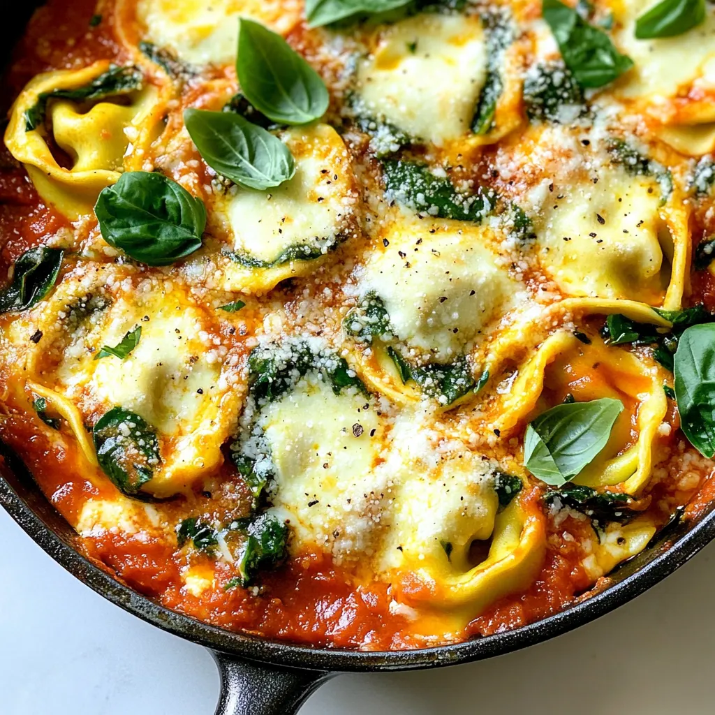 - 12 oz cheese-filled tortellini (fresh or frozen) - 2 cups fresh spinach, chopped - 1 cup ricotta cheese - 1 cup mozzarella cheese, shredded - 1/2 cup grated Parmesan cheese - 1 cup marinara sauce (store-bought or homemade) The star of this dish is the cheese-filled tortellini. You can use fresh or frozen. Both work well. Fresh tortellini cooks faster and has a soft texture. Frozen tortellini is quick and easy. Spinach adds color and nutrition. I like to chop it finely for better mixing. Ricotta cheese brings a creamy texture to the dish. It blends well with mozzarella and Parmesan. Mozzarella melts nicely, creating that gooey, cheesy layer on top. Parmesan adds a salty kick and depth of flavor. Marinara sauce ties everything together with its rich, tangy taste. - 2 cloves garlic, minced - 1/2 teaspoon red pepper flakes (optional) - 2 tablespoons olive oil - 1/2 teaspoon salt - 1/2 teaspoon black pepper - 1/4 cup fresh basil, chopped (for garnish) Garlic is essential for flavor. It adds a savory note to the dish. Red pepper flakes give a hint of heat. You can skip them if you prefer a milder taste. Olive oil helps cook the garlic and spinach. It also adds richness. Salt and black pepper are basic but important. They enhance the flavors of all the ingredients. Fresh basil is the perfect garnish. It adds a fresh aroma and color to your skillet. - Additional cheese types - Alternative greens - Substitutions for marinara sauce Feel free to mix up the cheese. Cheddar or feta can add different flavors. You can also swap spinach for kale or arugula. They both work well and change the taste a bit. If you want to switch the marinara sauce, try Alfredo or a pesto sauce. Each will give your dish a unique twist. {{ingredient_image_1}} 1. First, grab a large skillet and heat 2 tablespoons of olive oil over medium heat. 2. Next, add 2 cloves of minced garlic. Sauté it for about 1 minute. The garlic will smell great! 3. Now, toss in 2 cups of chopped spinach. Cook for 2-3 minutes until it wilts down. Stir it often to keep it from burning. 1. In a bowl, mix together 1 cup of ricotta cheese, half of 1 cup of shredded mozzarella, and 1/2 cup of grated Parmesan. 2. Add in 1/2 teaspoon of salt, 1/2 teaspoon of black pepper, and 1/2 teaspoon of red pepper flakes, if you want some heat. 3. Stir this mixture until it's well combined. 4. Gently fold the spinach and garlic mixture into the cheese mix. Make sure it's all mixed together nicely. 1. Boil a pot of salted water. Add 12 ounces of cheese-filled tortellini and cook until al dente, usually about 3-5 minutes. 2. Drain the tortellini and set it aside. 3. In the same skillet with the spinach and cheese mixture, add the cooked tortellini and 1 cup of marinara sauce. Stir well until everything is coated. 1. Sprinkle the remaining mozzarella cheese on top of the mixture. 2. Cover the skillet and let it cook on low heat for 2-3 minutes. This helps melt the cheese. 3. Once it’s melted and bubbly, take it off the heat. 4. Garnish with 1/4 cup of chopped fresh basil for a burst of flavor. To avoid overcooking tortellini, follow the package instructions closely. Fresh tortellini cooks in just 3-5 minutes. Set a timer to help you remember. Drain them quickly and toss them in olive oil to keep them from sticking. For melting cheese, low heat is best. After adding cheese to your dish, cover it. This helps trap heat and moisture. Let it cook for 2-3 minutes until it is nice and bubbly. Add herbs or spices to boost flavor. Fresh basil adds a bright touch. You can also try oregano or thyme for something new. Red pepper flakes give a nice kick if you like heat. When it comes to marinara sauce, you have choices. A garlic-infused sauce adds depth. A spicy marinara can elevate the dish. Choose a sauce you love for the best taste. Serve your dish straight from the skillet for a cozy vibe. This makes it easy to share. For a fancier look, scoop portions onto plates. To impress your guests, add creative garnishes. A drizzle of olive oil makes it shine. A sprinkle of fresh basil adds color and flavor. These small touches elevate your meal. Pro Tips Use Fresh Ingredients: Opt for fresh spinach instead of frozen for a brighter flavor and better texture in your dish. Customize the Cheese: Feel free to mix in different cheeses like feta or goat cheese for a unique flavor twist in the stuffing. Perfect Tortellini Cooking: Make sure to cook the tortellini al dente; it will continue to cook slightly when mixed with the hot sauce. Garnish for Flavor: Always finish with fresh herbs like basil or parsley to elevate the flavor and presentation of the dish. {{image_2}} You can change this dish in fun ways. Start with the cheese. Swap mozzarella for gouda or provolone. Each cheese brings a new taste. Ricotta can be replaced with cottage cheese for a lighter option. If you want to switch up the pasta, try using penne or shells instead of tortellini. These shapes hold the sauce well. They also work great with the cheese mix. If you're gluten-free, look for gluten-free tortellini. Many brands offer tasty options. You can also use gluten-free pasta shapes like rice noodles or quinoa pasta. For a vegetarian version, this dish is already a great fit. Just skip any meat toppings. To make it vegan, use plant-based cheeses and a vegan tortellini. There are many great options now that taste good. Want to add protein? Cooked chicken or sausage are great choices. Cut them into small pieces and mix them in before the cheese melts. For some crunch, add breadcrumbs or chopped nuts on top. Toast them in a pan first to boost their flavor. This adds nice texture and makes the dish more exciting. To keep your Cheesy Spinach Stuffed Tortellini fresh, use airtight containers. Glass or plastic containers work well. Make sure to let the dish cool before sealing. Store in the fridge for up to three days. For reheating, the stove is best. Place the tortellini in a skillet over low heat. Stir gently until warmed. If you use a microwave, cover the bowl to keep moisture in. Heat in short bursts, stirring in between. Avoid overheating, as this can make the pasta mushy. To freeze your dish, let it cool completely. Pack it in freezer-safe containers or bags. Remove excess air to prevent freezer burn. Cheesy Spinach Stuffed Tortellini can last up to three months in the freezer. When ready to eat, thaw it overnight in the fridge. Reheat on the stove or in the oven. This way, you keep the texture and flavor just right. This dish takes about 15 minutes to prep and 25 minutes to cook. You can serve it for four people. The total time is 40 minutes. Yes, you can use frozen tortellini! Just cook it longer than fresh tortellini. Follow the package instructions for cooking times. This way, you ensure it is done right. You can serve a simple side salad with this dish. Garlic bread also pairs well. Consider a light vegetable dish for balance. These options enhance the meal without overpowering it. Yes, you can prep this dish ahead. Cook the tortellini and mix the cheese. Store in the fridge. When you are ready to eat, heat it up. Just add the sauce and cheese before serving. This dish combines cheese-filled tortellini, fresh spinach, and rich marinara sauce for a tasty meal. You learned how to prepare it step-by-step, from sautéing garlic to layering flavors. Don't forget your cooking tips and variations for fun twists. Whether you stick to the classic recipe or make swaps, you’ll impress every time. Enjoy making and sharing this cheesy delight!