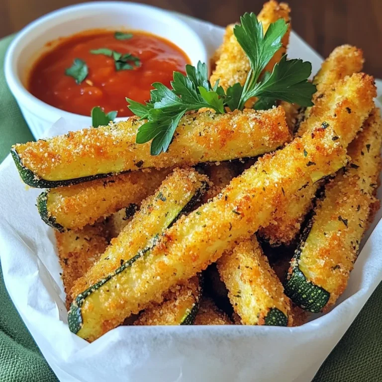 To make crispy air fryer zucchini fries, you need: - 2 medium zucchinis, cut into fry shapes - 1 cup breadcrumbs (whole wheat adds extra crunch) - 1/2 cup grated Parmesan cheese - 1 teaspoon garlic powder - 1 teaspoon paprika - 1/2 teaspoon black pepper - 1/2 teaspoon salt - 2 large eggs, beaten - Olive oil spray These key ingredients create a savory and crunchy snack. Zucchini is low in calories but high in nutrients. The breadcrumbs and cheese give it that delicious crunch. You can add a twist to your zucchini fries by trying these optional ingredients: - Italian seasoning for a herby flavor - Crushed red pepper for a spicy kick - Nutritional yeast as a vegan cheese alternative - Panko breadcrumbs for extra crispiness These variations can help you customize your fries to suit your taste. Each serving of zucchini fries contains: - Calories: Approximately 150 - Protein: 6 grams - Fat: 7 grams - Carbohydrates: 17 grams - Fiber: 2 grams These fries are a healthier option compared to regular fries. They give you a satisfying crunch without the extra guilt. Enjoy them as a snack or a side dish! {{ingredient_image_1}} 1. Start by preheating your air fryer to 400°F (200°C). Let it heat for 5 minutes. 2. Take two medium zucchinis and cut them into fry shapes. Aim for even sizes to cook well. 3. In a shallow bowl, mix together the breadcrumbs, grated Parmesan, garlic powder, paprika, black pepper, and salt. Stir until combined. 4. Set up your dredging station. Place the beaten eggs in one bowl and the breadcrumb mix in another. 1. Dip each zucchini fry into the beaten egg. Let any excess egg drip off. 2. Next, coat the fry in the breadcrumb mixture. Press lightly to help the crumbs stick well. 3. Once all the fries are coated, lightly spray them with olive oil on all sides. This will help them brown. 4. Place the coated zucchini fries in the air fryer basket in a single layer. Make sure they do not overlap. 5. Air fry for 10-12 minutes. Flip the fries halfway through for even cooking. Look for a golden brown color. - Make sure to coat the zucchini fries well with the breadcrumb mix. - Lightly spray them with olive oil before cooking. - Avoid overcrowding the basket. This ensures hot air circulates and crisps them up. - Flipping the fries halfway through helps them cook evenly and become crispy on all sides. To get the best texture, proper coating is key. Start by cutting your zucchini into even fry shapes. This helps them cook well. Next, set up your dredging station. Use beaten eggs in one bowl. In another, mix breadcrumbs with cheese and spices. Dip each fry in the egg first. Let the extra egg drip off. Then, coat it in the breadcrumb mix. Press gently to make sure the crumbs stick. A good coat makes them crispy. The cooking time can change based on how you like your fries. For a softer fry, air fry for 8-10 minutes. If you want them crispy, go for 10-12 minutes. Flip them halfway through cooking. This ensures they cook evenly. Keep an eye on them towards the end. The perfect fry is golden brown. Adjust the time as needed for your air fryer. Avoid overcrowding the air fryer basket. If fries overlap, they won’t cook well. Make sure they are in a single layer. Also, don’t skip the olive oil spray. It helps them crisp up nicely. Lastly, be careful with the egg dip. If too much egg is on the fry, the coating won’t stick. Follow these tips to make perfect zucchini fries every time! Pro Tips Use Fresh Zucchini: Fresh, firm zucchini will yield the best texture and flavor for your fries. Look for ones that are free of blemishes and feel heavy for their size. Experiment with Seasonings: Feel free to customize the seasoning mix to your taste. Try adding Italian herbs, or a pinch of cayenne for extra heat! Don’t Overcrowd the Basket: For maximum crispiness, make sure the zucchini fries are in a single layer and not overlapping in the air fryer. You may need to cook in batches. Serve Immediately: Zucchini fries are best enjoyed fresh out of the air fryer. If you need to keep them warm, place them in a single layer on a baking sheet in a low oven until ready to serve. {{image_2}} You can switch up the flavor of your zucchini fries easily. Try adding different spices or herbs. For a spicy kick, add cayenne pepper or chili powder. If you prefer a fresh taste, mix in dried oregano or thyme. Lemon zest can brighten the flavor, too. Experimenting with these options makes every batch unique and exciting. If you want to change things up, consider using other vegetables. Carrots, sweet potatoes, or eggplant work great. Just cut them into fry shapes, like the zucchini. Cooking times may differ, so check them as they cook. This gives you a chance to enjoy a variety of flavors and textures in your fries. For a gluten-free version, use gluten-free breadcrumbs. You can also crush gluten-free crackers as a replacement. Almond flour is a great choice for a different texture. Just adjust the seasoning since some brands may have added salt or spices. This way, everyone can enjoy crispy fries without gluten. To keep your leftover zucchini fries fresh, first let them cool. Place them in an airtight container. They can stay in the fridge for up to three days. If you want to keep them longer, consider freezing them. When you reheat zucchini fries, use the air fryer. Set it to 350°F (175°C). Cook for about 5 minutes. This will make your fries crispy again. You can also use an oven at the same temperature for 8-10 minutes. To freeze zucchini fries, first cook them fully. Let them cool completely. Lay them flat on a baking sheet in a single layer. Freeze for about two hours until solid. Then, transfer them to a freezer bag. They can stay frozen for up to three months. When you're ready to eat, air fry them directly from the freezer. Cook at 400°F (200°C) for about 12-15 minutes. Enjoy your crispy snack anytime! To cook zucchini fries in a conventional oven, start by preheating your oven to 425°F (220°C). Cut your zucchinis into fry shapes. Set up a dredging station with beaten eggs and a bowl of breadcrumbs mixed with Parmesan, garlic powder, paprika, salt, and black pepper. Dip each fry in the egg, then coat it in the breadcrumb mix. Place the fries in a single layer on a baking sheet lined with parchment paper. Spray lightly with olive oil. Bake for 20-25 minutes, flipping halfway. Cook until golden brown and crispy. You can use frozen zucchini, but fresh zucchini works best. If using frozen, thaw them first. Pat them dry with a towel to remove excess moisture. This step helps achieve that crispy texture you want. Once dried, follow the same coating and cooking steps as fresh zucchini. Keep in mind that frozen zucchini may turn out softer than fresh. Zucchini fries pair well with many sauces. Here are a few tasty options: - Marinara sauce - Garlic aioli - Ranch dressing - Spicy sriracha mayo - Tzatziki sauce Try one or mix and match for a fun flavor adventure! Now you have all the tools to make perfect zucchini fries. We covered key ingredients, cooking methods, and tips for crispiness. Remember to try different flavors and store any leftovers properly. Don't forget to watch for common mistakes as you cook. Zucchini fries can be tasty and healthy snacks. With these steps, you can enjoy them whenever you like. Happy cooking!