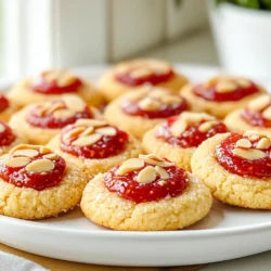 To make Raspberry Almond Thumbprint Cookies, you will need the following ingredients: - 1 cup unsalted butter, softened - 1 cup powdered sugar - 1 large egg yolk - 1 teaspoon vanilla extract - 2 cups all-purpose flour - 1/2 cup almond flour - 1/4 teaspoon salt - 1/2 teaspoon almond extract - 3/4 cup raspberry jam - Sliced almonds for topping These ingredients create a rich, tender cookie with a delightful almond flavor. The butter adds creaminess, while the sugars provide sweetness. The egg yolk helps bind all the elements together. The mix of all-purpose flour and almond flour gives the cookies a unique texture. Almond flour makes them tender and adds a lovely nutty taste. The star of the show is the raspberry jam. It adds a burst of fruity flavor and a colorful touch. Sliced almonds on top bring a nice crunch and visual appeal. Gather these items before you start to make the process smooth. Each ingredient plays a key role in achieving the perfect thumbprint cookie. {{ingredient_image_1}} 1. Preheat oven and prepare baking sheet Start by preheating your oven to 350°F (175°C). Line a baking sheet with parchment paper. This step helps prevent sticking and makes cleanup easy. 2. Creaming together butter and sugar In a bowl, add 1 cup of softened unsalted butter and 1 cup of powdered sugar. Use a mixer to beat them together. Mix until the mixture is light and fluffy. This step adds air to your dough, making the cookies soft. 3. Adding wet ingredients to dry ingredients Next, add 1 large egg yolk, 1 teaspoon of vanilla extract, and 1/2 teaspoon of almond extract to the butter mixture. Stir until fully combined. In a separate bowl, whisk together 2 cups of all-purpose flour, 1/2 cup of almond flour, and 1/4 teaspoon of salt. Gradually mix this dry mix into the wet ingredients. Blend until a soft dough forms. 4. Forming dough balls and shaping thumbprints Scoop tablespoons of dough and roll them into balls. Place each ball about 2 inches apart on the prepared baking sheet. Use your thumb or the back of a spoon to make a small indentation in the center of each dough ball. This is where the jam will go. 5. Filling and decorating cookies Fill each indentation with raspberry jam. Be careful not to overfill, or the jam could spill while baking. Press a few sliced almonds around the edge of each thumbprint. This adds a nice crunch and a lovely look. 6. Baking and cooling process Bake the cookies for 12-15 minutes. Look for the edges to turn golden. Once done, remove them from the oven. Let the cookies cool on the baking sheet for a few minutes. Then, transfer them to a wire rack to cool completely. Enjoy the sweet smell while they cool! Softened butter is key for great cookies. It helps mix well with sugar, creating a light and fluffy base. If your butter is cold, the dough will not blend smoothly. Leave it at room temperature for about 30 minutes before starting. A well-blended dough should feel soft but not sticky. You want it to hold its shape when rolled into balls. Mix the butter and sugar until creamy, then add your wet ingredients. Slowly blend in the flour mixtures until just combined. Over-mixing can make the cookies tough. Timing is crucial for the perfect bake. Set your oven to 350°F (175°C) and bake for 12-15 minutes. Watch for the edges to turn golden brown. If you bake too long, the cookies will dry out. Always cool them on a wire rack after baking. Feel free to switch up the jam. You can use other flavors like apricot or peach for a fun twist. Each jam gives a unique taste and color, making your cookies special. Adding spices can enhance the flavor. A pinch of cinnamon or nutmeg can add warmth. You can also try a splash of orange zest for a fresh, fruity kick. Each small change can turn your cookies into a new treat. Pro Tips Chill the Dough: For easier handling, consider chilling the dough for about 30 minutes before shaping. This helps prevent the cookies from spreading too much during baking. Use Quality Jam: Opt for high-quality raspberry jam for the best flavor. Homemade jam can elevate the taste of your cookies even further! Experiment with Nuts: While almond slices are traditional, feel free to experiment with other nuts like chopped hazelnuts or walnuts for a unique twist on texture and flavor. Storage Tips: Store cookies in an airtight container at room temperature for up to a week. For longer freshness, freeze them in a single layer, then transfer to a freezer-safe container. {{image_2}} You can make these cookies vegan with simple swaps. Use plant-based butter instead of dairy butter. For the egg yolk, try 1 tablespoon of flaxseed meal mixed with 2.5 tablespoons of water. This mix acts like an egg. To keep the texture and flavor just right, pick a good plant-based butter. It should be creamy and easy to blend. This keeps your dough soft and tasty. You may also add a splash of almond milk if the dough feels too dry. If you want gluten-free cookies, choose the right flour. Almond flour works well. You can also use a gluten-free all-purpose flour mix. Both will keep the almond flavor while making the cookies soft. Adapting the recipe is easy. Just swap the all-purpose flour with your chosen gluten-free flour. Mix it in as you would with the original flour. This change won't affect the taste, and you get tasty cookies for everyone to enjoy. To keep your Raspberry Almond Thumbprint Cookies fresh, store them in an airtight container. This helps lock in moisture and flavor. Place parchment paper between layers to avoid sticking. Keep the container at room temperature, away from sunlight. If you want to store them for longer, freezing is a great option. Wrap each cookie in plastic wrap, then place them in a freezer bag. They will stay fresh for up to three months in the freezer. Thaw them at room temperature before enjoying. These delicious cookies can last about one week at room temperature. They may dry out after that. Check for signs of spoilage, like a hard texture or off smell. If you see mold or discoloration, it’s best to throw them away. Always prioritize freshness for the best taste! Can I use other flavors besides raspberry? Yes, you can use other flavors. Try strawberry, apricot, or blueberry jam. Each jam brings its own taste. Experiment to find your favorite! What can I substitute for almond flour? You can use regular flour or oat flour. If you need a nut-free option, try sunflower seed flour. Each option may change the taste and texture a bit. How do I know when the cookies are done baking? Look for golden edges. The center should feel set but soft. If the edges are brown, your cookies are done! Can I make the dough ahead of time? Absolutely! You can make the dough ahead and chill it. Just wrap it well and store it in the fridge for up to two days. This article covered a simple recipe for Raspberry Almond Thumbprint Cookies. You learned about the key ingredients, step-by-step instructions, and tips for the perfect texture. I also shared variations for vegan and gluten-free options to suit different diets. Proper storage will keep your cookies fresh longer. Use these tips to create delightful treats. Enjoy baking and tasting your delicious cookies!