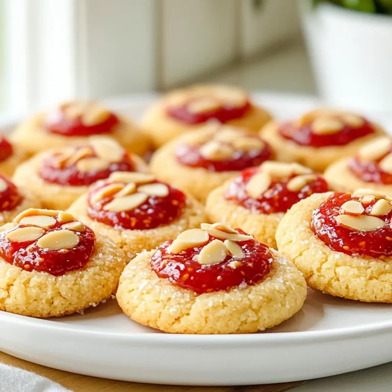 To make Raspberry Almond Thumbprint Cookies, you will need the following ingredients: - 1 cup unsalted butter, softened - 1 cup powdered sugar - 1 large egg yolk - 1 teaspoon vanilla extract - 2 cups all-purpose flour - 1/2 cup almond flour - 1/4 teaspoon salt - 1/2 teaspoon almond extract - 3/4 cup raspberry jam - Sliced almonds for topping These ingredients create a rich, tender cookie with a delightful almond flavor. The butter adds creaminess, while the sugars provide sweetness. The egg yolk helps bind all the elements together. The mix of all-purpose flour and almond flour gives the cookies a unique texture. Almond flour makes them tender and adds a lovely nutty taste. The star of the show is the raspberry jam. It adds a burst of fruity flavor and a colorful touch. Sliced almonds on top bring a nice crunch and visual appeal. Gather these items before you start to make the process smooth. Each ingredient plays a key role in achieving the perfect thumbprint cookie. {{ingredient_image_1}} 1. Preheat oven and prepare baking sheet Start by preheating your oven to 350°F (175°C). Line a baking sheet with parchment paper. This step helps prevent sticking and makes cleanup easy. 2. Creaming together butter and sugar In a bowl, add 1 cup of softened unsalted butter and 1 cup of powdered sugar. Use a mixer to beat them together. Mix until the mixture is light and fluffy. This step adds air to your dough, making the cookies soft. 3. Adding wet ingredients to dry ingredients Next, add 1 large egg yolk, 1 teaspoon of vanilla extract, and 1/2 teaspoon of almond extract to the butter mixture. Stir until fully combined. In a separate bowl, whisk together 2 cups of all-purpose flour, 1/2 cup of almond flour, and 1/4 teaspoon of salt. Gradually mix this dry mix into the wet ingredients. Blend until a soft dough forms. 4. Forming dough balls and shaping thumbprints Scoop tablespoons of dough and roll them into balls. Place each ball about 2 inches apart on the prepared baking sheet. Use your thumb or the back of a spoon to make a small indentation in the center of each dough ball. This is where the jam will go. 5. Filling and decorating cookies Fill each indentation with raspberry jam. Be careful not to overfill, or the jam could spill while baking. Press a few sliced almonds around the edge of each thumbprint. This adds a nice crunch and a lovely look. 6. Baking and cooling process Bake the cookies for 12-15 minutes. Look for the edges to turn golden. Once done, remove them from the oven. Let the cookies cool on the baking sheet for a few minutes. Then, transfer them to a wire rack to cool completely. Enjoy the sweet smell while they cool! Softened butter is key for great cookies. It helps mix well with sugar, creating a light and fluffy base. If your butter is cold, the dough will not blend smoothly. Leave it at room temperature for about 30 minutes before starting. A well-blended dough should feel soft but not sticky. You want it to hold its shape when rolled into balls. Mix the butter and sugar until creamy, then add your wet ingredients. Slowly blend in the flour mixtures until just combined. Over-mixing can make the cookies tough. Timing is crucial for the perfect bake. Set your oven to 350°F (175°C) and bake for 12-15 minutes. Watch for the edges to turn golden brown. If you bake too long, the cookies will dry out. Always cool them on a wire rack after baking. Feel free to switch up the jam. You can use other flavors like apricot or peach for a fun twist. Each jam gives a unique taste and color, making your cookies special. Adding spices can enhance the flavor. A pinch of cinnamon or nutmeg can add warmth. You can also try a splash of orange zest for a fresh, fruity kick. Each small change can turn your cookies into a new treat. Pro Tips Chill the Dough: For easier handling, consider chilling the dough for about 30 minutes before shaping. This helps prevent the cookies from spreading too much during baking. Use Quality Jam: Opt for high-quality raspberry jam for the best flavor. Homemade jam can elevate the taste of your cookies even further! Experiment with Nuts: While almond slices are traditional, feel free to experiment with other nuts like chopped hazelnuts or walnuts for a unique twist on texture and flavor. Storage Tips: Store cookies in an airtight container at room temperature for up to a week. For longer freshness, freeze them in a single layer, then transfer to a freezer-safe container. {{image_2}} You can make these cookies vegan with simple swaps. Use plant-based butter instead of dairy butter. For the egg yolk, try 1 tablespoon of flaxseed meal mixed with 2.5 tablespoons of water. This mix acts like an egg. To keep the texture and flavor just right, pick a good plant-based butter. It should be creamy and easy to blend. This keeps your dough soft and tasty. You may also add a splash of almond milk if the dough feels too dry. If you want gluten-free cookies, choose the right flour. Almond flour works well. You can also use a gluten-free all-purpose flour mix. Both will keep the almond flavor while making the cookies soft. Adapting the recipe is easy. Just swap the all-purpose flour with your chosen gluten-free flour. Mix it in as you would with the original flour. This change won't affect the taste, and you get tasty cookies for everyone to enjoy. To keep your Raspberry Almond Thumbprint Cookies fresh, store them in an airtight container. This helps lock in moisture and flavor. Place parchment paper between layers to avoid sticking. Keep the container at room temperature, away from sunlight. If you want to store them for longer, freezing is a great option. Wrap each cookie in plastic wrap, then place them in a freezer bag. They will stay fresh for up to three months in the freezer. Thaw them at room temperature before enjoying. These delicious cookies can last about one week at room temperature. They may dry out after that. Check for signs of spoilage, like a hard texture or off smell. If you see mold or discoloration, it’s best to throw them away. Always prioritize freshness for the best taste! Can I use other flavors besides raspberry? Yes, you can use other flavors. Try strawberry, apricot, or blueberry jam. Each jam brings its own taste. Experiment to find your favorite! What can I substitute for almond flour? You can use regular flour or oat flour. If you need a nut-free option, try sunflower seed flour. Each option may change the taste and texture a bit. How do I know when the cookies are done baking? Look for golden edges. The center should feel set but soft. If the edges are brown, your cookies are done! Can I make the dough ahead of time? Absolutely! You can make the dough ahead and chill it. Just wrap it well and store it in the fridge for up to two days. This article covered a simple recipe for Raspberry Almond Thumbprint Cookies. You learned about the key ingredients, step-by-step instructions, and tips for the perfect texture. I also shared variations for vegan and gluten-free options to suit different diets. Proper storage will keep your cookies fresh longer. Use these tips to create delightful treats. Enjoy baking and tasting your delicious cookies!