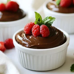 To make the Vegan Chocolate Avocado Mousse, gather these key items: - 2 ripe avocados, peeled and pitted - 1/2 cup unsweetened cocoa powder - 1/4 cup maple syrup (adjust to taste) - 1/4 cup almond milk (or any plant-based milk) - 1 teaspoon vanilla extract - A pinch of sea salt These ingredients bring richness and creaminess to the mousse. Avocados provide healthy fats while cocoa adds a deep chocolate flavor. You can add some fresh garnishes to make your mousse pop: - Fresh berries (like raspberries or strawberries) - Mint leaves These garnishes not only look pretty but also add fresh flavors. They make your dessert feel special and colorful. If you need to swap some ingredients, here are a few ideas: - You can use any plant-based milk, like oat or coconut milk. - For sweetness, try agave syrup if you don't have maple syrup. - If you want to skip cocoa powder, use carob powder for a different taste. These substitutions keep the mousse tasty and fun. You can customize it based on what you have at home. {{ingredient_image_1}} Start with two ripe avocados. Cut them in half and remove the pit. Use a spoon to scoop the green flesh into a blender. Make sure to get it all; we want every bit of that creamy goodness. Blend the avocados until they are smooth and creamy. This might take about 30 seconds. You want a nice, even texture. Now, add the unsweetened cocoa powder, maple syrup, almond milk, vanilla extract, and a pinch of sea salt to the blender. The cocoa powder gives it that rich chocolate flavor. The maple syrup sweetens it naturally. Blend everything together until it’s silky smooth. This should take another 30 seconds. If you want it sweeter, taste it. You can add more maple syrup if you like. Once your mousse is well-blended, transfer it to serving dishes or ramekins. This recipe makes enough for four servings. Now, cover them and place the mousse in the fridge. Let it chill for at least 30 minutes. Chilling helps the flavors blend and makes the mousse even richer. When you’re ready to serve, garnish with fresh berries and mint leaves for a beautiful touch. To get the best texture, start with ripe avocados. They should feel soft when you squeeze them gently. Blend the avocados until they are very smooth. If the mousse feels thick, add a bit more almond milk. This keeps it light and airy. Blending well removes any lumps, creating a silky finish. To boost the flavor, use high-quality cocoa powder. It adds a rich taste. You can also add a splash of espresso for a coffee twist. If you love spices, a tiny pinch of cinnamon works wonders too. Taste the mousse after blending. Adjust the maple syrup for sweetness as needed. Don’t forget the sea salt; it brings out the chocolate flavor. For a beautiful presentation, use small cups or fancy ramekins. After chilling, top the mousse with fresh berries. They add color and a nice contrast. A sprig of mint gives a fresh touch. You can also drizzle a bit of maple syrup on top. This makes it look extra special. Enjoy serving this delightful dessert! Pro Tips Choose Ripe Avocados: Make sure your avocados are perfectly ripe for the creamiest texture. They should yield slightly to gentle pressure when squeezed. Adjust Sweetness: Taste the mousse after blending and adjust the maple syrup to your sweetness preference. Remember that the cocoa powder can make it taste more bitter, so balance it out accordingly. Chill for Best Flavor: Allow the mousse to chill for at least 30 minutes before serving. This enhances the flavors and gives it a firmer texture, making it more enjoyable. Garnish Creatively: Use a variety of fresh berries and mint leaves for garnish to not only enhance the presentation but also add a refreshing contrast to the rich mousse. {{image_2}} You can enhance the taste of your mousse with fun add-ins. Here are some great ideas: - Mint: Add a few fresh mint leaves when blending. This gives a fresh, cool twist. - Coffee: A teaspoon of instant coffee can bring out the chocolate flavor. It adds depth to the mousse. - Spices: A sprinkle of cinnamon or chili powder can add warmth and excitement. Each add-in changes the mousse's vibe. Mix and match to find your favorite. If you want to swap the sweetener, here are some options: - Agave nectar: This is a good choice for a milder sweetness. Use the same amount as maple syrup. - Coconut sugar: This has a caramel-like flavor. It adds a unique touch and can be used in equal amounts. - Stevia: This is a sugar-free option. Adjust to taste, as stevia is much sweeter than sugar. Feel free to experiment. Each sweetener can change the mousse's flavor profile. The right toppings can make your mousse shine. Try these dairy-free options: - Coconut whipped cream: This adds a light and fluffy texture. It complements the rich mousse well. - Nut butter: A dollop of almond or cashew butter can add creaminess and flavor. Spread it across the top for a delicious contrast. - Fresh fruit: Berries or banana slices add color and freshness. They also offer a nice sweet-tart balance. These toppings enhance both the look and taste of your dessert. Don't be shy; get creative with your choices! Store your vegan chocolate avocado mousse in the fridge. Use airtight containers to keep it fresh. The mousse tastes best within three days. Always check for changes in smell or texture before eating. You can freeze the mousse for longer storage. Use freezer-safe containers. Make sure to leave some space for expansion. When ready to eat, thaw it in the fridge overnight. Blend again for a smooth texture. If you have leftovers, keep them covered in the fridge. Stir well before serving again. Add fresh toppings, like berries or mint, to refresh the dish. Enjoy your delicious mousse while it's still fresh! Yes, Vegan Chocolate Avocado Mousse is healthy! This dessert packs in good fats from avocados. These fats help your heart and keep you full. The cocoa powder adds antioxidants, which are good for you. Maple syrup gives natural sweetness without refined sugar. Overall, this mousse is a tasty and nourishing treat! The mousse lasts about three to five days in the fridge. Make sure to store it in an airtight container. This helps keep it fresh and creamy. If you see any change in color, it’s best to toss it. But trust me, it’s so good, it might not last that long! Yes, you can use other fruits! Bananas work well and add sweetness. You might also try adding berries for a fruity twist. Just remember, different fruits change texture and flavor. Avocados give that creamy base, but feel free to experiment! We explored how to make vegan chocolate avocado mousse, covering essential ingredients and tasty garnishes. You learned how to prepare avocados, blend everything smoothly, and chill the mousse for best results. We shared tips for perfect texture and flavor boosts while highlighting fun variations. Storing your mousse safely keeps it fresh for longer. Now, you can enjoy this delicious and healthy dessert, impressing friends and family. With these steps, your mousse will always be a hit. Enjoy creating your sweet masterpiece!