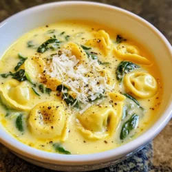 - 2 cups vegetable broth - 1 cup heavy cream - 1 package (9 oz) cheese tortellini - 3 cups fresh spinach, roughly chopped - 1 medium onion, diced - 3 cloves garlic, minced - 2 tablespoons olive oil - 1 teaspoon Italian seasoning - Salt and pepper to taste - Grated Parmesan cheese for garnish To make Creamy Tortellini Spinach Soup, you need fresh, quality ingredients. Start with vegetable broth. It gives the soup a rich flavor. Next, use heavy cream for a smooth texture. Cheese tortellini adds heartiness to the dish. Fresh spinach brings color and nutrients. Onion and garlic boost the soup's flavor profile. Olive oil is great for sautéing the onion. Italian seasoning adds an aromatic touch. Salt and pepper help balance all the tastes. Finally, grated Parmesan cheese is perfect for garnishing. Each ingredient plays a role in creating this warm, comforting dish. {{ingredient_image_1}} 1. Sauté onion and garlic Start by heating 2 tablespoons of olive oil in a large pot over medium heat. Add 1 medium diced onion and cook for about 5 minutes. Wait until the onion turns soft and clear. Then, add 3 minced garlic cloves. Cook for 1 more minute until you smell that great garlic scent. 2. Add vegetable broth and bring to boil Next, pour in 2 cups of vegetable broth. Bring the mix to a gentle boil. This step gets the soup ready for the tortellini. 3. Cook tortellini according to package instructions When the broth is boiling, add 1 package (9 oz) of cheese tortellini. Cook it according to the package instructions, which usually takes about 3 to 5 minutes. You want the tortellini to be soft but not mushy. 4. Incorporate heavy cream and Italian seasoning After the tortellini is cooked, lower the heat. Stir in 1 cup of heavy cream and 1 teaspoon of Italian seasoning. Mix well to combine all the flavors into the soup. 5. Add spinach and season to taste Toss in 3 cups of roughly chopped fresh spinach. Stir until the spinach softens, which takes about 2 minutes. Now, add salt and pepper to taste. This step brings out the flavors and balances the dish. 6. Serve and garnish Ladle the soup into bowls. Top each bowl with grated Parmesan cheese for extra flavor. This final touch makes your dish look pretty and adds a nice salty kick. Enjoy your creamy tortellini spinach soup! - How to avoid overcooking tortellini: Cook the tortellini for just 3-5 minutes. Check it often. You want it al dente, firm yet tender. Remove it from heat as soon as it's done. It will continue to cook in the soup. - Tips for ensuring creamy texture: Add the heavy cream after the tortellini cooks. Stir it in on low heat for a smooth finish. Avoid boiling after adding cream to keep it silky. - Best practices for sautéing onions and garlic: Heat olive oil on medium heat. Add onions and cook until they look clear. This takes about 5 minutes. Then, add garlic and cook for just 1 minute. This keeps garlic from burning and turning bitter. - Dairy-free alternatives for heavy cream: Use coconut milk or cashew cream for a creamy texture. Both options add a different flavor but still keep your soup rich. - Other greens to use instead of spinach: Kale or Swiss chard work great. Both add nutrients and can give a nice texture to the soup. Chop them small to help them cook fast. - Options for homemade tortellini: If you want to make tortellini from scratch, use dough made with flour and eggs. Fill it with cheese or veggies. This is fun and adds a personal touch to your dish. Pro Tips Enhance Flavor: Consider adding a splash of white wine before adding the vegetable broth for an extra depth of flavor. Spinach Substitute: If fresh spinach isn't available, you can use frozen spinach. Just make sure to thaw and drain it well. Make it Hearty: For a heartier soup, add some diced carrots or celery along with the onions at the beginning. Storage Tips: Store any leftovers in an airtight container in the fridge. Reheat gently on the stove, adding a bit more broth if needed. {{image_2}} You can change this soup by adding protein. One great way is to add shredded chicken. Just cook the chicken first, then stir it in with the cream. This adds a nice texture and makes the soup heartier. Another option is cooking with sausage. You can use Italian sausage for a robust flavor. Just cook the sausage in the pot before adding the onion. This adds a rich taste that pairs well with the cheese tortellini. For a vegetarian option, try chickpeas or white beans. They offer protein without meat. Add them when you stir in the spinach. This keeps the soup filling and satisfying. To spice things up, consider adding red pepper flakes. A pinch can bring warmth to the soup. Start small; you can always add more if you like it spicier. Using different herbs or spices can also change the flavor. Basil, thyme, or even a bay leaf can add depth. Experiment with what you have on hand to find your favorite mix. Adding lemon juice can give the soup a nice zing. It brightens the flavors and cuts the creaminess. Squeeze some fresh lemon in just before serving for a vibrant twist. To keep your soup fresh, place it in an airtight container. Let it cool to room temperature first. Then, store it in the fridge for up to three days. This keeps the flavors bright and the texture just right. If you want to save it for longer, you can freeze it. Use freezer-safe bags or containers. Make sure to leave some space for the soup to expand. It will last in the freezer for about three months. When it's time to enjoy your soup again, reheating is key to keeping it tasty. You can use the stove or microwave. If using the stove, heat it in a pot over low to medium heat. Stir it often to avoid sticking. If using the microwave, heat it in short bursts. Stir after each burst to keep the heat even. To refresh the soup, add a splash of cream or broth while reheating. This will help restore its creamy texture. Taste and adjust the salt and pepper if needed. With these tips, your Creamy Tortellini Spinach Soup will taste just as delicious as when you first made it! Can I use frozen tortellini? Yes, you can use frozen tortellini. Just cook it longer than fresh ones. It usually takes about 6-8 minutes. Is this soup gluten-free? No, this soup is not gluten-free. The cheese tortellini contains wheat. You can find gluten-free tortellini at some stores. How long does the soup last in the fridge? This soup will last for about three days in the fridge. Store it in an airtight container. Can I make this soup ahead of time? Yes, you can make the soup ahead of time. Just add the spinach when you reheat it. What can I serve with Creamy Tortellini Spinach Soup? You can serve this soup with crusty bread or a fresh salad. Garlic bread is also a great choice. This blog post covered a tasty and easy recipe for creamy tortellini spinach soup. We discussed the simple ingredients needed, like vegetable broth, heavy cream, and fresh spinach. You learned step-by-step instructions to cook it perfectly and share tips to make it even better. We also explored fun variations and how to store leftovers. Enjoy making this comforting soup. It's quick and delicious for any meal. Try it today and make it your own!