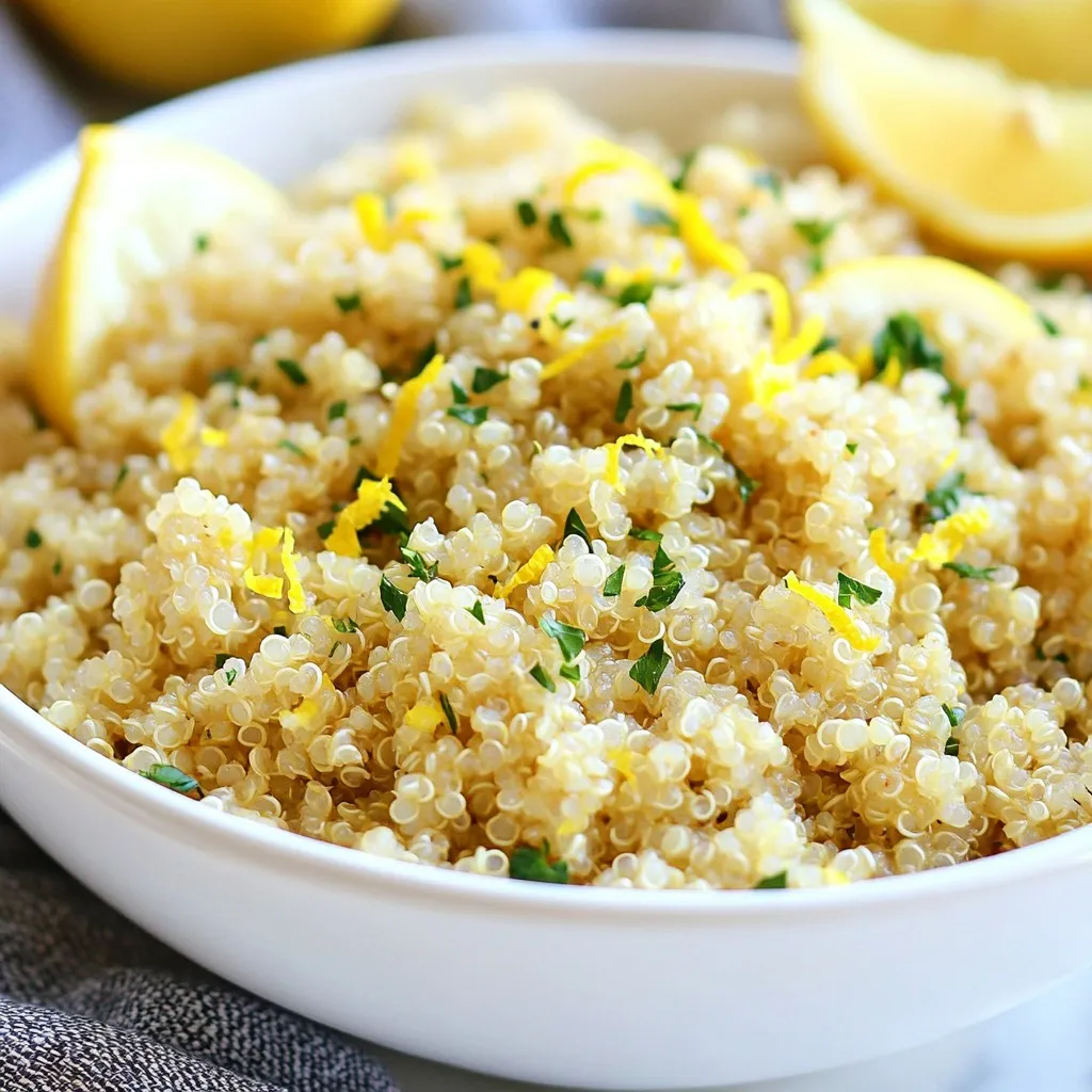 - 1 cup quinoa, rinsed - 2 cups vegetable broth - 2 tablespoons olive oil - 3 cloves garlic, minced - Zest of 1 lemon - 2 tablespoons lemon juice - 1 teaspoon dried oregano - 1 teaspoon salt (or to taste) - 1/2 teaspoon black pepper - Fresh parsley, chopped for garnish - Additional lemon wedges The main ingredients for this dish create a base that shines with flavor. Quinoa is a great choice. It is healthy and full of protein. Rinsing the quinoa is key. This step removes any bitter taste. The vegetable broth adds depth, making each bite rich and savory. I use olive oil to sauté the garlic. This brings out its aroma and flavor. Garlic is a star in this dish. Minced garlic adds a punch that pairs well with lemon. Now, let’s talk about the flavor enhancers. Adding lemon zest makes the dish bright. Zest brings out the fresh taste of lemon without the sourness. The lemon juice adds a tang that brightens the flavors. Dried oregano gives an herbal note. The salt and black pepper round out the taste. Adjust these to suit your taste buds. For garnishes, fresh parsley adds color and a hint of freshness. You can also serve lemon wedges on the side. They make for a great pop of flavor when squeezed over the dish. With these simple ingredients, you can create a delicious and easy meal. The balance of flavors in this Instant Pot Lemon Garlic Quinoa makes it a standout dish. {{ingredient_image_1}} - Turn on the Instant Pot and select 'Sauté' mode. - Add 2 tablespoons of olive oil and 3 cloves of minced garlic. Sauté for 1-2 minutes. You want the garlic fragrant, but be careful not to burn it. - Add 1 cup of rinsed quinoa to the pot. Stir it with the garlic and oil. Sauté for another minute to slightly toast the quinoa. This step adds a nice flavor. - Pour in 2 cups of vegetable broth. Add the zest of 1 lemon, 2 tablespoons of lemon juice, 1 teaspoon of dried oregano, 1 teaspoon of salt, and 1/2 teaspoon of black pepper. Stir everything well to combine. - Close the lid of the Instant Pot. Make sure the valve is set to 'Sealing'. - Select 'Pressure Cook' and set the timer for 1 minute at high pressure. - After the cooking time is up, let it sit for a natural pressure release for 10 minutes. - Carefully switch the valve to 'Venting'. Remove the lid and fluff the quinoa with a fork. - Garnish with freshly chopped parsley. Serve it warm. Enjoy the bright flavors! - Rinse quinoa thoroughly to remove bitterness. This step is key for a clean taste. - Adjust water or broth for desired consistency. Use less for firmer quinoa, more for softer. - Ensure quick cooking by using high-quality quinoa. Look for brands that are pre-rinsed. - Letting the pressure release naturally enhances flavor. This helps keep the quinoa fluffy and moist. - Use chicken broth instead of vegetable for extra flavor. The richness adds depth to the dish. - Replace garlic with garlic powder if in a hurry. It saves time but still adds a nice taste. Pro Tips Rinse the Quinoa: Always rinse quinoa thoroughly under cold water to remove its natural coating, called saponin, which can make it taste bitter. Enhance Flavor: For extra flavor, consider using homemade vegetable broth or adding a bay leaf during cooking and removing it before serving. Adjusting Consistency: If you prefer a creamier quinoa, increase the broth by 1/4 cup; for drier quinoa, reduce the liquid slightly. Meal Prep Friendly: This quinoa can be made in advance and stored in the fridge for up to a week, making it a great option for meal prep. {{image_2}} You can easily boost the nutrition of your quinoa dish. Adding spinach or cherry tomatoes gives it a fresh taste. These bright veggies not only look good but also pack vitamins. You can also mix in roasted bell peppers for a sweet twist. Their flavor complements the lemon and garlic well. Want to make your meal heartier? Add cooked chickpeas or shredded chicken to your quinoa. This turns your dish into a complete meal. If you want a crunch, toss in nuts like almonds or walnuts. This adds protein and texture to your dish. Feel free to play with flavors! You can try different herbs like basil or thyme. These add depth and new tastes. If you're in the mood for a twist, use lime juice instead of lemon. This gives a unique citrus kick that can brighten your dish. Store any leftovers in an airtight container in the fridge. This helps keep the quinoa fresh. It is best consumed within 3-4 days. After that, it may lose its flavor and texture. You can freeze the quinoa in portions for up to 2 months. This makes meal prep easy! To thaw, place it in the fridge overnight. If you need it fast, use the microwave for a quick defrost. Reheat the quinoa in a microwave or on the stovetop. I suggest adding a splash of broth. This keeps the quinoa moist and tasty. Enjoy it warm for the best flavor! To keep quinoa from being mushy, rinse it well before cooking. Rinsing removes bitter saponins. Use the right water-to-quinoa ratio. For this recipe, use 2 cups of broth for 1 cup of quinoa. This gives you fluffy, tender grains. Yes, you can make this quinoa dish ahead of time. Cook it, then cool it down. Store it in the fridge for a few days. When you need it, just reheat it in the microwave or stovetop. This makes meal prep easy! Yes, quinoa is gluten-free. It is a great choice for those with gluten sensitivities. You can enjoy it in salads, bowls, or as a side. Quinoa is also packed with protein and fiber. To boost the flavor, add more garlic or lemon juice. You can also increase the spices like oregano. If you like heat, add some red pepper flakes. Tasting as you go helps you find your perfect flavor balance. This blog post covered how to make a tasty quinoa dish. We explored the key ingredients, like quinoa and broth, and discussed enhancing flavors with lemon and herbs. You learned step-by-step instructions and tips for perfect texture and timing. Variations allow you to mix in veggies or protein for extra nutrition. Finally, we provided storage tips for leftovers to ensure freshness. With these insights, you can create a flavorful and healthy meal that you’ll enjoy. Now, get cooking and savor every bite!