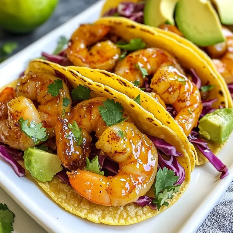 To make honey lime shrimp tacos, you need a few key items: - 1 lb medium shrimp, peeled and deveined - 2 tablespoons honey - 2 tablespoons lime juice (about 1 lime) - 8 small corn tortillas - 1 cup red cabbage, shredded - 1 avocado, sliced - Fresh cilantro, for garnish - Lime wedges, for serving When shopping for shrimp, look for fresh, pink shrimp. If you cannot find fresh shrimp, frozen is a good choice. Just thaw them before use. For tortillas, choose small corn ones for the best flavor and texture. This recipe uses a few spices to bring out the taste of the shrimp: - 2 teaspoons chili powder - 1 teaspoon garlic powder - 1 teaspoon cumin - Salt and pepper to taste For chili powder, brands like McCormick or Penzeys are great options. If you want a milder flavor, try using smoked paprika instead. Fresh garlic can replace garlic powder if you prefer. For cumin, any common brand will work well. Adding toppings can make your tacos even better. Here are some suggestions: - Shredded cheese (like cotija or cheddar) - Fresh salsa or pico de gallo - Sliced jalapeños for heat - Sliced radishes for crunch For garnishing, you can use fresh herbs like parsley or green onions. Feel free to mix and match toppings to fit your taste. Adding lime juice on top can also give it a refreshing zing! {{ingredient_image_1}} To start, you need to make the marinade. In a medium bowl, combine honey, lime juice, chili powder, garlic powder, cumin, salt, and pepper. Whisk these ingredients well until they blend together. Next, add the shrimp to the bowl. Toss the shrimp until they are fully coated in the marinade. This step is key! Let the shrimp sit for about 15 minutes. This time allows the flavors to soak in and make your shrimp taste amazing. Now, let’s cook the shrimp. Heat a large skillet over medium-high heat. Once hot, add the shrimp in a single layer. Cook them for about 2-3 minutes on each side. You know they are done when they turn pink and opaque. Be careful not to overcook them; they can get tough. Always wash your hands after handling raw shrimp. Use separate utensils for cooked shrimp to avoid cross-contamination. Time to put your tacos together! Warm the tortillas in a separate pan or microwave until they are soft. On each tortilla, add a generous spoonful of the cooked shrimp. Next, top it with shredded red cabbage and sliced avocado. A sprinkle of fresh cilantro adds a nice touch. If you like, drizzle some extra lime juice on top. Serve the tacos with lime wedges on the side for a fresh kick. Enjoy your tasty creation! Making honey lime shrimp tacos can be simple, but mistakes happen. One common issue is overcooking the shrimp. They cook fast, so watch them closely. If they turn rubbery, they are overdone. Cook them just until they are pink and firm. Another pitfall is using old or wilted toppings. Fresh ingredients make a big difference. Check the color of your cabbage and cilantro. If they look dull or brown, choose new ones. If your tacos turn out too bland, don’t worry. You can add more lime juice or chili powder to boost flavor. Just remember to add a little at a time and taste as you go. You can easily tweak the marinade to fit your taste. If you like spice, add more chili powder or a dash of hot sauce. For a sweeter taste, increase the honey a bit. Pair your tacos with sides like rice or beans for a full meal. A fresh salad or grilled corn also works well. For drinks, a light beer or a zesty margarita complements the flavors nicely. Use a non-stick skillet for cooking shrimp. It helps prevent sticking and burning. A high heat is key to getting that nice sear. For warming tortillas, a dry skillet works great. You can also use the microwave for quick heating. Just wrap them in a damp paper towel to keep them soft. When assembling your tacos, a good cutting board is essential. Use a sharp knife for slicing avocado and cabbage. Tongs help to keep your hands clean while serving. Pro Tips Marinate for Maximum Flavor: Allow the shrimp to marinate for at least 15 minutes, or up to 30 minutes, to enhance the flavors of the honey and lime. Use Fresh Ingredients: Fresh lime juice and high-quality honey will make a noticeable difference in the taste of your tacos, so opt for fresh whenever possible. Perfectly Cooked Shrimp: Keep an eye on the shrimp while cooking; they only need 2-3 minutes per side. Overcooking can make them rubbery. Customize Your Toppings: Feel free to add other toppings like diced tomatoes, jalapeños, or a drizzle of crema for extra flavor and texture. {{image_2}} You can switch the shrimp for other proteins like chicken or fish. For chicken, cut it into small pieces and use the same marinade. Cook it in the skillet until it’s no longer pink, about 6-8 minutes. For fish, I recommend firm types like tilapia or cod. Cook fish fillets for about 3-4 minutes per side until they flake easily. This way, you can enjoy the same great honey-lime flavor. If you're gluten-free, choose corn tortillas. They add a nice crunch and flavor. For a vegan option, swap the shrimp for cubed tofu. Marinate the tofu just like the shrimp. Cook it until golden on all sides, about 10 minutes. You can also use jackfruit or chickpeas for a hearty filling. These options keep the meal tasty and satisfying. Want to change up the taste? Add spices like smoked paprika or cayenne for heat. You can also mix in fresh herbs like mint or basil. For seasonal flair, try adding mango or corn. Diced mango adds sweetness that pairs well with the lime. Grilled corn gives a nice smoky flavor. These twists make your tacos fun and exciting! To keep your honey lime shrimp tacos fresh, store leftovers quickly. Place cooked shrimp and toppings in separate airtight containers. This helps to keep everything crisp. Use glass or plastic containers with tight lids. Your shrimp will stay fresh for about 2-3 days in the fridge. Keep the tortillas in a zip-top bag, and they will last for up to a week. To reheat shrimp tacos, warm them gently. You can use a skillet over low heat. This method helps keep the shrimp tender. Avoid microwaving them for too long; this can make the shrimp rubbery. If you have leftover cabbage or avocado, add them fresh to keep your tacos crunchy. For longer storage, you can freeze cooked shrimp. Place them in a freezer-safe bag, removing as much air as possible. They can last up to three months in the freezer. You can also freeze tortillas. Just layer them with parchment paper to prevent sticking. When ready to eat, thaw shrimp overnight in the fridge. Reheat in a skillet for best results. Warm tortillas in a pan or microwave right before serving. You can tell shrimp are cooked when they turn pink. They should curl into a C shape. If they are gray or look slimy, they need more time. Cook shrimp about 2-3 minutes per side. Overcooked shrimp become tough and chewy. Always check for a firm texture. Yes, you can prepare the shrimp and marinade ahead. Marinate the shrimp for up to 30 minutes before cooking. This saves time on busy days. You can also warm the tortillas and chop toppings in advance. Store them in the fridge. Just assemble everything before serving for the best taste. If you lack shrimp, try chicken or firm tofu. For honey, agave syrup works well. Lime juice can be swapped with lemon juice in a pinch. If you don’t have corn tortillas, use flour ones instead. The key is to keep the balance of flavors. Make sure the spices are still present for a tasty dish. Honey lime shrimp tacos are fun to make and enjoy. You learned about key ingredients, spices, and optional toppings that elevate flavors. I provided step-by-step instructions that guide you through marinating and cooking shrimp while avoiding common mistakes. You can customize the recipe for different proteins and dietary needs. Proper storage and reheating tips help keep leftovers tasty. With these techniques, you can create a meal that impresses while being easy to prepare. Enjoy your cooking adventure and the delicious tacos that await!