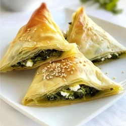 - 1 pound fresh spinach, washed and chopped - 1 cup crumbled feta cheese - 1/2 cup ricotta cheese - 1/4 cup grated Parmesan cheese - 1 small onion, finely chopped - 2 cloves garlic, minced - 2 tablespoons olive oil - 1/2 teaspoon nutmeg - Salt and pepper to taste - 1 package of phyllo dough (about 20 sheets) - 1/2 cup melted butter (for brushing) - Sesame seeds for garnish (optional) You can swap fresh spinach for frozen spinach. Just thaw and drain it first. If you want a dairy-free option, try using tofu instead of cheese. For the cheeses, you can use goat cheese for a tangy taste or cream cheese for a richer flavor. If you can't find phyllo dough, you can use puff pastry. It won't be the same, but it will still taste good. Each triangle has about 150 calories. They also have protein, vitamins, and healthy fats. The spinach gives you iron and vitamins A and C. The cheeses add calcium and flavor. This dish is great for snacks or meals. {{ingredient_image_1}} Start by gathering all your ingredients. You will need fresh spinach, feta, ricotta, Parmesan, onion, garlic, olive oil, nutmeg, salt, pepper, phyllo dough, and melted butter. Heat olive oil in a large skillet over medium heat. Add the chopped onion and cook until it turns soft, about five minutes. Then, add minced garlic and chopped spinach. Cook until the spinach wilts and no water remains. This step gives the filling great flavor. Once done, take it off the heat and let it cool. In a big bowl, mix the cooled spinach with feta, ricotta, Parmesan, nutmeg, salt, and pepper. Stir well. This mixture is the heart of your spanakopita. Now it’s time to work with the phyllo dough. First, preheat your oven to 375°F (190°C). Lay one sheet of phyllo on a clean surface and brush it lightly with melted butter. Place another sheet on top and brush it again. This makes the layers flaky and tasty. Cut the layered phyllo into long strips, about three inches wide. At one end of each strip, place a tablespoon of the spinach filling. Fold the side over the filling to form a triangle. Keep folding the triangle down the strip, like you are folding a flag. Repeat this until you’ve used all the filling. Place the finished triangles on a baking sheet lined with parchment paper. Brush the tops with more melted butter and add sesame seeds if you like. Bake them in the preheated oven for 25 to 30 minutes. They should turn golden brown and crispy. Once baked, take them out and let them cool for a few minutes. Enjoy your delicious Greek spanakopita triangles! Phyllo dough is thin and can dry out fast. Keep it covered with a damp cloth. This prevents it from getting brittle. Always work with one sheet at a time. Brush it with melted butter to add flavor and help it crisp up. Layering two sheets together gives a nice strength to your triangles. To get that perfect crunch, brush each triangle well with butter. This helps achieve a golden color and a crispy bite. Bake them on parchment paper. This keeps them from sticking and helps with even cooking. Avoid overcrowding the baking sheet. Give each triangle room to grow and crisp up nicely. Spanakopita tastes great warm or at room temperature. If you serve it warm, let it cool for a few minutes after baking. This makes it easier to eat. You can pair it with a fresh salad or yogurt dip. These add a nice contrast to the rich flavors of the filling. Pro Tips Use Fresh Spinach: Fresh spinach gives the best flavor and texture. If using frozen spinach, ensure it is well-drained to prevent soggy pastries. Layering Phyllo Dough: Always keep the phyllo sheets covered with a damp cloth while you work to prevent them from drying out. Experiment with Cheese: Feel free to mix different types of cheese like goat cheese or mozzarella for a unique flavor profile. Serving Suggestions: Serve with a side of tzatziki sauce or a fresh salad to enhance the Mediterranean experience. {{image_2}} You can play with the filling in spanakopita. Instead of spinach, try using kale or Swiss chard. Both add a different flavor and texture. For cheese, you can use goat cheese or even vegan cheese. Goat cheese gives a tangy kick, while vegan cheese can make the dish plant-based. To create a vegan version, skip the cheese and use tofu. Blend firm tofu with lemon juice and herbs for a creamy texture. You can also add nutritional yeast for a cheesy flavor. Use olive oil instead of butter for brushing the phyllo. This keeps it plant-based and still tasty. Want to spice things up? Add herbs like dill or mint to your filling. These herbs add a fresh taste. You can also toss in some sun-dried tomatoes or olives for a Mediterranean twist. Try adding a pinch of red pepper flakes for heat. This will elevate the flavor profile and make your spanakopita unique. To store leftover Spanakopita, let them cool first. Place them in an airtight container. They will stay fresh for 3 to 4 days in the fridge. I like to put a paper towel in the container. This helps absorb extra moisture and keeps them crispy. You can freeze Spanakopita for later use. Wrap each triangle in plastic wrap. Then, place them in a freezer bag or airtight container. They can last in the freezer for up to 2 months. When ready to eat, thaw them in the fridge overnight before reheating. Reheating Spanakopita is easy. Preheat your oven to 350°F (175°C). Place the triangles on a baking sheet. Heat them for about 15 to 20 minutes. This will make them warm and crispy again. You can also use an air fryer for about 10 minutes at 350°F (175°C) for quick results. Spanakopita is a Greek pastry. It features spinach and cheese wrapped in phyllo dough. The filling usually includes feta, ricotta, and Parmesan. This dish is crispy on the outside and creamy inside. You can serve it as a snack or main dish. People love its rich flavor and flaky texture. Yes, you can use frozen spinach for Spanakopita. Just thaw it first and drain it well. Remove excess water to avoid soggy filling. Frozen spinach saves prep time and is a great option. It still tastes good and works perfectly with the cheese. You can prepare Spanakopita ahead of time and store it. Assemble the triangles, then freeze them before baking. Once frozen, store them in an airtight container. When ready to bake, just pop them in the oven. No thawing is needed. This makes for a quick snack or meal! Spanakopita is a tasty dish made with phyllo dough and spinach. We explored its key ingredients, helpful substitutions, and nutrition. Step-by-step instructions make it easy to prepare and bake delicious triangles. I shared tips for crispy texture and serving size. You can also try fun variations and learn how to store leftovers. Finally, I answered common questions about making and enjoying Spanakopita. Remember, cooking is about trying new things, so enjoy every bite!