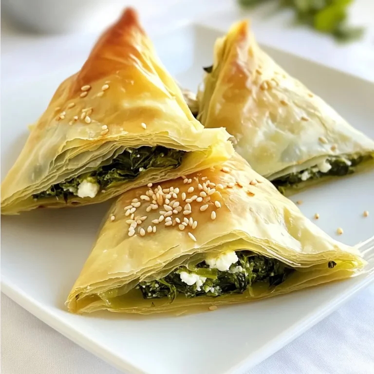 - 1 pound fresh spinach, washed and chopped - 1 cup crumbled feta cheese - 1/2 cup ricotta cheese - 1/4 cup grated Parmesan cheese - 1 small onion, finely chopped - 2 cloves garlic, minced - 2 tablespoons olive oil - 1/2 teaspoon nutmeg - Salt and pepper to taste - 1 package of phyllo dough (about 20 sheets) - 1/2 cup melted butter (for brushing) - Sesame seeds for garnish (optional) You can swap fresh spinach for frozen spinach. Just thaw and drain it first. If you want a dairy-free option, try using tofu instead of cheese. For the cheeses, you can use goat cheese for a tangy taste or cream cheese for a richer flavor. If you can't find phyllo dough, you can use puff pastry. It won't be the same, but it will still taste good. Each triangle has about 150 calories. They also have protein, vitamins, and healthy fats. The spinach gives you iron and vitamins A and C. The cheeses add calcium and flavor. This dish is great for snacks or meals. {{ingredient_image_1}} Start by gathering all your ingredients. You will need fresh spinach, feta, ricotta, Parmesan, onion, garlic, olive oil, nutmeg, salt, pepper, phyllo dough, and melted butter. Heat olive oil in a large skillet over medium heat. Add the chopped onion and cook until it turns soft, about five minutes. Then, add minced garlic and chopped spinach. Cook until the spinach wilts and no water remains. This step gives the filling great flavor. Once done, take it off the heat and let it cool. In a big bowl, mix the cooled spinach with feta, ricotta, Parmesan, nutmeg, salt, and pepper. Stir well. This mixture is the heart of your spanakopita. Now it’s time to work with the phyllo dough. First, preheat your oven to 375°F (190°C). Lay one sheet of phyllo on a clean surface and brush it lightly with melted butter. Place another sheet on top and brush it again. This makes the layers flaky and tasty. Cut the layered phyllo into long strips, about three inches wide. At one end of each strip, place a tablespoon of the spinach filling. Fold the side over the filling to form a triangle. Keep folding the triangle down the strip, like you are folding a flag. Repeat this until you’ve used all the filling. Place the finished triangles on a baking sheet lined with parchment paper. Brush the tops with more melted butter and add sesame seeds if you like. Bake them in the preheated oven for 25 to 30 minutes. They should turn golden brown and crispy. Once baked, take them out and let them cool for a few minutes. Enjoy your delicious Greek spanakopita triangles! Phyllo dough is thin and can dry out fast. Keep it covered with a damp cloth. This prevents it from getting brittle. Always work with one sheet at a time. Brush it with melted butter to add flavor and help it crisp up. Layering two sheets together gives a nice strength to your triangles. To get that perfect crunch, brush each triangle well with butter. This helps achieve a golden color and a crispy bite. Bake them on parchment paper. This keeps them from sticking and helps with even cooking. Avoid overcrowding the baking sheet. Give each triangle room to grow and crisp up nicely. Spanakopita tastes great warm or at room temperature. If you serve it warm, let it cool for a few minutes after baking. This makes it easier to eat. You can pair it with a fresh salad or yogurt dip. These add a nice contrast to the rich flavors of the filling. Pro Tips Use Fresh Spinach: Fresh spinach gives the best flavor and texture. If using frozen spinach, ensure it is well-drained to prevent soggy pastries. Layering Phyllo Dough: Always keep the phyllo sheets covered with a damp cloth while you work to prevent them from drying out. Experiment with Cheese: Feel free to mix different types of cheese like goat cheese or mozzarella for a unique flavor profile. Serving Suggestions: Serve with a side of tzatziki sauce or a fresh salad to enhance the Mediterranean experience. {{image_2}} You can play with the filling in spanakopita. Instead of spinach, try using kale or Swiss chard. Both add a different flavor and texture. For cheese, you can use goat cheese or even vegan cheese. Goat cheese gives a tangy kick, while vegan cheese can make the dish plant-based. To create a vegan version, skip the cheese and use tofu. Blend firm tofu with lemon juice and herbs for a creamy texture. You can also add nutritional yeast for a cheesy flavor. Use olive oil instead of butter for brushing the phyllo. This keeps it plant-based and still tasty. Want to spice things up? Add herbs like dill or mint to your filling. These herbs add a fresh taste. You can also toss in some sun-dried tomatoes or olives for a Mediterranean twist. Try adding a pinch of red pepper flakes for heat. This will elevate the flavor profile and make your spanakopita unique. To store leftover Spanakopita, let them cool first. Place them in an airtight container. They will stay fresh for 3 to 4 days in the fridge. I like to put a paper towel in the container. This helps absorb extra moisture and keeps them crispy. You can freeze Spanakopita for later use. Wrap each triangle in plastic wrap. Then, place them in a freezer bag or airtight container. They can last in the freezer for up to 2 months. When ready to eat, thaw them in the fridge overnight before reheating. Reheating Spanakopita is easy. Preheat your oven to 350°F (175°C). Place the triangles on a baking sheet. Heat them for about 15 to 20 minutes. This will make them warm and crispy again. You can also use an air fryer for about 10 minutes at 350°F (175°C) for quick results. Spanakopita is a Greek pastry. It features spinach and cheese wrapped in phyllo dough. The filling usually includes feta, ricotta, and Parmesan. This dish is crispy on the outside and creamy inside. You can serve it as a snack or main dish. People love its rich flavor and flaky texture. Yes, you can use frozen spinach for Spanakopita. Just thaw it first and drain it well. Remove excess water to avoid soggy filling. Frozen spinach saves prep time and is a great option. It still tastes good and works perfectly with the cheese. You can prepare Spanakopita ahead of time and store it. Assemble the triangles, then freeze them before baking. Once frozen, store them in an airtight container. When ready to bake, just pop them in the oven. No thawing is needed. This makes for a quick snack or meal! Spanakopita is a tasty dish made with phyllo dough and spinach. We explored its key ingredients, helpful substitutions, and nutrition. Step-by-step instructions make it easy to prepare and bake delicious triangles. I shared tips for crispy texture and serving size. You can also try fun variations and learn how to store leftovers. Finally, I answered common questions about making and enjoying Spanakopita. Remember, cooking is about trying new things, so enjoy every bite!