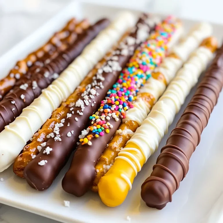 - Pretzel rods - Semi-sweet chocolate chips - White chocolate chips - Crushed nuts - Colorful sprinkles - Optional sea salt To make chocolate dipped pretzel rods, you need simple ingredients. Start with pretzel rods, which give that nice crunch. Use semi-sweet chocolate chips for a rich taste. White chocolate chips add a sweet contrast. Crushed nuts, like almonds or peanuts, add a fun crunch. Colorful sprinkles make your treat look vibrant and festive. You can also add sea salt for a tasty twist. Gather these items, and you are ready to create a fun snack. This treat is great for parties or just a fun afternoon. The mix of salty and sweet will delight everyone. Enjoy making these with friends or family! {{ingredient_image_1}} Method for semi-sweet chocolate To melt the semi-sweet chocolate, place one cup of chocolate chips in a microwave-safe bowl. Microwave the chips for 30 seconds. Stir them well. Repeat this until the chocolate is smooth. This should take about 1 to 2 minutes. Method for white chocolate For white chocolate, use another microwave-safe bowl. Add the ½ cup of white chocolate chips. Follow the same microwave method. Heat for 30 seconds, stir, and repeat until melted and silky. Tips for even coating Hold a pretzel rod by one end. Dip it into the melted chocolate. Make sure to coat about 2/3 of the rod. This helps the pretzel stay crunchy and not too soggy. Importance of excess chocolate removal After dipping, let excess chocolate drip off. This step is key. Too much chocolate can make the pretzel heavy and messier. Place the dipped pretzel on a parchment-lined baking sheet. How to apply nuts and sprinkles While the chocolate is still wet, add your toppings. Use crushed nuts or colorful sprinkles. Just sprinkle them over the chocolate. The toppings will stick well this way. Using sea salt for added flavor For a little extra taste, add a pinch of sea salt. This tiny touch really makes the chocolate pop. It adds a nice balance to the sweet chocolate. Duration and tips for proper setting Once all the pretzels are dipped and topped, place the baking sheet in the fridge. Chill the rods for about 30 minutes. This helps the chocolate set properly. When it's firm, the pretzels will be ready to enjoy! To melt chocolate well, you must avoid burning it. Burnt chocolate tastes bitter and ruins your treat. Use a microwave-safe bowl. Microwave the chocolate chips in short bursts. Start with 30 seconds, then stir. Repeat until smooth, which takes about 1-2 minutes. You can also use a double boiler. This method lets steam heat the chocolate slowly, reducing the risk of burning. Keep stirring until the chocolate melts and looks glossy. To dip your pretzel rods, hold one end firmly. Dip about 2/3 of the rod into the melted chocolate. Tilt the bowl for deeper coverage. Remove the pretzel and let excess chocolate drip off. This keeps your treat neat and less messy. Try different coatings for fun. You can dip in semi-sweet chocolate, white chocolate, or both. Each layer adds flavor and looks great! When serving your chocolate-dipped pretzel rods, use a stylish platter. You can also place them in treat bags for parties or events. They look pretty and are easy to grab. For gifting, try creative packaging. Use clear bags tied with colorful ribbons. This adds a personal touch and makes your gift special. Your friends will love the effort! Pro Tips Use Quality Chocolate: For the best flavor, choose high-quality chocolate chips. This will enhance the overall taste of your pretzel rods. Let the Chocolate Cool: Allow the melted chocolate to cool slightly before dipping. This helps the chocolate adhere better to the pretzels. Mix Up Toppings: Get creative with your toppings! Try using crushed cookies, coconut flakes, or even edible glitter for a fun twist. Store Properly: To keep your pretzel rods fresh, store them in an airtight container at room temperature. They can last for up to a week! {{image_2}} You can switch up the chocolate you use. Dark chocolate gives a rich taste. Milk chocolate is sweet and creamy. Feel free to mix flavors. Try adding a hint of orange or mint to the melted chocolate. Simply stir in a bit of extract before dipping. Get creative with toppings! You can use crushed nuts like almonds or peanuts. Coconut flakes add a tropical twist. Crushed candies like M&Ms or peppermint can add a fun crunch. For holidays, use themed sprinkles or colored chocolate. This makes your pretzel rods festive and appealing. While pretzel rods are great, try using breadsticks for a different taste. They will have a nice crunch and soak up the chocolate well. If you need gluten-free options, look for gluten-free pretzel rods. They work just as well and taste amazing! To keep your chocolate dipped pretzel rods fresh, use an airtight container. Glass containers work well, but plastic ones are fine too. Line the bottom with parchment paper. This helps prevent sticking. Place the pretzel rods in a single layer. Avoid stacking them to keep the toppings intact. You can enjoy your pretzel rods for up to two weeks when stored well. After that, they may not taste as good. Look for signs of spoilage, like a dull coating or a change in texture. If the chocolate looks white or chalky, it may have bloomed. This happens when chocolate absorbs moisture. While it is safe to eat, the taste may not be great. To freeze your pretzel rods, wrap each one in plastic wrap. Then, place them in a freezer-safe bag. This helps protect them from freezer burn. You can freeze them for up to three months. To thaw, simply leave them in the fridge overnight. This keeps the chocolate from sweating. Enjoy your sweet treat later without losing flavor! Yes, you can use many types of chocolate. Dark chocolate works well for a rich taste. Milk chocolate is sweet and creamy. You can also mix chocolates for a fun twist. Always melt them gently to keep the texture smooth. Chocolate usually takes about 30 minutes to set in the fridge. You can watch it harden. If you want to speed it up, you can place it in a cool spot. Avoid the heat to keep the chocolate from melting again. Absolutely! You can make these pretzel rods a few days ahead of time. Just store them in an airtight container. Keep them in a cool place to maintain their crunch. This way, you will have a tasty treat ready when you need it. You can create tasty chocolate dipped pretzel rods using simple steps and ingredients. Start with pretzel rods and melt the chocolate. Dip and coat your pretzels with nuts or sprinkles for added fun. Chill them to set and enjoy your creations. Remember, you can mix flavors and toppings for unique treats. Store them well to keep their taste. This sweet snack is easy to make and perfect for sharing. Get creative with your own ideas, and have fun making these snacks!