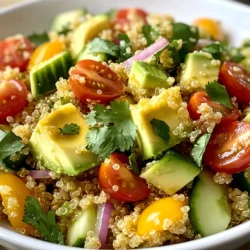 - 1 cup quinoa - 1 ripe avocado - Juice of 2 limes - 3 tablespoons olive oil Quinoa serves as the base for this salad. It is a great source of protein and fiber. I use one cup of rinsed quinoa, which works well for four servings. The avocado adds creaminess and healthy fats. Use a ripe avocado for the best flavor and texture. Lime juice brings a fresh, zesty kick to the dish. I recommend using the juice of two limes for a bright taste. Olive oil helps to blend the flavors and adds richness. - 1/4 teaspoon cumin - Additional vegetables (like bell peppers or corn) Cumin gives a warm, earthy flavor to the salad. Though optional, I enjoy its unique taste. You can also add vegetables like bell peppers or corn. These add color and crunch, enhancing the salad's appeal. - Salt and pepper - 1/4 cup fresh cilantro Salt and pepper are key for balancing flavors. I suggest starting with a pinch and adjusting to taste. Fresh cilantro adds a fresh herbal note that brightens the salad. It also makes the dish look vibrant and inviting. {{ingredient_image_1}} To start, grab a medium-sized pot. Pour in 2 cups of water or vegetable broth. Bring it to a boil. Once boiling, add 1 cup of rinsed quinoa. This helps remove any bitter taste. Reduce the heat to low and cover the pot. Let it simmer for about 15 minutes. The quinoa will soak up all the liquid. After 15 minutes, remove the pot from the heat. Let it sit for 5 minutes with the lid on. Finally, fluff the quinoa with a fork. This makes it light and airy. While the quinoa cooks, it’s time to make the dressing. In a small bowl, mix the juice of 2 limes with 3 tablespoons of olive oil. Add salt and pepper to taste. If you want a little extra flavor, add 1/4 teaspoon of cumin. Whisk everything together until it’s well combined. This dressing will bring all the flavors together. In a large mixing bowl, combine the cooked quinoa with the other ingredients. Add the diced avocado, halved cherry tomatoes, diced cucumber, finely chopped red onion, and fresh cilantro. Drizzle the dressing over the salad. Gently toss everything together. Be careful not to mash the avocado. Taste the salad and adjust the seasoning if needed. You might want more lime juice, salt, or pepper. Serve the salad right away, or chill it for 30 minutes to let the flavors mix. Enjoy this fresh and tasty dish! To keep your avocado from turning brown, store it correctly. Keep unused avocado in an airtight container. Cover it with lime juice before sealing. The lime juice slows browning. You can also store it in water. Just make sure the pit is removed. Rinsing quinoa is key to a great taste. It removes a bitter coating called saponin. Use a fine mesh strainer for this step. After rinsing, cook it in water or vegetable broth for added flavor. Bring the liquid to a boil, then lower the heat. Cover the pot and simmer it for about 15 minutes. Let it rest for 5 minutes before fluffing. This keeps your quinoa light and fluffy. This salad pairs well with grilled chicken or shrimp. You can also serve it with pita bread for a light meal. The salad tastes best when served cold or at room temperature. Chill it in the fridge for 30 minutes before serving. This allows all the flavors to mix well. Pro Tips Choose Ripe Avocados: Make sure your avocados are ripe for the best flavor and creaminess. A ripe avocado should yield slightly when pressed. Chill Before Serving: Allowing the salad to chill in the refrigerator for 30 minutes enhances the flavors and makes it even more refreshing. Add Protein: For a more filling meal, consider adding grilled chicken, shrimp, or black beans to the salad for extra protein. Customize Your Veggies: Feel free to swap in your favorite vegetables or add bell peppers, corn, or radishes for added crunch and color. {{image_2}} You can boost your salad with protein. Chickpeas or black beans work great. They add fiber and make your dish filling. If you prefer meat, grilled chicken or shrimp are excellent options. These choices add flavor and make the salad heartier. To kick up the flavor, consider adding spices. A pinch of cayenne gives a nice heat. Paprika adds a sweet, smoky touch. Fresh herbs can also change the taste. Try parsley or basil for a fresh twist. These simple additions can make your salad pop. Adapting the salad to the season is fun. In summer, add fresh corn or bell peppers. In fall, roasted squash or pumpkin can add warmth. You could even adjust for holidays by using festive colors. Holiday themes like red and green veggies can make your salad special. The Avocado Lime Quinoa Salad stays fresh in the fridge for about 2 to 3 days. Keep it in a tight container to prevent air from getting in. This helps keep the salad from getting mushy. If you notice the avocado turning brown, add a bit more lime juice. This can slow down browning. You can freeze Avocado Lime Quinoa Salad, but it’s best to avoid it. Avocado doesn't freeze well and can change in texture. If you must freeze it, do so without the avocado. Store the quinoa and veggies in a freezer-safe bag. When ready to eat, just thaw in the fridge overnight. To reheat quinoa, use a microwave or stovetop. For the microwave, place it in a bowl with a splash of water. Heat for 1 to 2 minutes. Stir halfway through to heat evenly. On the stovetop, warm it in a pan with a little water over low heat. Stir until heated through. Quinoa tastes best warm, so enjoy it fresh! Yes, you can make this salad ahead of time. This helps the flavors blend well. If you want to meal prep, follow these tips: - Prepare the quinoa and let it cool. - Mix the dressing and store it separately. - Dice the avocado right before serving to keep it fresh. - You can combine the other veggies in advance. - Just add the dressing and avocado when you're ready to eat. Yes, quinoa is gluten-free. It is a great option for those with gluten sensitivities. Quinoa is also packed with protein and fiber. Here’s a quick look at its nutritional benefits: - Protein: Contains all nine essential amino acids. - Fiber: Good for digestion and helps you feel full. - Vitamins and minerals: Includes iron, magnesium, and B vitamins. If you need a creamy ingredient, here are some great options: - Greek yogurt: Adds creaminess without the fat of avocado. - Silken tofu: A great vegan option, blends well into the salad. - Hummus: Offers a unique flavor and creamy texture. - Nut butter: Almond or cashew butter can work well too. These substitutes can keep your salad tasty and enjoyable. This blog post covered essential and optional ingredients for Avocado Lime Quinoa Salad. We explored step-by-step instructions and some handy tips. Seasoning and garnish can enhance flavor, while variations allow for personal touches. Don’t forget storage tips for freshness and meal prep for busy days. I hope this guide helps you create a tasty dish. Enjoy your salad adventures!