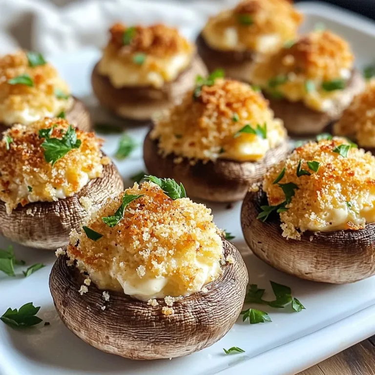 To make Air Fryer Stuffed Mushrooms, you need fresh and simple ingredients. Here’s what you will need: - 12 large cremini or button mushrooms - 1 cup cream cheese - 1/2 cup grated Parmesan cheese - 1/4 cup panko breadcrumbs - 1/4 cup fresh parsley - 2 cloves garlic - 1 teaspoon dried oregano - Salt and pepper - 1 tablespoon olive oil These ingredients work together to create a creamy, flavorful filling. The mushrooms provide the perfect base for the stuffing. Cream cheese gives a rich texture, while Parmesan adds a nice salty touch. Panko breadcrumbs give the dish a satisfying crunch. Fresh parsley brightens the flavor, and garlic adds some warmth. Dried oregano brings an earthy note. Don’t forget to season with salt and pepper to enhance all the tastes. Olive oil helps with browning and adds depth. Now that you know what you need, you're ready to start your cooking adventure! {{ingredient_image_1}} - Preheat the air fryer to 350°F (175°C). - Clean the mushrooms and remove the stems. Start by getting your air fryer ready. This step takes just about 5 minutes. While it heats, gently wipe each mushroom with a damp cloth. Be sure to pop out the stems; they can get in the way when you stuff them. - Combine cream cheese, Parmesan, breadcrumbs, parsley, garlic, oregano, salt, and pepper. In a medium bowl, mix the softened cream cheese with grated Parmesan. Add in the breadcrumbs, chopped parsley, minced garlic, and dried oregano. Sprinkle in salt and pepper to taste. Stir it well until everything blends into a smooth, creamy filling. - Generously fill each mushroom cap. - Drizzle with olive oil. Use a small spoon or a piping bag to fill each mushroom cap with the creamy mixture. Make sure to pack it in well so each bite is full of flavor. Next, drizzle a little olive oil over the tops. This will help them brown nicely and add extra taste. - Arrange stuffed mushrooms in the air fryer. - Cooking time and temperature details. Place the stuffed mushrooms in a single layer in the air fryer basket. Don’t overcrowd them! This helps hot air circulate and cook them evenly. Air fry for about 10–12 minutes. You’ll know they are done when the tops turn golden and the mushrooms feel tender. Remove them carefully and let them cool for a few minutes before enjoying these savory bites! - Choosing the right mushrooms I recommend using large cremini or button mushrooms. They hold the filling well and offer great flavor. Look for mushrooms that are firm and free from dark spots. Fresh mushrooms give the best taste. - Achieving the best texture with panko Panko breadcrumbs are my favorite for stuffed mushrooms. They add a nice crunch to each bite. Mix them into the filling to create a delightful texture. You can also sprinkle a bit more on top before cooking for extra crunch. - Air fryer basket prep Preheat your air fryer to 350°F (175°C) for five minutes before adding the mushrooms. This helps them cook evenly. Lightly spray or brush the basket with oil. This step helps prevent sticking and makes clean-up easier. - Avoiding overcrowding Place stuffed mushrooms in a single layer in the basket. This allows hot air to flow around each mushroom. Overcrowding can lead to uneven cooking. If needed, cook in batches to get them just right. - Serving suggestions and garnishes When serving, arrange the mushrooms on a nice platter. A sprinkle of fresh parsley adds a pop of color. You might also add a dash of paprika for a bit of flair. Serve these savory bites warm for the best taste. Pro Tips Choose the Right Mushrooms: Opt for fresh, firm mushrooms for the best texture and flavor. Cremini or button mushrooms work well. Experiment with Fillings: Feel free to add cooked sausage, crab meat, or other cheeses to the filling for a unique twist. Don’t Overcrowd the Air Fryer: Arrange the mushrooms in a single layer to ensure they cook evenly and become crispy. Garnish for Presentation: Adding fresh herbs or a sprinkle of paprika not only enhances flavor but also makes the dish visually appealing. {{image_2}} You can change the flavor of your stuffed mushrooms easily. Try adding cooked sausage or bacon. These meats add a nice, savory taste. Mix in about half a cup of either, cooked and crumbled, with your cheese filling. This twist makes each bite even tastier. If you want a vegetarian option, use spinach or artichokes. Sauté fresh spinach until it wilts. Chop it finely and mix it into your filling. You can also use canned artichokes. Drain and chop them, then add to your mix. Both options give a fresh taste. Cheese can change the whole dish. Instead of cream cheese, try using feta or cheddar. Feta adds a tangy flavor that works well with herbs. It crumbles nicely and gives a different texture. Cheddar brings a rich taste that many enjoy. Swap out the cream cheese for one cup of your choice. Herbs can lift your dish to new heights. Instead of dried oregano, use thyme or basil. Both herbs bring a unique flavor to the mix. Thyme offers a warm, earthy taste. Basil gives a fresh, sweet note. Use about one teaspoon of whichever herb you choose to keep the balance. Experiment with these variations to find your favorite flavor. Each change can make the stuffed mushrooms truly yours. To keep your stuffed mushrooms fresh, store them in an airtight container. Place a paper towel in the container to absorb moisture. This helps keep the mushrooms from getting soggy. They will last about 3 to 5 days in the fridge. If you want to enjoy them later, you can freeze them too. Reheating stuffed mushrooms is easy. The best way is to use the air fryer. Set it to 350°F (175°C) and heat for about 5 minutes. This keeps them crispy. You can also use an oven. Preheat it to 350°F (175°C), place the mushrooms on a baking sheet, and heat for 10 minutes. Avoid using a microwave, as it makes them soggy. Stuffed mushrooms last about three to five days in the fridge. Store them in an airtight container. Always check for any signs of spoilage before eating. Yes, you can prepare stuffed mushrooms ahead of time. Stuff the mushrooms and keep them in the fridge for up to a day. When ready, air fry them as directed. This saves time and makes meal prep easier. The best air fryer temperature for mushrooms is 350°F (175°C). This temperature helps cook the mushrooms evenly and brown the filling nicely. Preheat the air fryer for five minutes for best results. Stuffed mushrooms can be gluten-free if you use gluten-free breadcrumbs. Check the packaging to ensure they meet gluten-free standards. The rest of the ingredients are naturally gluten-free, making this dish a great option. This blog post shared a simple recipe for delicious stuffed mushrooms. We covered ingredients, preparation steps, and air frying tips. You learned how to perfect the texture and flavors. Remember, you can customize your dish with different herbs and fillings. Feel free to experiment with your favorites. Storing and reheating leftovers is easy, too. With this guide, you’ll impress friends and family effortlessly. Enjoy crafting your stuffed mushrooms for any event!