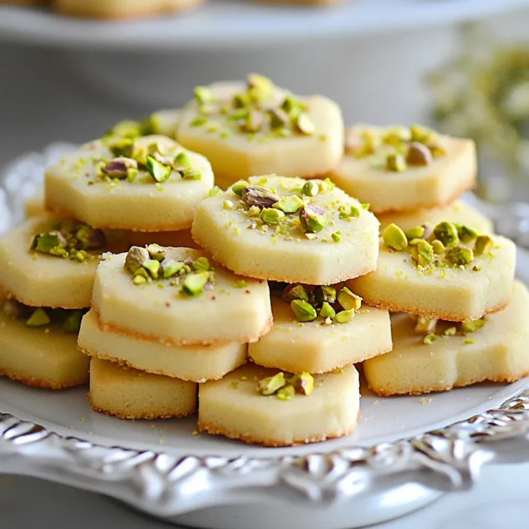 - 1 cup unsalted butter, at room temperature - ¾ cup powdered sugar - 2 cups all-purpose flour - ½ cup pistachios, finely chopped - ½ teaspoon ground cardamom - ¼ teaspoon salt - 1 teaspoon vanilla extract - Additional chopped pistachios for garnish Each ingredient in this recipe plays a vital role. The unsalted butter gives the cookies a rich flavor and a tender texture. I prefer using room-temperature butter, as it mixes better with the sugar. The powdered sugar adds sweetness and helps create a soft crumb. All-purpose flour forms the base of the dough. It provides structure to the cookies. Finely chopped pistachios add a nutty flavor and a delightful crunch. Ground cardamom brings a warm, aromatic spice that blends beautifully with the other flavors. Salt balances the sweetness and enhances the overall taste. Vanilla extract adds a lovely depth to the cookies, making them even more tempting. You can easily swap ingredients if needed. For the butter, use a plant-based option like vegan butter. If you need a sugar substitute, powdered coconut sugar works well. For a gluten-free version, replace all-purpose flour with a gluten-free blend. You can also use almond flour for a unique flavor. If you don’t have cardamom, cinnamon can be a good alternative. Feel free to get creative with these substitutions while keeping the spirit of the pistachio cardamom shortbread intact! {{ingredient_image_1}} Start by preheating your oven to 350°F (175°C). This step ensures even baking. Next, line a baking sheet with parchment paper. This will help the cookies not stick. Now, take your unsalted butter out. It should be at room temperature. This makes it easy to cream with the sugar. In a mixing bowl, add 1 cup of soft butter and ¾ cup of powdered sugar. Cream these together for about 3-4 minutes. You want the mixture to be light and fluffy. This step is key to a great texture. After creaming, add 1 teaspoon of vanilla extract to the butter mix. Stir it in well. In a separate bowl, combine 2 cups of all-purpose flour, ½ cup of finely chopped pistachios, ½ teaspoon of ground cardamom, and ¼ teaspoon of salt. Mix these dry ingredients until they are well blended. Now, gradually add the dry mix to the butter mixture. Mix it just until combined; be careful not to overmix. Overmixing can make your cookies tough. Once mixed, turn the dough onto a lightly floured surface. Shape it into a log, about 2 inches thick. Wrap this log in plastic wrap and refrigerate for at least 30 minutes. Chilling the dough helps it hold its shape when baking. After the dough has chilled, slice it into ¼-inch thick rounds. Place these slices on your prepared baking sheet, leaving about 1 inch between each. For a nice touch, sprinkle additional chopped pistachios on top of each cookie. Bake the cookies for 12-15 minutes. Keep an eye on them. You want the edges to be lightly golden. Once done, remove them from the oven and let them cool on the baking sheet for a few minutes. Then, transfer the cookies to a wire rack. Let them cool completely before serving. Enjoy your Pistachio Cardamom Shortbread with a hot cup of tea or coffee! To make the best Pistachio Cardamom Shortbread, focus on quality. Use fresh cardamom for a rich, warm flavor. The pistachios should be bright green and crunchy. They add a nice contrast to the buttery dough. A pinch of salt enhances sweetness and balances the flavors. When mixing, cream the butter and sugar well. This step adds air, giving cookies a light texture. Mix just until combined when adding flour. Overmixing can lead to tough cookies. Chill the dough for at least 30 minutes. This helps the cookies keep their shape while baking. Check for light golden edges. The centers may look soft, but that’s okay. They will firm up as they cool. If you want a crisper texture, leave them in the oven for an extra minute. Always cool them on a wire rack to avoid sogginess. Pro Tips Chill the Dough: Chilling the dough not only makes it easier to slice but also helps the cookies hold their shape while baking. Finely Chop Pistachios: Ensure the pistachios are finely chopped to distribute their flavor evenly throughout the shortbread. Use Room Temperature Butter: Using butter at room temperature allows for better incorporation of air, resulting in a lighter, fluffier texture. Watch the Baking Time: Keep an eye on the cookies while baking; they should be lightly golden around the edges for the perfect texture. {{image_2}} You can change the nuts in this recipe. Try almonds or hazelnuts for a new twist. Both give a nice crunch and flavor. If you want to mix it up, add chocolate chips or dried fruit. These additions can make your shortbread unique and fun! You can make these cookies gluten-free. Use a gluten-free flour blend instead of all-purpose flour. This swap works well, and you won't lose flavor. Just check that your other ingredients, like powdered sugar, are gluten-free too. Serve your Pistachio Cardamom Shortbread in fun ways. Pair them with tea or coffee for a lovely snack. You can also stack them in a jar for a cute gift. Adding a sprinkle of sea salt on top gives a nice contrast to the sweet cookie. Enjoy these cookies at a party or just for yourself! To keep your Pistachio Cardamom Shortbread fresh, store them in an airtight container. Line the container with parchment paper to absorb moisture. This step prevents the cookies from becoming soft. You can keep them at room temperature for about a week. If you want to save some cookies for later, freezing is a great option. Slice the dough into rounds before baking. Place the rounds on a baking sheet and freeze for about an hour. Then, transfer them to a freezer bag. They will last up to three months in the freezer. When you want to enjoy them, bake directly from frozen. Just add a few extra minutes to the baking time. Homemade Pistachio Cardamom Shortbread can last for a week at room temperature. If you freeze them, they can last three months. To check for freshness, look for any signs of spoilage. If the cookies feel soft or have an off smell, it’s best to discard them. I love serving Pistachio Cardamom Shortbread with a warm cup of tea or coffee. The rich butter and nutty flavor pair well with hot drinks. You can also serve them on a pretty plate for guests. Adding a sprinkle of extra chopped pistachios on top makes them look fancy. For a fun twist, try serving them with a side of whipped cream or a fruit spread. They can brighten up any snack time. Yes, you can easily make these cookies ahead of time. After mixing the dough, shape it into a log and wrap it. You can freeze the log for up to three months. When you are ready to bake, just slice and bake them straight from the freezer. This makes it easy to enjoy fresh cookies anytime. You can also bake them in advance. Just store them in an airtight container at room temperature. Homemade Pistachio Cardamom Shortbread lasts about one week. Store them in an airtight container to keep them fresh. If you want them to last longer, you can freeze them. They freeze well and can last for up to three months. Just remember to let them cool completely before storing. This ensures they stay crisp and tasty. Enjoy these delightful treats as a sweet snack or with a cozy drink! In this blog post, I shared how to make delicious Pistachio Cardamom Shortbread. We explored the key ingredients and offered easy substitutes. I provided simple steps for mixing, baking, and cooling the cookies. You learned tips for the best flavor and texture, along with fun variations to try. Don't forget storage tips to keep your cookies fresh. With this guide, you can enjoy tasty shortbread anytime, whether for yourself or to impress others. Baking is simple, fun, and rewarding! Enjoy each bite of your creations.