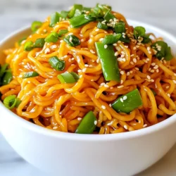To make sweet chili garlic noodles, you need these items: - 8 oz rice noodles - 3 tablespoons sweet chili sauce - 2 tablespoons soy sauce - 1 tablespoon sesame oil - 4 cloves garlic, minced - 1 tablespoon ginger, minced - 1 bell pepper, julienned (any color) - 1 cup snap peas - 2 green onions, chopped - 1 tablespoon sesame seeds (for garnish) - Fresh cilantro leaves (for garnish, optional) These ingredients create a balance of sweet, savory, and crunchy. If you can't find rice noodles, try using spaghetti or udon noodles. For sweet chili sauce, a mix of honey and chili flakes works well. If you need a soy sauce substitute, use tamari or coconut aminos. For sesame oil, olive oil can work in a pinch. Any color bell pepper will do, so choose your favorite. You can swap snap peas for green beans or broccoli. Rice noodles are gluten-free and easy to digest. They provide quick energy. Sweet chili sauce adds flavor but keep an eye on the sugar content. Garlic is great for heart health and may boost your immunity. Ginger helps with digestion and adds spice. Bell peppers are full of vitamins A and C, which are good for skin health. Snap peas add fiber, which helps keep you full. Green onions bring in more vitamins and a fresh crunch. {{ingredient_image_1}} First, grab your rice noodles. You need 8 oz for this dish. Boil water in a pot. Once the water boils, add the noodles. Cook them as the package says, usually about 4 to 6 minutes. Drain the noodles well and set them aside. They should be soft but not mushy. Next, let’s cook the garlic and ginger. Mince 4 cloves of garlic and 1 tablespoon of ginger. Heat a large pan or wok over medium heat. Add a tablespoon of oil to the pan. Once hot, add the minced garlic and ginger. Stir them for about 30 seconds. You want them fragrant but not burnt. Now it’s time for the veggies! Take 1 bell pepper, julienned, and 1 cup of snap peas. Add them to the pan with garlic and ginger. Stir-fry for 2 to 3 minutes. The veggies should be tender-crisp. In a small bowl, mix 3 tablespoons of sweet chili sauce, 2 tablespoons of soy sauce, and 1 tablespoon of sesame oil. Pour this sauce over the veggies. Stir well to coat everything. Then, add the rice noodles to the pan. Toss everything together for another 2 to 3 minutes. Make sure the noodles are hot and coated in sauce. Finally, remove from heat and stir in half of the chopped green onions. Your sweet chili garlic noodles are ready to serve! To get the best noodle texture, start with rice noodles. Soak them in hot water for about 10 minutes. This keeps them soft and chewy. After soaking, drain them well. Don't overcook them; they can turn mushy. Stir-fry them quickly to keep that perfect bite. If you like it spicy, add more sweet chili sauce. You can also include red pepper flakes for heat. For a milder dish, use less sauce. Always taste as you go. This way, you can adjust to find your perfect balance. Prep your ingredients ahead of time. Chop the garlic, ginger, and veggies before cooking. This saves time when you start cooking. Use a large pan or wok for even cooking. Clean as you go to keep your workspace tidy. Cook in batches if you have a large group. This helps everyone enjoy the meal at the same time. Pro Tips Perfect Noodle Texture: Make sure to rinse the rice noodles under cold water after cooking to stop the cooking process and prevent them from becoming mushy. Customize Your Veggies: Feel free to swap in your favorite vegetables or whatever you have on hand for a personalized touch. Spice Level: Adjust the amount of sweet chili sauce to manage the heat level. Add more for a sweeter dish or less for a milder flavor. Garnish for Flavor: Don’t skip the garnish! Fresh cilantro and sesame seeds add not only visual appeal but also enhance the overall flavor of the dish. {{image_2}} You can easily make sweet chili garlic noodles vegetarian or vegan. Simply skip any meat and use plant-based sauces. Choose soy sauce or tamari for a gluten-free option. Add more veggies instead of meat. I love using extra bell peppers, carrots, or mushrooms for texture and flavor. Adding protein makes this dish more filling. Cooked chicken or shrimp works well. Just sauté them with garlic and ginger before adding other ingredients. If you prefer tofu, use firm or extra-firm. Cube it and fry until golden before mixing it in. This adds a nice crunch and protein boost. You can boost flavors with spices and herbs. Try adding red pepper flakes for heat. Fresh basil or mint can add a nice touch. You can also mix in lime juice for a zesty twist. These small changes can make your meal more exciting and tailored to your taste. To keep your sweet chili garlic noodles fresh, store them in an airtight container. Let the noodles cool before sealing. Place them in the fridge within two hours of cooking. They will stay good for about three to four days. Keep the sauce and toppings separate for best texture. When you are ready to eat the leftovers, use a skillet or a microwave. For a skillet, add a splash of water or oil to help them heat evenly. Stir the noodles over low heat until they are warm. If using a microwave, heat them in short bursts. Stir every 30 seconds to avoid hot spots. You can freeze sweet chili garlic noodles if you want to save them for later. Just pack them in freezer-safe bags or containers. Make sure to remove as much air as possible. They can last up to three months in the freezer. When you're ready to eat, thaw them in the fridge overnight. Then reheat as mentioned above. You can pair sweet chili garlic noodles with many tasty sides. Here are some ideas: - Grilled chicken or shrimp adds protein. - A fresh salad with crunchy veggies is great. - Steamed broccoli or bok choy complements the dish well. - Egg rolls or spring rolls bring extra crunch. These sides enhance flavors and make a full meal. Yes, you can easily make sweet chili garlic noodles gluten-free. Use these swaps: - Choose gluten-free rice noodles instead of regular ones. - Opt for gluten-free soy sauce or tamari. - Check the sweet chili sauce label for gluten-free options. These changes keep the taste while being safe for gluten-sensitive diets. You can customize sweet chili garlic noodles in many ways. Here are some suggestions: - Add proteins like chicken, shrimp, or tofu for heartiness. - Mix in your favorite veggies like carrots or mushrooms. - Adjust the sweet chili sauce for more or less heat. - Try adding fresh herbs like basil or mint for a twist. These tweaks let you make the dish your own. This blog post covered all you need for sweet chili garlic noodles. We looked at key ingredients, cooking steps, and easy tips. I shared variations for different diets and storage tips to keep meals fresh. You can make it your own with the right spices and proteins. Remember, cooking is fun and a chance to be creative. With these guidelines, you can enjoy a delicious meal every time you cook. Dive in and experiment!