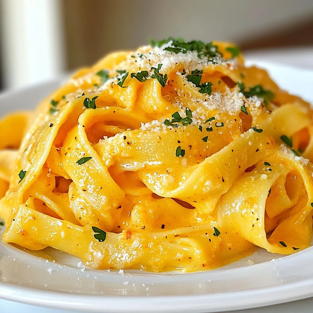 - 12 oz pasta of your choice (fettuccine or penne works best) - 2 large red bell peppers - 1 tablespoon olive oil - 3 cloves garlic, minced - ½ cup heavy cream (or coconut cream for a dairy-free option) - ¼ cup grated Parmesan cheese (optional) - 1 teaspoon dried basil - 1 teaspoon dried oregano - Salt and pepper to taste - Fresh parsley, chopped (for garnish) You can swap the pasta for whole grain or gluten-free types. Instead of heavy cream, try coconut cream for a light taste. If you don’t have Parmesan, nutritional yeast gives a cheesy flavor. Use fresh herbs if you want a brighter taste. Add a pinch of red pepper flakes for heat. You can mix in spinach or cherry tomatoes for extra color and nutrition. For a smoky taste, add smoked paprika. If you love nuts, sprinkle pine nuts on top for crunch. {{ingredient_image_1}} First, preheat your oven to 400°F (200°C). This heat will help char the peppers. Next, take two large red bell peppers and place them on a baking sheet. Drizzle them with olive oil to help with roasting. Roast the peppers for 25 to 30 minutes. You want the skins to get charred and blistered. After roasting, cover the peppers in a bowl with plastic wrap. Let them steam for about 10 minutes. This steaming makes it easy to peel the skin off. Once cooled, carefully peel the skins, remove the seeds, and slice the peppers into strips. In a large pan, heat one tablespoon of olive oil over medium heat. Add three cloves of minced garlic and sauté them for about one minute. You want the garlic to smell nice, not brown. Next, add the roasted red peppers into the pan and cook for two more minutes. This step brings out the flavors. Now, transfer the pepper and garlic mix to a blender. Pour in half a cup of heavy cream and add ¼ cup of grated Parmesan cheese if you like. Don’t forget one teaspoon each of dried basil and oregano, plus some salt and pepper. Blend everything until it’s smooth and creamy. While making the sauce, cook 12 ounces of your favorite pasta in salted water. Follow the package instructions until it’s al dente. Remember to save about ½ cup of the pasta water before draining the pasta. This water helps in mixing the sauce later. After draining, add the pasta back into the pan you used for the peppers. Pour the creamy roasted red pepper sauce over the pasta. Mix well. If the sauce is too thick, add some reserved pasta water little by little until it reaches your desired consistency. Taste the pasta and add more seasoning if needed. To make perfect pasta, always use plenty of water. This helps the pasta cook evenly. Add a good amount of salt to the water. It should taste like the sea. Cook the pasta just until it is al dente. This means it should still have a slight bite. When you drain the pasta, save some water. This starchy water helps your sauce stick better. If your sauce is too thick, use a little pasta water to thin it out. You can boost the flavor in many ways. For a smoky taste, add a pinch of smoked paprika when blending the sauce. Fresh herbs also add great flavor. Try using basil or thyme for a fresh twist. If you want a kick, add red pepper flakes. Just a tiny pinch can spice things up. You can also sprinkle some extra Parmesan cheese on top for a richer flavor. If your pasta seems bland, check the seasoning. Add more salt or pepper to enhance the taste. If the sauce is too thick, remember to add reserved pasta water gradually. If the sauce separates, blend it again. A quick blend can bring it back together. If you burn the garlic, don’t panic. Start over with fresh garlic. Burnt garlic can ruin the flavor of your dish. Keep these tips handy, and your creamy roasted red pepper pasta will shine at any meal! Pro Tips Roasting Peppers: For a deeper flavor, roast the peppers until they're well-charred. This will enhance the smokiness of your sauce. Pasta Cooking: Always cook pasta in generously salted water; it should taste like the sea. This adds flavor to the pasta itself. Adjusting Sauce Consistency: If the sauce is too thick, use the reserved pasta water to thin it out gradually until it reaches your desired creaminess. Herb Substitutions: Feel free to experiment with fresh herbs instead of dried ones. Fresh basil or oregano adds a vibrant taste to your sauce. {{image_2}} You can easily make this dish vegan. Swap the heavy cream with coconut cream. This gives a rich taste without dairy. If you want a lighter option, you can use almond or cashew cream. For cheese lovers, skip the Parmesan or use a vegan version. This keeps the flavors bright and creamy. While fettuccine and penne are great, you can try other pasta types. Spaghetti, farfalle, or even whole wheat pasta work well too. Each pasta brings a unique texture. Choose what you like best for this dish. Cooking times may vary, so check the package instructions. To make this meal heartier, add protein or veggies. Cooked chicken, shrimp, or tofu blend nicely with the sauce. For veggies, try spinach, broccoli, or cherry tomatoes. You can sauté them with the garlic for extra flavor. This makes your dish colorful and nutritious. After you finish your meal, let the pasta cool down. Place it in an airtight container. You can keep it in the fridge for up to three days. Make sure to seal it tightly to keep it fresh. If you want to enjoy it later, this method works great! To reheat the pasta, you can use a pan or microwave. If using a pan, add a splash of water. Heat it over low heat, stirring until warm. In the microwave, heat it in 30-second intervals. Stir between each interval to avoid hot spots. This keeps the creamy texture just right. If you want to freeze the pasta, put it in a freezer-safe container. Make sure to leave some space at the top for expansion. You can freeze it for up to three months. When you’re ready to eat, thaw it in the fridge overnight. Reheat it gently for the best taste. You can use coconut cream for a dairy-free option. Silken tofu also works well. Both options will keep the dish creamy and delicious. You can blend silken tofu until smooth. This adds a nice texture without using dairy. This pasta lasts about three to five days in the fridge. Store it in an airtight container to keep it fresh. Remember to let it cool before sealing it up. This helps to avoid extra moisture that can make it soggy. Yes, you can make this dish ahead of time. Cook the pasta and sauce separately, then combine them when you are ready to serve. This keeps the pasta from getting too soft. You can also reheat the sauce gently on the stove. Add a splash of water to help it loosen up. In this article, we explored all the essential aspects of making Creamy Roasted Red Pepper Pasta. You learned about key ingredients and substitutions for flexibility. The step-by-step guide showed how to prep, cook, and combine everything perfectly. With tips for ideal pasta and ways to enhance flavors, you can avoid common pitfalls. We also discussed tasty variations, storage methods, and answered common questions. Enjoy creating this dish to wow your friends and family! Remember, cooking should be fun and satisfying.