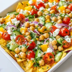 - 8 ounces pita chips - 1 cup cooked chickpeas (canned or boiled) - 1 cup cherry tomatoes, halved - 1 cucumber, diced - 1/2 red onion, finely chopped - 1/2 cup Kalamata olives, pitted and sliced - 1 cup crumbled feta cheese - 1/2 cup tzatziki sauce - 2 tablespoons olive oil - 1 teaspoon dried oregano - Salt and pepper to taste - Fresh parsley or dill for garnish To make a loaded Greek nacho tray, you need a mix of fresh and tasty ingredients. Start with pita chips as the base. They give a nice crunch. Add cooked chickpeas for protein and texture. Cherry tomatoes bring sweetness and color. Dice cucumber for a cool, crisp bite. Next, finely chop red onion for a sharp flavor. Kalamata olives add a briny kick. Crumbled feta cheese provides creaminess and tang. Drizzle tzatziki sauce over the top for a refreshing finish. Use olive oil to enhance all flavors. Dried oregano gives a hint of warmth. Don’t forget salt and pepper to taste. Finally, garnish with fresh parsley or dill for a burst of color and flavor. This blend of ingredients makes for a delicious and colorful dish. Each bite bursts with flavor, which everyone will love at your party. {{ingredient_image_1}} - Preheat your oven to 350°F (175°C). - Spread pita chips evenly on a large baking tray. - In a bowl, combine chickpeas, cherry tomatoes, cucumber, red onion, and olives. Start by preheating the oven. This step ensures that your nachos get nice and warm. Pita chips go on the baking tray. Use a large tray so the chips have enough space. Now, take a bowl and mix the chickpeas, cherry tomatoes, cucumber, red onion, and Kalamata olives. This mixture brings bright colors and fresh flavors. Make sure to toss it well so that each piece gets coated with olive oil and oregano. - Distribute the vegetable mixture on pita chips. - Bake nachos in the oven. Now, evenly distribute the vegetable mix over the pita chips. This step adds great flavor to every bite. Place the tray in the oven and bake for about 10-12 minutes. You want the chips to be warm and a bit crispy. - Add feta cheese and tzatziki sauce. - Garnish with fresh herbs. After baking, take the tray out of the oven. Sprinkle crumbled feta cheese on top. This adds a creamy texture. Then, drizzle the tzatziki sauce over the nachos. This sauce gives a cool finish. Finally, garnish with fresh parsley or dill. These herbs add color and a fresh taste. Enjoy your colorful and tasty Loaded Greek Nacho Tray! How to choose the best pita chips Look for pita chips that are thick and crunchy. Thin chips can break easily. Check the flavor too. Herbed or plain chips work well. You want chips that can hold all the toppings without getting soggy. Tips for making homemade tzatziki Making tzatziki is easy. Start with plain Greek yogurt. Grate a cucumber and squeeze out extra water. Mix the yogurt with the cucumber, minced garlic, and a dash of olive oil. Add salt and fresh dill for flavor. Let it chill for at least 30 minutes. This makes the flavors stronger. Ideas for garnishes Garnish your nacho tray with fresh parsley or dill. Lemon wedges add a bright touch. You can also sprinkle some paprika for color. These small additions make the tray more inviting. Best beverages to pair with loaded Greek nacho tray Pair these nachos with a light white wine, like Sauvignon Blanc. A cool, crisp beer also works well. For non-alcoholic options, try lemonade or sparkling water with a slice of lemon. These drinks balance the rich flavors of the nachos. Casual serving vs. formal presentation For a casual serving, keep the nachos on the baking tray. This makes it easy to grab and enjoy. For a formal look, transfer the nachos to a nice platter. Arrange the toppings neatly and add extra garnishes. This adds a touch of elegance to your gathering. Pro Tips Use Fresh Ingredients: Opt for fresh, seasonal vegetables for a more vibrant and flavorful nacho tray. Customize Your Toppings: Feel free to add other toppings like roasted red peppers or artichokes for added texture and flavor. Make it Ahead: Prepare the chickpea mixture ahead of time and assemble just before baking to save time. Serve Warm: Serve your nachos immediately after baking for the best texture — crispy chips and melty feta! {{image_2}} You can easily swap ingredients to make this dish your own. If you want to change the chickpeas, try black beans or lentils. These options add protein and flavor. For cheese, feta is great, but you can also use goat cheese or a dairy-free option. Each choice offers a unique taste and texture. Spice things up by adding chili flakes or hot sauce. A little heat can make a big difference. You can also use seasonal veggies. For example, add bell peppers in summer or roasted squash in fall. These fresh ingredients bring vibrant colors and flavors to your nachos. To make this dish vegan, skip the feta cheese and tzatziki. Use avocado or a vegan cheese instead. If you need a gluten-free option, ensure your pita chips are certified gluten-free. This way, everyone can enjoy the loaded Greek nacho tray. To store your loaded Greek nacho tray, let it cool first. Place the leftovers in an airtight container. Store it in the fridge for up to three days. This keeps the flavors fresh. If you wait too long, the chips may get soggy. Use a layer of parchment paper to help keep the crunch. When reheating, I recommend using an oven. Preheat it to 350°F (175°C). Spread the nachos on a baking tray. Bake for about 5-7 minutes. This method keeps the chips crispy. The microwave works too, but it makes the chips soft. If you are in a hurry, the microwave is fine. Just heat for 30 seconds, checking often. Enjoy your tasty snack without losing its charm! What is a loaded Greek nacho tray? A loaded Greek nacho tray is a fun twist on classic nachos. Instead of cheese and salsa, it uses pita chips topped with Mediterranean ingredients. You get chickpeas, fresh veggies, olives, and feta cheese. The tzatziki sauce adds a creamy touch. This dish is perfect for parties or casual snacks. Can I make this recipe ahead of time? Yes, you can prep many parts ahead. Chop your veggies and mix them with the chickpeas. Store them in the fridge until you are ready to bake. Just wait to add the feta cheese and tzatziki until you serve. This keeps everything fresh and tasty. How do I make tzatziki sauce from scratch? To make tzatziki sauce, mix yogurt, grated cucumber, garlic, olive oil, and lemon juice. Add salt and pepper to taste. Stir well and let it chill for a bit. This sauce is cool and refreshing, perfect for drizzling on nachos. What to serve with loaded Greek nachos? You can serve Greek nachos with a side salad or grilled veggies. Pair them with hummus for extra flavor. A light drink like lemonade or iced tea works well too. These options balance the rich flavors of the nachos. How many servings does this recipe yield? This recipe yields about 4 to 6 servings. It’s great for sharing with friends or family. You can easily double the recipe if you have a larger crowd. Can I use different types of beans? Yes, you can swap chickpeas for black beans or kidney beans. Each type adds its own flavor and texture. Just make sure to rinse canned beans to reduce sodium. Is feta cheese necessary for this recipe? Feta cheese adds a salty, tangy taste that complements the dish. If you want to skip it, try using goat cheese or a dairy-free option. You’ll still get yummy flavors without the feta. This blog post shows how to make tasty loaded Greek nachos. You learned about the best ingredients and how to prepare them. I shared tips for perfecting your recipe and suggested fun variations. You also found helpful storage advice and answers to common questions. Now, it’s time to enjoy your creation. Get ready to impress your friends and family with this fun dish. Enjoy every bite of your loaded Greek nachos!