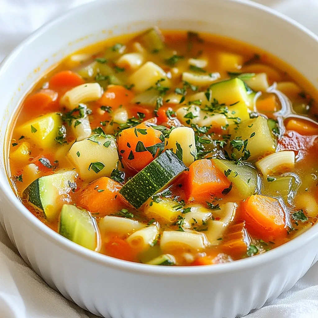 To make a tasty Instant Pot Minestrone Soup, gather these ingredients: - 1 tablespoon olive oil - 1 onion, diced - 3 cloves garlic, minced - 2 carrots, peeled and diced - 2 celery stalks, diced - 1 zucchini, diced - 1 bell pepper (any color), diced - 1 cup green beans, cut into 1-inch pieces - 1 can (15 oz) diced tomatoes, with juices - 6 cups vegetable broth - 1 teaspoon dried oregano - 1 teaspoon dried basil - 1 teaspoon thyme - 1 bay leaf - 1 can (15 oz) kidney beans, drained and rinsed - 1 cup pasta (small shapes like ditalini or elbows) - Salt and pepper to taste - Fresh parsley, chopped (for garnish) You can switch up some ingredients if needed. Here are a few ideas: - Use canola oil instead of olive oil. - Swap kidney beans for cannellini beans or black beans. - Replace vegetable broth with chicken broth for more flavor. - Pick any fresh seasonal veggies you like. Spinach or kale work great too. Fresh herbs can really boost the flavor of your soup. Here are my favorites: - Basil: Use fresh basil leaves for a bright taste. - Parsley: Chopped parsley adds color and freshness. - Thyme: Fresh thyme gives a nice earthy note. Try these herbs to make your Instant Pot Minestrone Soup even better! {{ingredient_image_1}} Start by gathering your vegetables. You need onion, garlic, carrots, celery, zucchini, bell pepper, and green beans. Dice them all into small pieces. This helps them cook evenly. Heat the Instant Pot by selecting the Sauté function. Once it’s hot, add one tablespoon of olive oil. Wait a moment before adding the diced onion. Sauté for 2-3 minutes until the onion turns soft and clear. Next, add the minced garlic, diced carrots, and celery. Stir these together and cook for another 3 minutes. This builds flavor. Now, add the zucchini, bell pepper, and green beans. Stir again for about 2 minutes. The goal is to let the vegetables sweat and soften a bit. Now it's time to make the soup! Pour in one can of diced tomatoes, with their juices, and 6 cups of vegetable broth. Stir well to combine. Next, sprinkle in one teaspoon each of dried oregano, basil, and thyme. Add one bay leaf for extra taste. Mix everything together, making sure the herbs are spread out. Add one can of kidney beans, drained and rinsed. This adds protein and makes the soup hearty. Close the Instant Pot lid tightly and ensure the vent is sealed. Select the Soup setting or cook on high pressure for 5 minutes. When it’s done, let the pressure release naturally for about 5 minutes. Then, switch the vent to release any remaining pressure. Carefully open the lid and remove the bay leaf. Now, it’s time to add the pasta. Stir in one cup of small pasta shapes, like ditalini or elbows. Change the Instant Pot back to the Sauté function. Cook for another 5-7 minutes. Stir occasionally until the pasta is tender. Finally, season the soup with salt and pepper to taste. Adjust it according to your preference. Serve the soup hot, garnished with fresh chopped parsley. This adds a nice touch of color and flavor. Enjoy your warm, hearty bowl of minestrone soup! To boost the taste of your minestrone soup, try a few simple tips. First, use fresh herbs like basil and parsley. They add bright flavors. You can also add a splash of lemon juice for a fresh kick. If you want more depth, a dash of balsamic vinegar can work wonders. Lastly, consider adding some grated Parmesan cheese to the serving bowl. It melts in and makes every bite richer. Many cooks make a few common errors when making soup. One mistake is cooking the pasta too long. It can become mushy. Instead, add it right before serving. Another mistake is not seasoning enough. Taste as you go and adjust the salt and pepper. Lastly, don’t skip the sautéing step at the start. It helps the onions and garlic release their flavors. You don't need fancy tools to make great soup! Here are the basics: - Instant Pot: This is key for quick cooking and flavor. - Cutting board: A sturdy board makes chopping easier. - Sharp knife: A good knife helps with prep. - Ladle: This is perfect for serving soup. - Measuring cups and spoons: Accurate measurements keep recipes on track. With these tools, you’ll have a smooth cooking experience. Enjoy your flavorful Instant Pot minestrone soup! Pro Tips Fresh Herbs for Flavor: Use fresh herbs instead of dried when possible for a brighter, more vibrant flavor in your soup. Cooking Pasta Separately: For a thicker soup, consider cooking the pasta separately and adding it just before serving to maintain its texture. Veggie Variations: Feel free to swap in any seasonal vegetables you have on hand, such as spinach or peas, to customize your minestrone. Storage Tips: Store leftovers in an airtight container in the fridge for up to 3 days, or freeze for up to 3 months for a quick meal later. {{image_2}} You can easily make this minestrone soup vegetarian or vegan. The recipe is already vegetarian since it uses vegetable broth. To make it vegan, just skip any cheese toppings. You can also add more beans for protein. Chickpeas or lentils work great. They add texture and nutrition without any animal products. To make this soup gluten-free, swap regular pasta for gluten-free pasta. Look for small shapes like ditalini or elbows made from rice or corn. You can also skip the pasta altogether and add more beans or vegetables. This keeps the soup hearty without gluten. Use seasonal vegetables to keep things fresh and fun. In spring, add asparagus or peas. In summer, toss in fresh tomatoes or corn. In fall, sweet potatoes or butternut squash give a nice touch. Winter calls for root veggies like parsnips or turnips. Adjust the herbs based on what's fresh for a burst of flavor. To store your leftover minestrone soup, let it cool first. You can keep it in an airtight container. Place it in the fridge for up to four days. Make sure to label the container with the date. This way, you will know when to eat it. You can freeze minestrone soup for later. First, let it cool completely. Then, pour it into freezer-safe bags or containers. Leave some space for expansion. You can store it in the freezer for up to three months. When you're ready to eat, just thaw it in the fridge overnight. Reheat your minestrone soup on the stove or in the microwave. If using the stove, pour the soup into a pot and heat it over medium-low heat. Stir often until hot. For the microwave, place the soup in a bowl and cover it. Heat for two to three minutes, stirring halfway through. Always check the temperature before serving. Enjoy the warm soup! Minestrone soup lasts about 3 to 5 days in the fridge. Store it in an airtight container. This keeps it fresh and tasty. Make sure it cools down before you put it in the fridge. If you are not sure, always check for any off smells or changes in color. Yes, you can use different beans or vegetables. This soup is very flexible! You can swap kidney beans for black beans or chickpeas. You can also add more veggies like spinach or kale. Just chop them small so they cook well. Customize it to your taste! Small pasta shapes work best for minestrone soup. Ditalini or elbow macaroni are great choices. They hold the broth well and fit nicely on a spoon. You can also use gluten-free pasta if you need. Just be mindful of the cooking time, as it may differ. This blog post covered how to make delicious minestrone soup. You learned about essential ingredients, their substitutes, and ways to add fresh herbs and spices. I shared step-by-step instructions for making it in an Instant Pot. I also included tips to enhance flavor and avoid common mistakes. You can explore variations like vegan options and how to store leftovers for later. Minestrone soup is simple to make and enjoy. Experiment with the ingredients and find your favorite mix!