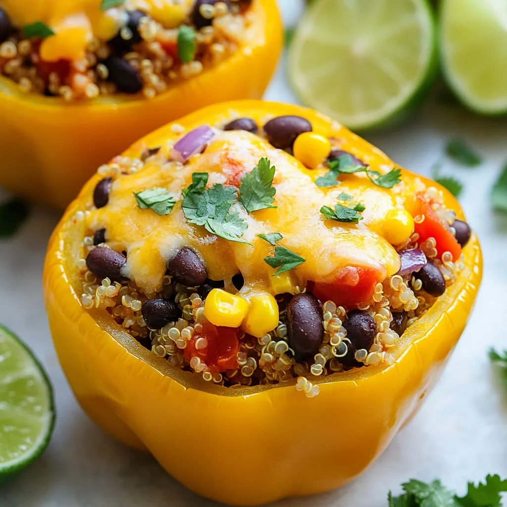 - 4 large bell peppers (any color) - 1 cup quinoa, rinsed - 2 cups vegetable broth - 1 can (15 oz) black beans, drained and rinsed - 1 cup corn (fresh, frozen, or canned) - 1 cup diced tomatoes (fresh or canned) - 1 small red onion, finely chopped - 1 teaspoon cumin - 1 teaspoon smoked paprika - 1/2 teaspoon chili powder - Salt and pepper to taste - 1 cup shredded cheese (cheddar or pepper jack) - Fresh cilantro, chopped for garnish - Lime wedges for serving Gathering the right ingredients sets you up for success. Start with bell peppers. You can choose any color: red, yellow, green, or orange. Each adds a nice touch and flavor. Next is quinoa. Rinse it well before cooking to remove any bitter taste. This step is key for great flavor. Use vegetable broth for cooking the quinoa. This adds depth and richness to the dish. Black beans are a must. They bring protein and a sturdy texture. Make sure to drain and rinse them well. Corn is next. You can use fresh, frozen, or canned corn. Each option works well and adds sweetness. For the filling, diced tomatoes are essential. You can use fresh tomatoes or canned ones. Both options work nicely. A small red onion gives a sweet touch when cooked. Chop it finely to mix well with the other ingredients. Now, let's talk spices. Cumin, smoked paprika, and chili powder create a warm, Southwest flavor. Adjust the amounts to your taste. Don’t forget salt and pepper for seasoning. The cheese is optional but adds creaminess. You can use shredded cheddar or pepper jack for a kick. Finally, garnishes are important. Fresh cilantro adds brightness. Lime wedges serve as a refreshing side. They give a zesty touch when squeezed over the peppers. With these ingredients, you are ready to create a tasty and healthy meal! {{ingredient_image_1}} - Preheat your oven to 375°F (190°C). - Take four large bell peppers and slice off their tops. Remove all seeds. Set them aside. - In a medium pot, bring 2 cups of vegetable broth to a boil. Add 1 cup of rinsed quinoa. Lower the heat, cover it, and let it simmer for about 15 minutes. Once done, fluff the quinoa with a fork and set it aside. - In a large mixing bowl, combine the cooked quinoa, 1 can of black beans (drained and rinsed), 1 cup of corn, and 1 cup of diced tomatoes. - Add 1 small chopped red onion, 1 teaspoon of cumin, 1 teaspoon of smoked paprika, and 1/2 teaspoon of chili powder. - Season with salt and pepper to taste. Mix well to ensure all ingredients are evenly spread. - Spoon the quinoa mixture into each bell pepper. Pack it tightly to fit all the filling. - Place the stuffed peppers upright in a baking dish. Sprinkle 1 cup of shredded cheese over the tops. - Cover the dish with aluminum foil and place it in the oven. Bake for 25 minutes. After that, remove the foil and bake for an extra 10-15 minutes. This will make the peppers tender and the cheese bubbly. - Once baked, take the peppers out and let them cool for a few minutes. - Garnish with fresh chopped cilantro. Serve with lime wedges on the side for added zest. To cook quinoa perfectly, use a 2:1 ratio of broth to quinoa. Bring the broth to a boil. Then, add the rinsed quinoa. Lower the heat, cover, and simmer for 15 minutes. Fluff it with a fork afterward. This method keeps your quinoa light and fluffy. For even cooking of your stuffed peppers, make sure they are all the same size. Cut the tops off and remove seeds. Place them upright in your baking dish. This helps them cook evenly and stay firm. To enhance the flavor, try adding spices like coriander or oregano. Fresh herbs can also make a big difference. Chopped cilantro or parsley adds freshness. You can switch up the cheese too. Cheddar gives a rich taste, while pepper jack adds a kick. Experimenting with cheese can bring out new flavors in your dish. Stuffed peppers pair well with a green salad or brown rice. A light side complements the peppers well. If you have leftovers, reuse the filling in tacos or burritos. You can also mix it into a salad for a quick lunch. This way, nothing goes to waste, and you enjoy new meals! Pro Tips Choose Colorful Peppers: Using a mix of bell pepper colors not only makes the dish visually appealing but also adds a slight variation in flavor. Cook Quinoa Perfectly: Rinsing quinoa before cooking removes bitterness. Make sure to fluff it with a fork after cooking for the best texture. Customize the Filling: Feel free to add other ingredients like diced zucchini or spinach to the quinoa mixture for extra nutrition and flavor. Serve with Extra Lime: A squeeze of fresh lime juice just before serving brightens up the flavors and adds a refreshing touch. {{image_2}} You can change the grains in this recipe. Try using brown rice or couscous instead of quinoa. Both options add a nice texture. They also keep the dish filling and tasty. For protein, you can swap black beans for chicken or tofu. Chicken adds a hearty bite. Tofu makes the dish light and vegan-friendly. You can pick what you like best! If you're vegan, use plant-based cheese to keep it dairy-free. You can also skip the cheese completely. The peppers still taste great without it! For gluten-free options, ensure you use gluten-free grains. Quinoa is naturally gluten-free, so it’s a perfect choice. Always check labels on packaged foods to be safe. To enhance the Southwest flavor, add jalapeños for heat. Chopped green chilies also work well. They bring a nice kick to the dish. If you want an international twist, think about Mediterranean flavors. Add feta cheese and olives for a fresh taste. For an Italian version, use marinara sauce and mozzarella cheese. Each change can give the dish a fun new vibe! To store leftovers, place the stuffed peppers in an airtight container. Make sure they cool down first. This helps keep them fresh and tasty. You can store them in the fridge for up to three days. When you are ready to eat, reheat them in the oven for best results. Preheat the oven to 350°F (175°C). Place the peppers on a baking sheet and cover them with foil. Heat for about 15 to 20 minutes until warm. You can freeze cooked stuffed peppers for later. First, let them cool completely. Then wrap each pepper tightly in plastic wrap. Place them in a freezer-safe bag or container. They will stay fresh for up to three months. When you want to eat them, take them out of the freezer and thaw them in the fridge overnight. After that, reheat as mentioned above. In the fridge, stuffed peppers last about three days. If you freeze them, they can last up to three months. Always check for any signs of spoilage before eating. You can use brown rice or couscous instead of quinoa. Both give a nice texture. If you want a grain-free option, try cauliflower rice. To add heat, use jalapeños or add cayenne pepper to the filling. You could also use spicy cheese. Yes, you can prepare the filling a day before. Just store it in the fridge. You can stuff the peppers and bake them later. I love using red, yellow, and green bell peppers. They all taste great! Red peppers are sweeter, while green ones are more tangy. You can skip the cheese or use a low-fat version. Also, reduce the amount of quinoa or add more veggies. Yes, you can skip the cheese. You can also use a dairy-free cheese if you want. The stuffed peppers will still taste yummy! Stuffed bell peppers are a fun and tasty dish you can easily make at home. We covered ingredients, preparation, and tips to make the best meal. You learned about swaps and variations if you want to mix things up. Storing your leftovers also keeps them fresh for later. Now, grab your ingredients and try this recipe. I’m sure you'll enjoy making and eating these delicious peppers. With a little creativity, you can make this dish your own. Happy cooking!