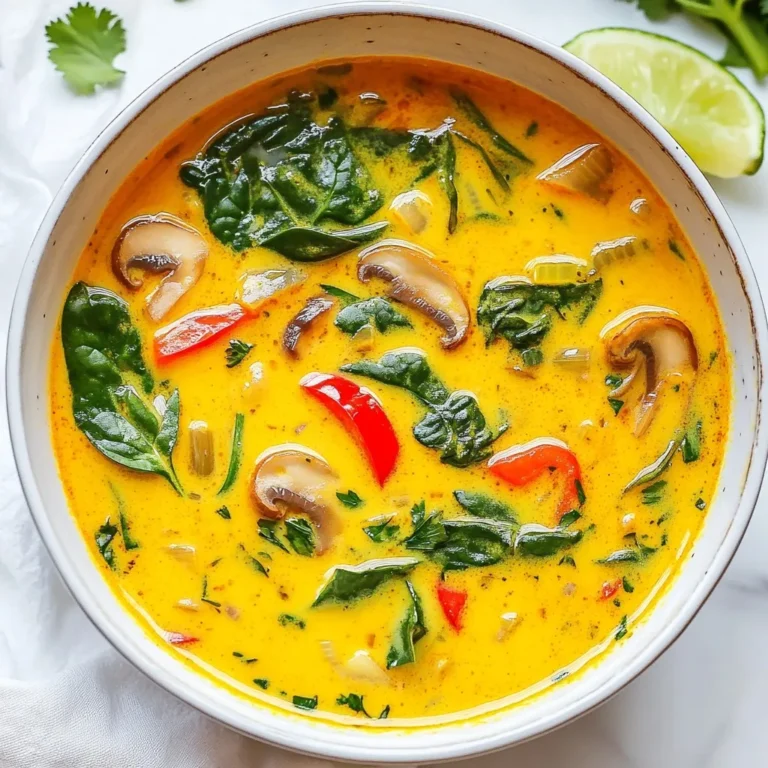 - 1 can (14 oz) coconut milk - 2 cups vegetable broth - 1 tablespoon red curry paste - 1 (1-inch) piece of ginger, sliced - 2 stalks of lemongrass, trimmed and smashed - 1 cup shiitake mushrooms, sliced - 1 red bell pepper, thinly sliced - 1 cup baby spinach - 2 tablespoons soy sauce - 1 tablespoon lime juice - 1 tablespoon brown sugar - 1-2 Thai bird's eye chilies (adjust to spice preference) - Fresh cilantro, chopped (for garnish) - Lime wedges (for serving) These ingredients create a rich and creamy base for the soup. The coconut milk gives it a smooth texture. The vegetable broth adds depth. Red curry paste brings heat and flavor. Fresh veggies add crunch and color. You can swap in different proteins or vegetables. Chicken or tofu works well in this soup. Use any fresh veggies you have on hand. For a dairy-free option, stick to coconut milk. - Large pot - Chef’s knife - Cutting board These tools help you prep and cook efficiently. A large pot holds all the ingredients. A sharp chef's knife cuts veggies with ease. A cutting board keeps your workspace clean and safe. {{ingredient_image_1}} In a large pot, pour in the coconut milk and vegetable broth. Stir them together over medium heat. Make sure they mix well. Next, add the red curry paste, sliced ginger, and smashed lemongrass. Stir this mixture to blend all the flavors. Watch as it begins to simmer gently, filling your kitchen with a lovely aroma. Once the base is simmering, it’s time to add the vegetables. Toss in the sliced shiitake mushrooms and the thinly sliced red bell pepper. Don’t forget the Thai bird's eye chilies for heat! Let the soup simmer for about 5 to 7 minutes. This step helps the veggies become tender and soak up all those vibrant flavors. After the vegetables have cooked, it’s time to remove the inedible parts. Take out the ginger slices and lemongrass stalks. Now, add the baby spinach to the pot. Pour in the soy sauce, lime juice, and brown sugar. Stir until the spinach wilts down. This adds a fresh taste to your soup. Taste it and adjust if needed. You can add more soy sauce or lime juice for extra flavor. To make your soup really stand out, you can enhance the spice levels. Start with one Thai bird's eye chili. If you like more heat, add another. Test the soup after letting it simmer. Adjust as needed. Balancing sweet and sour is key too. Use lime juice for tang and brown sugar for sweetness. These flavors should dance together for a perfect bite. Pre-chopping ingredients can save time. Slice your mushrooms and bell pepper ahead of time. You can also smash the lemongrass in advance. Using premade curry paste is a smart move. It saves time and still brings great flavor. Just make sure it's a high-quality brand for the best taste. Garnishing your soup is fun and easy. Add fresh cilantro on top for color and flavor. Lime wedges are a must-have on the side. They add a fresh burst when squeezed. Serve the soup in bright bowls to make it pop. This will make your dish look as great as it tastes! Pro Tips Adjusting Spice Level: If you prefer a milder soup, start with one bird's eye chili and taste before adding more. Fresh Ingredients: Use fresh lemongrass and ginger for the best flavor; dried substitutes won't deliver the same aroma. Serving Suggestions: Pair the soup with jasmine rice or rice noodles for a heartier meal. Storage Tips: Store leftovers in an airtight container in the fridge for up to 3 days; reheat gently to avoid curdling the coconut milk. {{image_2}} You can easily change the Spicy Thai Coconut Soup to suit your taste. - Spicy Thai Coconut Soup with Chicken: Add cooked chicken for extra protein. Use shredded rotisserie chicken or poach chicken breasts in the broth. This makes the soup heartier and very satisfying. - Vegan adaptations: Swap chicken with tofu or tempeh. You can also add more vegetables like carrots or zucchini for extra texture. This keeps the soup rich and creamy while staying plant-based. Mixing in different herbs and spices can give your soup a new twist. - Adding different herbs and spices: Try fresh basil or mint for a fresh flavor. You can also add cumin or coriander for a warm touch. These additions bring a new depth to the dish. - Fusion variations (e.g., Thai-Mexican): Combine Thai and Mexican flavors by adding corn and black beans. You can also use chipotle peppers for a smoky kick. This fusion creates a unique and exciting flavor profile. Using seasonal ingredients can enhance your soup's taste and freshness. - Adapting the recipe based on seasonal vegetables: In fall, add butternut squash or sweet potatoes. In summer, use fresh corn or bell peppers. Seasonal veggies bring color and nutrition. - Utilizing leftover ingredients: If you have leftover veggies in the fridge, throw them in! Broccoli, snap peas, or even spinach works well. This not only cuts waste but also enhances the soup's flavor. To keep your spicy Thai coconut soup fresh, follow these tips: - Refrigeration: Store the soup in an airtight container. It can last up to four days in the fridge. - Freezing: For longer storage, freeze the soup in a freezer-safe container. Leave some space at the top for expansion. - Best containers: Use glass or BPA-free plastic containers. They seal tightly and prevent leaks. When you're ready to enjoy your soup again, use these methods: - Best methods: Reheat in a pot over medium heat. Stir frequently to prevent sticking. You can also use a microwave in short bursts. - Cooking from frozen: If frozen, thaw it overnight in the fridge. You can also heat it directly from frozen. Just add a splash of broth and heat gently. Knowing how long the soup lasts helps you avoid waste: - How long: In the fridge, it lasts about four days. In the freezer, it can last up to three months. - Signs of expiration: Look for changes in smell or color. If it smells off or looks strange, it's best to toss it. What makes a dish 'Thai'? A dish is 'Thai' when it uses specific ingredients and flavors. Thai cooking often features coconut milk, lemongrass, and chili. These ingredients create a balance of sweet, sour, salty, and spicy. The use of fresh herbs like cilantro also adds to the unique Thai taste. Can I use different types of curry paste? Yes, you can use different curry pastes. Red curry paste gives a bold flavor, but green or yellow pastes work too. Each type has its own taste and heat level. Choose based on your spice preference and what you have on hand. Is this soup gluten-free? Yes, this soup is gluten-free. Just ensure you use gluten-free soy sauce. Many brands offer gluten-free options, so you can still enjoy the rich flavor without worry. Can I make it nut-free? Absolutely! This soup does not contain nuts. Just check your vegetable broth and soy sauce brands to ensure they are nut-free. Can I make this soup ahead of time? Yes, you can make this soup a day in advance. Just store it in the fridge after cooling. Reheat gently on the stove before serving. This also allows the flavors to blend even more. What are some sides to serve with it? Great sides include jasmine rice or rice noodles. You could also serve fresh spring rolls for a crunchy contrast. A simple salad with lime dressing adds freshness too. You’ve learned how to make a flavorful Spicy Thai Coconut Soup. We covered the key ingredients like coconut milk and red curry paste. You now know easy substitutions and the best tools for cooking. Remember to adjust spices and use fresh herbs for flavor. Store leftovers properly and reheat to enjoy later. With these tips and variations, you can customize this dish to fit any taste. Enjoy your cooking journey with bold flavors and warm bowls!