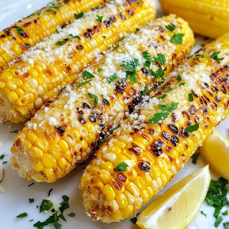 To make Garlic Butter Parmesan Corn on the Cob, you need a few simple, fresh items. Gather these ingredients before you start. They will help you create a tasty dish that everyone will love. - 4 ears of fresh corn, husked and cleaned - 1/2 cup unsalted butter, melted - 4 cloves garlic, minced - 1/2 cup grated Parmesan cheese - 2 tablespoons fresh parsley, chopped - 1 teaspoon smoked paprika - Salt and pepper, to taste - Lemon wedges, for serving These ingredients come together to form a rich and flavorful treat. Fresh corn is key; it gives a sweet taste. The garlic adds a punch, while the Parmesan offers a creamy touch. The smoked paprika gives a hint of warmth that rounds out the flavor. Don't forget the parsley for a fresh finish. And lemon wedges bring a zesty kick when you squeeze them over the corn. Each bite is a delight! {{ingredient_image_1}} Start by preheating your grill to medium-high heat. This step is key. A hot grill helps cook the corn evenly. It also enhances the smoky flavor we want. Aim for a temperature around 400°F. This will ensure that your corn cooks perfectly. Next, we make the garlic butter mixture. In a small bowl, combine 1/2 cup of melted unsalted butter with 4 cloves of minced garlic. Add 1 teaspoon of smoked paprika, and season with salt and pepper to taste. Mix well until all the ingredients blend together. This mixture will coat your corn and add rich flavor. Now it's time to grill the corn. Brush each ear with the garlic butter mixture. Make sure every side is covered. Wrap each ear tightly in aluminum foil. This keeps the steam in and cooks the corn well. Place the wrapped corn on the grill and cook for 15 to 20 minutes. Turn the corn occasionally for even cooking. When the corn is tender, carefully unwrap each ear. Brush more garlic butter on top. Sprinkle with 1/2 cup of grated Parmesan cheese. The heat will melt the cheese slightly, making it delicious. Finish by adding fresh parsley for color. Serve with lemon wedges on the side for a fresh squeeze. Enjoy your Garlic Butter Parmesan Corn on the Cob! To find the best corn, look for bright green husks. The husks should feel moist, not dry. Press the kernels with your thumb; they should be plump and firm. If the kernels squirt juice, that is a good sign. Fresh corn has a sweet scent, so sniff it if you can! Always pick corn that looks and smells fresh. Grilling corn is easy and fun. First, preheat your grill to medium-high heat. Wrapping corn in foil keeps it tender and juicy. Make sure to seal the foil tightly to trap steam. Place the wrapped corn on the grill and turn it every five minutes. Cook for about 15 to 20 minutes. This method ensures even cooking without burning. To make the garlic butter pop, start with unsalted butter. Melt it and mix in fresh minced garlic. Add smoked paprika for a sweet and smoky kick. Season with salt and pepper to taste. Brush this mix on the corn before grilling. For extra richness, brush more garlic butter on after grilling. Finally, sprinkle fresh Parmesan for a creamy finish. Pro Tips Fresh Corn is Key: Always choose fresh, in-season corn for the best flavor and sweetness. Butter Mix Variations: Experiment with different herbs or spices in your butter mix for unique flavor profiles. Grilling Technique: Turn the corn every 5 minutes while grilling to ensure even cooking and avoid charring. Serving Suggestion: For an extra burst of flavor, sprinkle some chili powder or cayenne pepper along with the Parmesan before serving. {{image_2}} You can add some heat to your corn. Mix in chili powder or cayenne pepper. Start with a small amount, then taste it. You can always add more heat later. Brush this spicy mix on your corn before grilling. This gives you a nice kick with the rich garlic butter. Parmesan cheese is great, but don’t stop there. Try adding feta or cotija cheese. These cheeses add a tangy flavor that pairs well with garlic butter. You can even mix cheeses for a unique taste. Just sprinkle them on top after grilling for a tasty twist. If you want a plant-based option, try nutritional yeast. It gives a cheesy flavor without dairy. You can also use vegan cheese shreds. Check the label to ensure it melts well. Sprinkle it on after grilling for a delicious and creamy finish. To store leftover corn, let it cool first. Wrap each ear in plastic wrap. Place the wrapped corn in an airtight container. Keep it in the fridge for up to three days. If the corn is on the cob, try to eat it sooner. The fresher, the better! Reheat your corn on the cob for the best taste. You can use the grill, oven, or microwave. For the grill, heat it at medium. Grill the corn for about five minutes. For the oven, wrap it in foil and bake at 350°F for ten minutes. In the microwave, wrap it in a damp paper towel and heat for two minutes. Always add a bit of garlic butter and cheese when reheating for extra flavor! Freezing corn on the cob is easy and great for later meals. Husk and clean the corn first. Blanch the ears in boiling water for four minutes. Then, cool them in ice water to stop the cooking. Dry them off, wrap in plastic, and place in freezer bags. This way, they can last for up to six months. When you're ready to use them, just thaw and grill! Yes, you can make Garlic Butter Parmesan Corn on the Cob in the oven. Preheat your oven to 400°F. Prepare the corn as you would for grilling. Brush it with the garlic butter mixture and wrap it in foil. Place the wrapped corn on a baking sheet. Bake for about 20-25 minutes. The corn will be tender and full of flavor. Garlic Butter Parmesan Corn on the Cob pairs well with many dishes. You can serve it with grilled meats like chicken, steak, or fish. It also goes great with salads or pasta. For a fun meal, add it to a barbecue spread. Don't forget to serve with lemon wedges for a fresh kick! Grilled corn lasts about 3-5 days in the fridge. Make sure to store it in an airtight container. To keep the corn fresh, wrap it tightly in plastic wrap or foil. When you want to eat it again, just reheat it on the grill or in the microwave. Enjoy it warm! In this blog post, we explored how to create delicious Garlic Butter Parmesan Corn on the Cob. We highlighted the key ingredients, shared easy grilling instructions, and provided tips for freshness and flavor. I also offered variations to suit different tastes and discussed proper storage. Grilling corn can be simple and fun. With a few ingredients and techniques, you can enjoy this tasty treat. Try it at your next barbecue and impress your friends. Cooking fresh corn enhances its flavor and makes it a summer favorite. Enjoy your grilling!