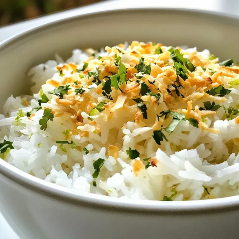 To make Coconut Lime Rice, you need a few key ingredients. Each one brings unique flavors that make the dish shine. Here’s the full list of ingredients: - 1 cup jasmine rice - 1 can (13.5 oz) coconut milk - 1 cup water - 1 lime (zest and juice) - 2 tablespoons sugar - 1 teaspoon salt - Fresh cilantro, chopped (for garnish) - Toasted coconut flakes (for garnish) Jasmine rice gives a soft and fragrant base. Coconut milk adds creaminess and richness. Water helps to cook the rice to the right texture. Lime zest and juice brighten the dish with citrus notes. Sugar balances the flavors, while salt enhances them. Fresh cilantro brings a pop of color and taste. Toasted coconut flakes add a crunchy finish. Using these ingredients, you will create a dish that is not only tasty but also visually appealing. Each bite of the rice bursts with flavor, making it a perfect side for many meals. {{ingredient_image_1}} 1. Rinse and drain jasmine rice. This step helps remove extra starch. It keeps the rice from being too sticky. 2. Combine ingredients in a saucepan. In a medium pot, mix the rinsed rice, coconut milk, water, lime zest, sugar, and salt. Stir gently to blend. 3. Bring to a boil and simmer. Heat the pot over medium-high heat until it boils. Once boiling, cover and lower the heat. Let it simmer for 15 to 18 minutes. The rice should become tender, and the liquid will be absorbed. 1. Let sit and steam. After cooking, remove the pot from heat. Keep it covered for another 5 minutes. This step helps the rice become fluffy. 2. Fluff and mix in lime juice. Use a fork to fluff the rice. Add the fresh lime juice and stir gently. This adds a zesty flavor. 3. Serve and garnish. Serve the rice warm. Top it with fresh chopped cilantro and toasted coconut flakes for a nice touch. - Ensuring perfect rice texture: Rinse the jasmine rice well. This helps remove extra starch. It keeps the rice from getting sticky. Use a 1:1 ratio of coconut milk to water. This mix gives creamy rice. Cook on low heat for best results. - Adjusting sweetness with sugar: The sugar adds a nice hint of sweetness. If you prefer less sweetness, use less sugar. Test the rice before serving. You can always add more sugar later. - Using fresh vs. dried lime: Fresh lime gives a bright, zesty flavor. Use it for zest and juice. Dried lime can work in a pinch, but it lacks freshness. Always choose fresh when possible for the best taste. - Garnishing ideas: Fresh cilantro adds a pop of green. It also gives a fresh taste. Toasted coconut flakes add crunch and flavor. Sprinkle both on top for a beautiful look. - Serving alongside main dishes: Coconut lime rice pairs well with grilled chicken or fish. It also complements spicy dishes. Try it with shrimp tacos or veggie stir-fry. The rice brings balance to any meal. Pro Tips Rinse the Rice: Rinsing the jasmine rice is essential to remove excess starch, which helps achieve a fluffy texture instead of sticky rice. Adjusting Sweetness: You can adjust the amount of sugar based on your preference for sweetness. Start with less if you prefer a more savory taste. Flavor Boost: For an extra flavor kick, consider adding a pinch of cayenne pepper or a dash of fish sauce to the cooking liquid. Garnish Variations: Feel free to experiment with garnishes! Chopped green onions or crushed peanuts can add a different texture and flavor profile. {{image_2}} You can make Coconut Lime Rice work for you by swapping some ingredients. If you want a healthier option, try using brown rice or quinoa instead of jasmine rice. Both options add their own flavors and textures. Coconut milk is a star in this dish, but you can use other milk types if needed. Almond milk or cashew milk can work, though they won’t provide the same rich taste. Adding spices can boost the flavor. A little garlic or fresh ginger can create a warm, inviting taste. Just be careful not to overpower the coconut and lime. You can make Coconut Lime Rice even more delicious by adding vegetables. Chopped bell peppers, peas, or corn can add color and nutrients. Sauté them lightly before mixing them in for extra flavor. If you want more protein, consider adding shrimp or tofu. Cook shrimp until they turn pink. For tofu, sauté until golden brown. Stir either into the rice just before serving to keep things warm and tasty. To keep your Coconut Lime Rice fresh, start by letting it cool down. Place the rice in an airtight container. You can store it in the fridge for up to four days. If you want to keep it longer, you can freeze it. For freezing, use a freezer-safe bag or container. Make sure to remove as much air as possible before sealing. This helps prevent freezer burn. When it's time to enjoy your leftovers, reheating is key. The best way to reheat is on the stove. Add a splash of water or coconut milk to the rice. Heat it over low heat while stirring. This keeps the rice moist and fluffy. You can also use the microwave. Just cover the rice with a damp paper towel and heat in short bursts. Stir in between to ensure even warming. Can I make Coconut Lime Rice vegan? Yes, Coconut Lime Rice is already vegan! It uses coconut milk as the base. Just make sure your sugar is vegan too. Some sugars are processed with bone char. Look for brands that are labeled vegan to be safe. How can I enhance the coconut flavor? To boost coconut flavor, use unsweetened shredded coconut. Add it to the rice while cooking. You can also sprinkle some on top before serving. This adds texture and a stronger coconut taste. What dishes pair well with Coconut Lime Rice? Coconut Lime Rice goes well with many dishes. It pairs nicely with grilled fish, shrimp, or chicken. You can also serve it with spicy curries or stir-fried veggies. The bright lime and coconut flavors balance rich and spicy foods well. Caloric content per serving Each serving of Coconut Lime Rice has about 250 calories. This can vary based on serving size and added ingredients. Diet-friendly options (vegan, gluten-free) Coconut Lime Rice is naturally vegan and gluten-free. It fits well into many diets. You can enjoy it without worry if you avoid animal products or gluten. Coconut Lime Rice is a simple and tasty dish. By following the steps, you can prepare it easily. Rinse the rice, mix the ingredients, and cook until perfect. Remember to adjust sweetness and try different grains. You can make this dish your own by adding spices or vegetables. It’s a flexible recipe that fits many meals. Store leftovers properly to enjoy later. With these tips, you can create a dish that impresses every time. Enjoy your cooking!
