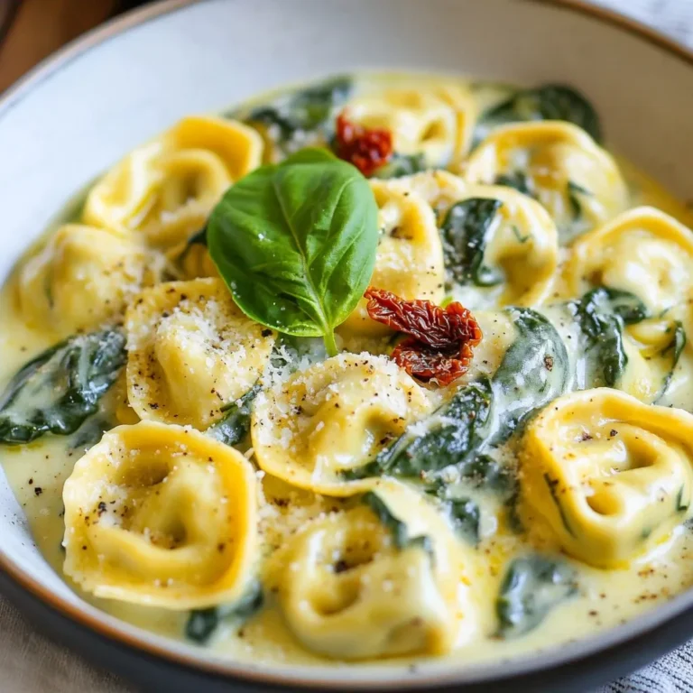 - 12 oz fresh cheese tortellini - 2 tablespoons olive oil - 3 cloves garlic, minced - 5 cups fresh spinach - 1 cup heavy cream - 1/2 cup grated Parmesan cheese - 1/2 teaspoon nutmeg - Salt and pepper to taste These ingredients create a rich and creamy dish. The fresh cheese tortellini adds a soft bite. Olive oil gives a nice flavor base. Garlic adds a punch of zest. Fresh spinach is light and healthy. Heavy cream makes the sauce smooth. Parmesan cheese brings umami richness. Nutmeg adds warmth. Salt and pepper finish the blend. Quality matters when you cook. Use fresh ingredients for the best taste. Fresh tortellini gives a tender texture. Pick vibrant spinach for bright color and flavor. Choose a good olive oil for depth. Grate real Parmesan cheese instead of using pre-grated. This will enhance the creamy sauce. - 1/4 cup sun-dried tomatoes, chopped - Fresh basil leaves for garnish Sun-dried tomatoes add sweetness and a chewy texture. They make the dish more exciting. Fresh basil leaves give a pop of freshness. They also add a lovely green color to your plate. Feel free to mix in these options to boost flavor. {{ingredient_image_1}} To start, boil water in a large skillet. Add 12 ounces of fresh cheese tortellini to the boiling water. Cook the tortellini based on the package instructions. This usually takes about 3-5 minutes. Once they are tender, drain the tortellini and set them aside. This step is crucial, as the tortellini will soak up the creamy sauce later. Next, heat 2 tablespoons of olive oil in the same skillet over medium heat. Add 3 cloves of minced garlic. Sauté the garlic for about 1 minute until it smells great. Then, add 5 cups of fresh spinach. Cook the spinach, stirring often, until it wilts. This should take about 2-3 minutes. The garlic and spinach mix well to create a strong flavor base. Now it’s time to make the sauce. Pour in 1 cup of heavy cream into the skillet. Add 1/2 cup of grated Parmesan cheese next. Stir the mixture until the cheese melts, creating a smooth and creamy sauce. Then, sprinkle in 1/2 teaspoon of nutmeg, and add salt and pepper to taste. If you like, add 1/4 cup of chopped sun-dried tomatoes for extra flavor. Finally, toss the cooked tortellini into the creamy spinach sauce. Stir gently until the tortellini is fully coated. Heat everything together for 1-2 minutes. Garnish with fresh basil leaves before serving. Enjoy your delicious meal! To get a rich and creamy sauce, use heavy cream. It makes the dish smooth and thick. Stir in the cheese slowly. This helps it melt evenly. Nutmeg adds warmth and depth. Just a pinch goes a long way. If your sauce seems too thick, add a splash of pasta water. This keeps it creamy and smooth. For extra flavor, add sun-dried tomatoes. They bring a sweet and tangy taste. Fresh basil leaves are great for garnish, too. They add freshness and color. You can also sprinkle in some red pepper flakes. This gives a nice kick if you like heat. Experiment with different herbs. Try thyme or oregano for a unique twist. One-pan meals save time and clean-up. Start by cooking the tortellini first. Drain it and set it aside. Use the same skillet for the rest. Sauté the garlic and spinach to build flavor. Make sure to stir often to avoid burning. Toss the tortellini with the creamy sauce gently. This ensures every piece is coated well. If you need to, adjust the heat. Keep it low to prevent sticking. Pro Tips Use Fresh Ingredients: Opt for fresh spinach and high-quality tortellini for the best flavor and texture. Adjust the Creaminess: If you prefer a lighter dish, you can substitute half of the heavy cream with vegetable broth. Enhance with Spices: Experiment with additional spices like crushed red pepper or Italian seasoning for extra flavor. Serve Immediately: This dish is best enjoyed fresh, so serve immediately after cooking for the creamiest experience. {{image_2}} You can boost the protein in this dish easily. Try adding cooked chicken, shrimp, or sausage. These options bring flavor and make it heartier. For chicken, use grilled or rotisserie. For shrimp, sauté them until pink. With sausage, cook it first, then slice and mix in. Each choice adds a nice touch. To make this meal vegan, swap out key ingredients. Use plant-based tortellini made from wheat or chickpeas. Instead of heavy cream, use coconut milk or cashew cream. For cheese, nutritional yeast gives a cheesy flavor without dairy. This way, you keep it creamy and flavorful, even without animal products. Adding seasonal veggies makes the dish fresh and exciting. In spring, try peas or asparagus. In summer, add zucchini or bell peppers. Fall calls for mushrooms or butternut squash. Winter is perfect for kale or carrots. Each vegetable brings its own flavor and texture, making your creamy spinach tortellini even better. To store your creamy spinach tortellini, let it cool first. Then, put it in an airtight container. This helps keep it fresh. You can store it in the fridge for up to three days. Be sure to label the container with the date. When you want to enjoy your leftovers, reheat them on the stove. Place the tortellini in a skillet over low heat. Add a splash of water or cream to keep it creamy. Stir often until it’s warm. You can also use the microwave. Heat it in a bowl for 1-2 minutes. Stir halfway for even heating. You can freeze creamy spinach tortellini for later. First, let it cool completely. Then, place it in a freezer-safe container or bag. It can last for up to three months in the freezer. To use, thaw it overnight in the fridge. Reheat as mentioned above. Avoid freezing if you’ve added fresh basil, as it may lose its flavor. I love using fresh cheese tortellini for this dish. It cooks quickly and has a nice texture. You can find this type in the refrigerated section of most stores. If you prefer, you can use frozen tortellini. Just remember to cook it according to the package directions. Yes, frozen spinach works well in this recipe. It saves time and still adds great flavor. Thaw the spinach and drain it well to remove excess water. This helps keep the sauce creamy. Fresh spinach gives a nice texture, but frozen is a great option. To make this dish gluten-free, you can use gluten-free tortellini. Many brands offer options made from rice or other gluten-free grains. Be sure to check the labels for gluten-free certification. The rest of the ingredients are naturally gluten-free, so you're all set! In this post, we explored the key ingredients needed for a tasty tortellini dish. We discussed quality ingredient choices and useful tips for enhancing flavor. You learned step-by-step instructions for preparing the dish, making a creamy sauce, and perfecting texture. We also reviewed variations, including protein options and vegan alternatives. In the end, you have all the tools to make this meal your own. Happy cooking!