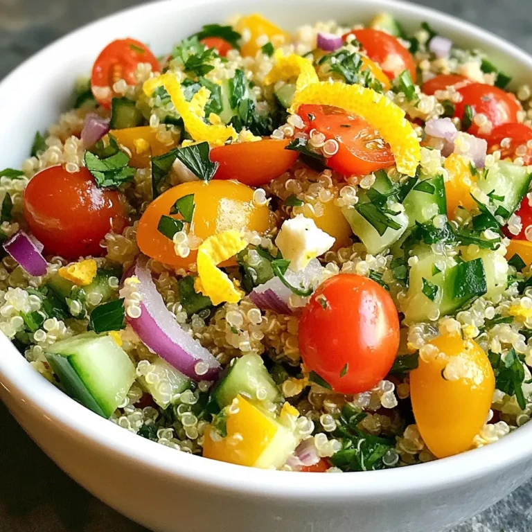 - 1 cup quinoa - 2 cups vegetable broth or water - 1 cup cherry tomatoes - 1 cucumber - 1/4 cup red onion - 1/4 cup fresh parsley - 1/4 cup fresh mint - Salt and pepper to taste - 3 tablespoons olive oil - 2 tablespoons fresh lemon juice - Zest of 1 lemon - Optional: 1/4 cup feta cheese The base of this Lemon Herb Quinoa Salad is the quinoa. First, rinse 1 cup of quinoa under cold water. This step helps remove any bitterness. Next, we cook it in 2 cups of vegetable broth or water for extra flavor. I add 1 cup of halved cherry tomatoes for sweetness. They burst with flavor in every bite. A diced cucumber adds a crisp texture that I love. Finally, I include 1/4 cup of finely chopped red onion. This gives the salad a nice bite. Herbs are key for freshness. I use 1/4 cup of chopped fresh parsley and 1/4 cup of fresh mint. These herbs brighten the dish. I also season it with salt and pepper to taste. The dressing brings everything together. I mix 3 tablespoons of olive oil, 2 tablespoons of fresh lemon juice, and zest from 1 lemon in a bowl. This adds a zing to the salad. If you want creaminess, add 1/4 cup of feta cheese. It makes the salad rich and tasty. Gather all these ingredients and get ready to create a fresh and flavorful salad! {{ingredient_image_1}} - Step 1: Rinse the quinoa Start by rinsing 1 cup of quinoa under cold water. This step removes any bitter taste. - Step 2: Combine with broth and bring to boil In a medium saucepan, mix the rinsed quinoa with 2 cups of vegetable broth. Bring it to a boil over high heat. - Step 3: Simmer and fluff quinoa When it boils, reduce the heat to low. Cover the pot and let it simmer for 15-20 minutes. When done, remove it from heat and let it sit for 5 minutes. Fluff it gently with a fork and move it to a large bowl to cool. - Step 4: Chop cherry tomatoes, cucumber, and onion While the quinoa cools, chop 1 cup of cherry tomatoes, 1 cucumber, and 1/4 cup of red onion. - Step 5: Mix in herbs and feta cheese In a small bowl, combine the chopped veggies with 1/4 cup of fresh parsley, 1/4 cup of fresh mint, and 1/4 cup of crumbled feta cheese, if you like. - Step 6: Whisk dressing ingredients In another bowl, whisk together 3 tablespoons of olive oil, 2 tablespoons of fresh lemon juice, and the zest of 1 lemon. Add salt and pepper to taste. - Step 7: Combine ingredients and adjust seasoning Once the quinoa has cooled, add the vegetable mix to the quinoa bowl. Pour the dressing over everything and toss gently. Taste and adjust the seasoning if needed. - Step 8: Chill before serving Cover the salad and chill it in the fridge for at least 30 minutes. This lets the flavors blend beautifully. To make your quinoa fluffy, rinse it first. This removes the bitter coating. Use two cups of broth or water. A common mistake is cooking it too long. Follow the 15-20 minute rule. After cooking, let it sit for five minutes. This helps the grains separate. For the best taste, chill the salad for at least 30 minutes. This allows the flavors to blend well. If you want a kick, add spices like cumin or paprika. These spices work well with the lemon and herbs. Serve the salad in a large bowl for a colorful display. You can also use individual plates for a fancy touch. For garnishes, sprinkle more fresh herbs on top. Feta cheese adds a nice finish if you choose to use it. Pro Tips Rinse Your Quinoa: Always rinse quinoa under cold water before cooking to remove its natural coating, called saponin, which can taste bitter. Add Flavor to the Cooking Liquid: For more flavorful quinoa, cook it in vegetable broth instead of water, or add herbs and spices to the cooking liquid. Cool Properly: Allow the quinoa to cool to room temperature before adding vegetables and dressing to prevent wilting. Let It Chill: For the best flavor, chill the salad in the refrigerator for at least 30 minutes before serving to allow the ingredients to meld. {{image_2}} You can boost the protein in your lemon herb quinoa salad easily. Adding grilled chicken or shrimp makes a filling meal. For a vegetarian option, toss in chickpeas. These additions not only add protein but also create great textures. Using seasonal ingredients keeps your salad fresh and bright. In spring, try adding asparagus for a crispy bite. As summer rolls in, substitute in vegetables like bell peppers or zucchini. These changes make the salad more vibrant and flavorful. Dressings can change the whole dish. You can make a creamy dressing if you want a rich taste. Yogurt or tahini works great. For a lighter option, use vinegar-based dressings like balsamic or red wine vinegar. Each dressing gives the salad a unique twist. To keep your Lemon Herb Quinoa Salad fresh, store it in the fridge. Use a sealed container. This helps maintain flavor and texture. Make sure it cools down before sealing. Avoid letting it sit out for too long. This salad stays fresh for about 3 to 5 days in the fridge. Look for any signs of spoilage. If it smells off or looks slimy, it’s time to toss it. Fresh herbs will wilt, and the colors may fade over time. You can freeze this salad, but it’s best to leave out the herbs and feta. These ingredients do not freeze well. To freeze, place the quinoa in an airtight container. It can last for up to 3 months in the freezer. When you're ready to eat, thaw it in the fridge overnight. Avoid using a microwave, as it can change the texture. After thawing, mix in fresh herbs and feta for the best flavor. Quinoa is a tiny seed that acts like a grain. It is packed with protein and fiber. This makes it a great choice for meals. One cup of cooked quinoa has about 8 grams of protein. It also contains important vitamins and minerals, like magnesium and iron. Quinoa is gluten-free, making it safe for many diets. It has all the essential amino acids, which is rare for plant foods. For these reasons, many call it a superfood. Eating quinoa can help with weight control, heart health, and digestion. Yes, you can make this salad ahead of time. This can save you time, especially for busy days. Just store it in the fridge. The flavors will blend better when it sits. To prep, make sure the quinoa is cool before mixing in the veggies and dressing. You can keep the salad fresh for up to three days. Just remember to stir it before serving. If you want a dairy-free option, use tofu or avocado. Both add creaminess to the salad. You can also try a nut-based cheese for a good flavor. If you prefer, other cheeses work too. Goat cheese or Parmesan can be tasty swaps. Just choose what you like best! This salad combines nutritious quinoa, fresh veggies, and vibrant herbs. You learned how to prepare each component, mix flavors, and present it nicely. I've shared tips for making it delicious and ideas for variations to suit your taste. You can store leftovers long-term or enjoy them fresh. Remember, variations can keep your meals exciting. I hope you feel inspired to try this recipe and make it your own!