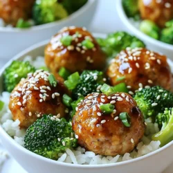 - 1 lb ground chicken - 1/4 cup panko breadcrumbs - 1/4 cup green onion, finely chopped - 1 clove garlic, minced - 1 tablespoon ginger, grated - 2 tablespoons soy sauce - 1 tablespoon sesame oil - 2 tablespoons honey - 1 tablespoon rice vinegar - 1/4 cup teriyaki sauce The main ingredients form the heart of the meatballs. Ground chicken is lean and juicy, making it a great choice. Panko breadcrumbs add a nice crunch. Green onions give a fresh taste. Garlic and ginger bring warmth and depth. Soy sauce and sesame oil add savory umami. Honey and rice vinegar balance flavors with sweet and tangy notes. Finally, teriyaki sauce ties everything together. - 2 cups cooked jasmine rice - 1 cup steamed broccoli florets - Sesame seeds for garnish - Additional green onions for garnish The additional ingredients help make the dish complete. Jasmine rice is soft and fragrant. It serves as a perfect base for the meatballs. Steamed broccoli adds a pop of color and nutrients. Sesame seeds and green onions are perfect for garnish. They add extra flavor and make the meal look nice. {{ingredient_image_1}} 1. Preheating the oven: First, set your oven to 400°F (200°C). This will help the meatballs cook evenly. Line a baking sheet with parchment paper. This makes cleanup easy. 2. Mixing meatball ingredients: In a large bowl, combine the ground chicken, panko breadcrumbs, green onion, minced garlic, grated ginger, soy sauce, and sesame oil. Mix these until just combined. Be careful not to overmix. This keeps the meatballs tender. 1. Forming meatballs: Scoop about 1 inch of the mixture and roll it into a ball. Place each meatball on the prepared baking sheet. You should have about 20 meatballs when done. 2. Baking the meatballs: Put the baking sheet in the preheated oven. Bake the meatballs for 18-20 minutes. They should turn golden brown and be fully cooked. 3. Preparing teriyaki sauce: In a small saucepan, mix honey, rice vinegar, and teriyaki sauce. Heat this over medium-low heat. Stir occasionally until warmed and slightly thickened. 1. Plating the bowls: Start with a generous scoop of cooked jasmine rice in each bowl. This will be the base of your meal. 2. Garnishing before serving: Top the rice with the baked chicken meatballs and steamed broccoli. Drizzle the warm teriyaki sauce over everything. Finally, sprinkle sesame seeds and extra green onions on top for a fresh touch. Serve your bowls warm and enjoy! To make great meatballs, start by mixing the ingredients gently. Overmixing can make them tough. Use your hands to combine the ground chicken, panko, green onion, garlic, ginger, soy sauce, and sesame oil. Once mixed, scoop out about one inch of the mixture and roll it into balls. Make sure they are the same size. This will help them cook evenly. To boost the flavor, try adding a bit more ginger or garlic. You can also adjust the soy sauce for saltiness. For a sweeter kick, add extra honey to the sauce. If you want a spicy twist, include some sriracha or red pepper flakes. These little changes can make a big difference. For a colorful bowl, pair your meatballs with steamed broccoli. Other good options include carrots, snap peas, or bell peppers. Serve the meatballs over jasmine rice for a classic touch. If you have leftovers, store them in the fridge. Reheat them in the oven or on the stove. This keeps the meatballs juicy and tasty. Pro Tips Use Cold Ingredients: Keeping the ground chicken and other ingredients cold helps maintain the meatballs' texture and prevents them from becoming dense. Don't Overmix: When combining the ingredients for the meatballs, mix just until combined to ensure they stay tender and juicy. Experiment with Vegetables: Feel free to add other vegetables like bell peppers or snap peas to your bowls for extra color and nutrition. Make Ahead: You can prepare the meatballs in advance and freeze them. Just bake from frozen, adding a few extra minutes to the cooking time. {{image_2}} You can switch up the meat in these bowls. Ground turkey is a great option. It is lean and still has a nice flavor. If you prefer beef, use ground beef for a heartier taste. For those who want a meatless meal, you have options too. Try using lentils or chickpeas. Just mash them up and mix with your favorite spices. You can also use plant-based ground meat. This works well with the teriyaki sauce. You can make your own teriyaki sauce at home. Here’s a simple recipe: - 1/4 cup soy sauce - 1/4 cup honey - 2 tablespoons rice vinegar - 1 tablespoon cornstarch (to thicken) Mix these in a pot, heat, and stir until thick. This sauce is sweet and flavorful! If you want a different glaze, try a sweet chili sauce. It adds a nice kick. You could also use a honey mustard mix for a twist. Not a fan of jasmine rice? You can use brown rice instead. It has more fiber and a nutty taste. Cauliflower rice is another option. It’s low in carbs and easy to make. If you want to skip grains, try using quinoa. It’s packed with protein and cooks quickly. For a fun twist, you could even serve this with zoodles (zucchini noodles). They add a fresh crunch to the meal. After enjoying your teriyaki chicken meatball bowls, store leftovers properly. First, let the food cool down. Place the meatballs, rice, and vegetables in airtight containers. - For refrigerating leftovers, keep them in the fridge for up to three days. - If you want to save them longer, freezing meatballs and rice separately is best. Wrap each in plastic wrap and place in freezer bags. This way, they stay fresh for up to three months. When it's time to enjoy your leftovers, you want them warm and tasty. - The best methods for reheating meatballs are in the oven or microwave. If using the oven, preheat to 350°F (175°C) and bake for about 10 minutes. For the microwave, heat in short bursts of 30 seconds until warm. - To ensure you are maintaining texture and flavor, add a splash of water or sauce before reheating. This keeps the meatballs moist and delicious! How do I know when the meatballs are done? You can check the meatballs by cutting one in half. The inside should be white, not pink. They should also feel firm to the touch. Baking for 18-20 minutes at 400°F (200°C) usually gives the right result. Can I make this recipe ahead of time? Yes, you can. Prepare the meatballs and cook them ahead of time. Store them in the fridge for up to three days. You can also freeze them for up to three months. Just remember to reheat them well before serving. What can I use instead of panko breadcrumbs? If you don’t have panko, regular breadcrumbs work too. You can also use crushed crackers or oats as a substitute. Just make sure they are finely crushed for the best texture. Alternatives for soy sauce and teriyaki sauce You can use coconut aminos as a soy sauce alternative. For teriyaki sauce, a mix of honey and soy sauce works well. You can add a bit of vinegar for extra flavor, too. How many servings does this recipe yield? This recipe makes about four servings. Each serving includes a good amount of meatballs, rice, and broccoli. Can I adjust the recipe for larger gatherings? Absolutely! You can double the recipe easily. Just make sure to bake the meatballs in batches if your oven is small. This way, they cook evenly and stay moist. This blog post covered how to make tasty meatballs with a simple teriyaki sauce. We discussed the key ingredients, step-by-step instructions, and tips to help you succeed. Remember, using the right cooking techniques makes all the difference. You can even try different proteins and sauces for a fresh twist. Store your leftovers properly to enjoy later. With these tools, you can make a delicious meal that pleases everyone. Enjoy cooking, and happy eating!