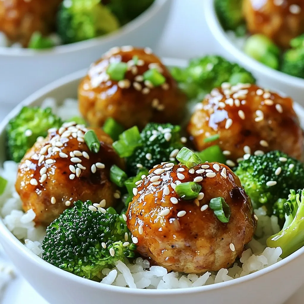 - 1 lb ground chicken - 1/4 cup panko breadcrumbs - 1/4 cup green onion, finely chopped - 1 clove garlic, minced - 1 tablespoon ginger, grated - 2 tablespoons soy sauce - 1 tablespoon sesame oil - 2 tablespoons honey - 1 tablespoon rice vinegar - 1/4 cup teriyaki sauce The main ingredients form the heart of the meatballs. Ground chicken is lean and juicy, making it a great choice. Panko breadcrumbs add a nice crunch. Green onions give a fresh taste. Garlic and ginger bring warmth and depth. Soy sauce and sesame oil add savory umami. Honey and rice vinegar balance flavors with sweet and tangy notes. Finally, teriyaki sauce ties everything together. - 2 cups cooked jasmine rice - 1 cup steamed broccoli florets - Sesame seeds for garnish - Additional green onions for garnish The additional ingredients help make the dish complete. Jasmine rice is soft and fragrant. It serves as a perfect base for the meatballs. Steamed broccoli adds a pop of color and nutrients. Sesame seeds and green onions are perfect for garnish. They add extra flavor and make the meal look nice. {{ingredient_image_1}} 1. Preheating the oven: First, set your oven to 400°F (200°C). This will help the meatballs cook evenly. Line a baking sheet with parchment paper. This makes cleanup easy. 2. Mixing meatball ingredients: In a large bowl, combine the ground chicken, panko breadcrumbs, green onion, minced garlic, grated ginger, soy sauce, and sesame oil. Mix these until just combined. Be careful not to overmix. This keeps the meatballs tender. 1. Forming meatballs: Scoop about 1 inch of the mixture and roll it into a ball. Place each meatball on the prepared baking sheet. You should have about 20 meatballs when done. 2. Baking the meatballs: Put the baking sheet in the preheated oven. Bake the meatballs for 18-20 minutes. They should turn golden brown and be fully cooked. 3. Preparing teriyaki sauce: In a small saucepan, mix honey, rice vinegar, and teriyaki sauce. Heat this over medium-low heat. Stir occasionally until warmed and slightly thickened. 1. Plating the bowls: Start with a generous scoop of cooked jasmine rice in each bowl. This will be the base of your meal. 2. Garnishing before serving: Top the rice with the baked chicken meatballs and steamed broccoli. Drizzle the warm teriyaki sauce over everything. Finally, sprinkle sesame seeds and extra green onions on top for a fresh touch. Serve your bowls warm and enjoy! To make great meatballs, start by mixing the ingredients gently. Overmixing can make them tough. Use your hands to combine the ground chicken, panko, green onion, garlic, ginger, soy sauce, and sesame oil. Once mixed, scoop out about one inch of the mixture and roll it into balls. Make sure they are the same size. This will help them cook evenly. To boost the flavor, try adding a bit more ginger or garlic. You can also adjust the soy sauce for saltiness. For a sweeter kick, add extra honey to the sauce. If you want a spicy twist, include some sriracha or red pepper flakes. These little changes can make a big difference. For a colorful bowl, pair your meatballs with steamed broccoli. Other good options include carrots, snap peas, or bell peppers. Serve the meatballs over jasmine rice for a classic touch. If you have leftovers, store them in the fridge. Reheat them in the oven or on the stove. This keeps the meatballs juicy and tasty. Pro Tips Use Cold Ingredients: Keeping the ground chicken and other ingredients cold helps maintain the meatballs' texture and prevents them from becoming dense. Don't Overmix: When combining the ingredients for the meatballs, mix just until combined to ensure they stay tender and juicy. Experiment with Vegetables: Feel free to add other vegetables like bell peppers or snap peas to your bowls for extra color and nutrition. Make Ahead: You can prepare the meatballs in advance and freeze them. Just bake from frozen, adding a few extra minutes to the cooking time. {{image_2}} You can switch up the meat in these bowls. Ground turkey is a great option. It is lean and still has a nice flavor. If you prefer beef, use ground beef for a heartier taste. For those who want a meatless meal, you have options too. Try using lentils or chickpeas. Just mash them up and mix with your favorite spices. You can also use plant-based ground meat. This works well with the teriyaki sauce. You can make your own teriyaki sauce at home. Here’s a simple recipe: - 1/4 cup soy sauce - 1/4 cup honey - 2 tablespoons rice vinegar - 1 tablespoon cornstarch (to thicken) Mix these in a pot, heat, and stir until thick. This sauce is sweet and flavorful! If you want a different glaze, try a sweet chili sauce. It adds a nice kick. You could also use a honey mustard mix for a twist. Not a fan of jasmine rice? You can use brown rice instead. It has more fiber and a nutty taste. Cauliflower rice is another option. It’s low in carbs and easy to make. If you want to skip grains, try using quinoa. It’s packed with protein and cooks quickly. For a fun twist, you could even serve this with zoodles (zucchini noodles). They add a fresh crunch to the meal. After enjoying your teriyaki chicken meatball bowls, store leftovers properly. First, let the food cool down. Place the meatballs, rice, and vegetables in airtight containers. - For refrigerating leftovers, keep them in the fridge for up to three days. - If you want to save them longer, freezing meatballs and rice separately is best. Wrap each in plastic wrap and place in freezer bags. This way, they stay fresh for up to three months. When it's time to enjoy your leftovers, you want them warm and tasty. - The best methods for reheating meatballs are in the oven or microwave. If using the oven, preheat to 350°F (175°C) and bake for about 10 minutes. For the microwave, heat in short bursts of 30 seconds until warm. - To ensure you are maintaining texture and flavor, add a splash of water or sauce before reheating. This keeps the meatballs moist and delicious! How do I know when the meatballs are done? You can check the meatballs by cutting one in half. The inside should be white, not pink. They should also feel firm to the touch. Baking for 18-20 minutes at 400°F (200°C) usually gives the right result. Can I make this recipe ahead of time? Yes, you can. Prepare the meatballs and cook them ahead of time. Store them in the fridge for up to three days. You can also freeze them for up to three months. Just remember to reheat them well before serving. What can I use instead of panko breadcrumbs? If you don’t have panko, regular breadcrumbs work too. You can also use crushed crackers or oats as a substitute. Just make sure they are finely crushed for the best texture. Alternatives for soy sauce and teriyaki sauce You can use coconut aminos as a soy sauce alternative. For teriyaki sauce, a mix of honey and soy sauce works well. You can add a bit of vinegar for extra flavor, too. How many servings does this recipe yield? This recipe makes about four servings. Each serving includes a good amount of meatballs, rice, and broccoli. Can I adjust the recipe for larger gatherings? Absolutely! You can double the recipe easily. Just make sure to bake the meatballs in batches if your oven is small. This way, they cook evenly and stay moist. This blog post covered how to make tasty meatballs with a simple teriyaki sauce. We discussed the key ingredients, step-by-step instructions, and tips to help you succeed. Remember, using the right cooking techniques makes all the difference. You can even try different proteins and sauces for a fresh twist. Store your leftovers properly to enjoy later. With these tools, you can make a delicious meal that pleases everyone. Enjoy cooking, and happy eating!
