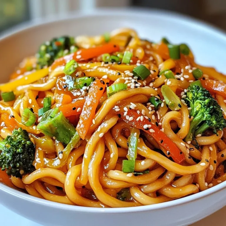 - 300g udon noodles - 1 red bell pepper, sliced - 1 cup broccoli florets - 1 carrot, julienned - 3 green onions, chopped Udon noodles are thick and chewy. They give the dish a nice texture. The sliced red bell pepper adds a sweet crunch. Broccoli florets bring a vibrant green color. Julienned carrots add a hint of sweetness. Chopped green onions add a fresh touch and extra flavor. - 2 tablespoons soy sauce - 1 tablespoon oyster sauce - 1 teaspoon black pepper (adjust to taste) - 1 teaspoon sesame oil The soy sauce gives a salty depth. The oyster sauce adds umami and richness. Black pepper is the star, giving it a spicy kick. Sesame oil adds a nutty flavor that rounds it all out. - 1 tablespoon sesame seeds Sesame seeds are perfect for garnishing. They add a nice crunch and enhance the dish's look. Sprinkling them on top makes the meal feel special. Enjoy the balance of flavors and textures in every bite. {{ingredient_image_1}} To start, you need to cook the udon noodles. Follow the package instructions carefully. Usually, this involves boiling water and cooking the noodles for several minutes. - Once they are soft, drain them in a colander. - Rinse with cold water to stop the cooking. - Set the noodles aside for later. Next, heat up a large skillet or wok. Use medium-high heat and add vegetable oil. - Add the minced garlic and grated ginger to the hot oil. Cook for 1-2 minutes. You want them fragrant but not burnt. - Toss in the sliced red bell pepper, broccoli florets, and julienned carrot. Stir-fry these for 3-4 minutes. They should get tender but still crunchy. Now it’s time to mix everything together. - Add the cooked udon noodles to your skillet. - Pour in the soy sauce, oyster sauce, and black pepper. Toss everything well. Make sure the noodles are coated evenly with the sauce and heated through. - Drizzle the sesame oil on top and mix again. - Finally, remove from heat and stir in the chopped green onions. Serve your Black Pepper Udon hot. Garnish with sesame seeds for crunch! To make your black pepper udon shine, start with the black pepper. You can adjust the amount to suit your taste. If you love spice, add more. If you're cautious, stick to the recipe. The key is to find what feels right for you. Next, balance the saltiness. Use soy sauce and oyster sauce wisely. Start with the recommended amounts. Taste as you go and adjust. This will help you create a rich, savory dish. Stir-frying is the best way to cook your udon. Use high heat and a large skillet or wok. This keeps the noodles moving and helps them cook evenly. When adding vegetables, keep them crunchy. Stir-fry them just enough to become tender but still crisp. This step adds texture and fresh flavor to your dish. Garnishing is important for a great look. Use sesame seeds for a nice touch. They add flavor and a bit of crunch. When plating, think about colors and shapes. Arrange your noodles neatly, and place the veggies on top or beside them. This creates a beautiful dish that will impress anyone. Pro Tips Fresh Ingredients: Always use fresh vegetables for the best flavor and texture. This will enhance the overall taste of the dish. Adjust the Spice: Feel free to adjust the amount of black pepper based on your spice tolerance. Start with less and add more if you like it spicier. Perfectly Cooked Noodles: Make sure not to overcook the udon noodles. They should be cooked until just tender to maintain a good chew. Garnish for Flavor: Don't skip the sesame seeds! They add a delightful crunch and nutty flavor that complements the dish perfectly. {{image_2}} You can boost your Black Pepper Udon with protein. Chicken, shrimp, or tofu are great choices. - Chicken: Use bite-sized pieces of cooked chicken. Sauté them for a few minutes before adding the noodles. - Shrimp: Add peeled shrimp to the hot skillet. Cook until they turn pink and firm. - Tofu: For a plant-based option, use firm tofu. Sear it until golden brown before mixing in. These options make the dish heartier and more satisfying. You can change the heat level of your Black Pepper Udon to match your taste. - Chili Flakes: Sprinkle in chili flakes while cooking. Start with a small amount and add more as needed. - Chili Sauce: Drizzle chili sauce into the mix for an extra kick. This adds both heat and flavor. Always taste as you go to find your perfect spice balance. Feel free to swap in different veggies based on what’s fresh or in season. - Bell Peppers: Use yellow or green peppers for a different color and flavor. - Snap Peas: These add a nice crunch and sweetness. Toss them in with the other veggies. - Zucchini: Spiralized zucchini is a fun twist. It adds moisture and a mild taste. Using seasonal ingredients not only enhances flavor but also keeps your dish interesting. After you enjoy your Black Pepper Udon, store leftovers in an airtight container. This keeps moisture in and prevents odors from mixing. Place the container in the fridge within two hours of cooking. Your noodles can last up to three days in the fridge. When you reheat udon, keep the texture in mind. The best way is to use a skillet. Add a splash of water or broth to the pan, then add your noodles. Heat on low, stirring gently until warm. You can also use a microwave, but cover the bowl with a damp paper towel. This method helps retain moisture. Yes, you can freeze Black Pepper Udon! However, it’s best to freeze the noodles and sauce separately from the vegetables. To freeze, place the udon in a freezer-safe bag, removing as much air as possible. When you're ready to enjoy it, thaw it overnight in the fridge. For a quick meal, you can cook it directly from frozen by adding a little water in your skillet. Udon noodles are thick, chewy noodles from Japan. They are made from wheat flour, water, and salt. Their texture is soft, making them great for slurping. Udon noodles soak up flavors well. They work in soups, stir-fries, and salads. When cooked, they become nice and slippery. Yes, you can! To add heat, try these options: - Add chili flakes to the sauce. - Mix in some spicy sauce, like sriracha. - Use fresh chopped chili peppers in the stir-fry. Start with a little heat. You can always add more. Here are some tasty side dishes to enjoy: - Steamed dumplings for a nice bite. - A simple salad with fresh veggies. - Miso soup for warmth and comfort. - Grilled chicken or shrimp for protein. These sides create a complete meal. Enjoy your delicious Black Pepper Udon! Black Pepper Udon combines tasty noodles and fresh veggies with a bold sauce. We covered the main ingredients, cooking steps, and tips to perfect your dish. Add proteins for variety or adjust the spice level to suit your taste. Remember to store leftovers properly and give them new life when reheating. Enjoy this dish on any table with your favorite sides. Try making it your way, and let the flavors shine!