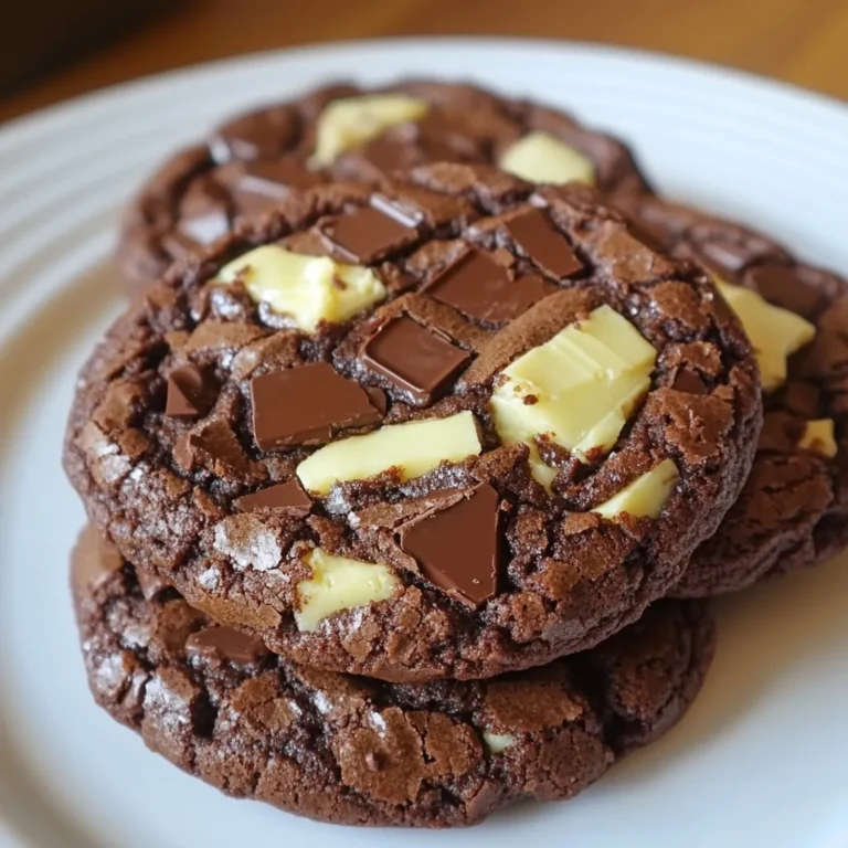 - 1 cup unsalted butter, melted - 1 cup brown sugar - 1/2 cup granulated sugar - 2 large eggs - 1 tablespoon vanilla extract - 1 cup all-purpose flour - 1/3 cup unsweetened cocoa powder - 1/2 teaspoon baking powder - 1/4 teaspoon salt - 1 cup semi-sweet chocolate chips - 1/2 cup white chocolate chips - 1/2 cup dark chocolate chunks Using high-quality cocoa powder makes a big difference. Look for brands with rich flavor. You can also try different types of chocolate for new tastes. Semi-sweet chocolate is classic, but dark chocolate adds depth. If you need to avoid gluten, swap all-purpose flour for a gluten-free blend. Always check labels to ensure they meet your needs. {{ingredient_image_1}} To start, preheat your oven to 350°F (175°C). This step is key for even baking. Next, line a baking sheet with parchment paper. This helps prevent sticking, making cleanup easy. In a large bowl, whisk together the melted butter, brown sugar, and granulated sugar. Mix until smooth. Then, add the eggs one at a time, mixing well after each. Don’t forget the vanilla extract; it adds great flavor! Now, take another bowl to sift the dry ingredients. Combine the flour, cocoa powder, baking powder, and salt. Gradually mix these dry ingredients into your wet mixture. Be careful not to over-mix. This keeps your cookies soft and chewy. When combining the ingredients, fold in the chocolate chips. Use semi-sweet, white chocolate, and dark chocolate chunks. This mix gives the cookies their rich flavor. Use a cookie scoop or tablespoon to drop balls of dough onto the prepared baking sheet. Remember to leave about 2 inches between each cookie. Bake your cookies in the preheated oven for 10-12 minutes. Look for edges that are set while the centers should be soft. This is a good sign! After baking, let them cool on the sheet for 5 minutes. Then, transfer them to a wire rack. This helps them cool completely and keeps them from getting soggy. Enjoy your delicious triple chocolate brownie cookies! To get the perfect texture in your Triple Chocolate Brownie Cookies, focus on the balance between chewy and cakey. If you want chewy cookies, use less flour. For cakey cookies, add a bit more flour. Adjusting bake time also helps. Bake for 10 minutes for softer cookies. Check them; the edges should be set, but the middle should still look soft. To boost the rich chocolate flavor, add a teaspoon of espresso powder. This small amount makes a big difference. You can also experiment with different types of chocolate. Try using dark chocolate for a more intense taste. Mixing semi-sweet and milk chocolate offers a nice blend of flavors. Avoid overbaking your cookies. If you leave them in too long, they become dry. The centers should look soft when you take them out. Underbaking can also be a problem. If they are too soft when you remove them, let them rest on the pan for a few minutes. Mixing cold ingredients can lead to uneven baking. Always use room temperature eggs and butter for the best results. Pro Tips Chill the Dough: For thicker cookies, chill the dough for at least 30 minutes before baking. This helps prevent spreading and enhances flavor. Use Quality Chocolate: Opt for high-quality chocolate chips and chunks for richer flavor and better texture in your cookies. Monitor Baking Time: Keep an eye on your cookies as they bake. Remove them when the edges look set but the centers are still soft for a fudgy texture. Experiment with Mix-ins: Feel free to customize your cookies by adding nuts, dried fruit, or different types of chocolate to suit your taste. {{image_2}} You can make these cookies even more exciting! Adding nuts gives a nice crunch. Try walnuts or pecans for a rich flavor. Dried fruit adds a sweet touch, too. Chopped cherries or cranberries work well. You can also spice things up. Adding a pinch of cinnamon enhances the chocolate taste. It adds warmth without being overpowering. Want a vegan version? Swap the eggs for flaxseed meal. Mix 1 tablespoon of flaxseed with 2.5 tablespoons of water. Let it sit for five minutes to thicken. Replace the butter with coconut oil or vegan butter. Use dairy-free chocolate chips for a fully vegan treat. If you're gluten-free, choose gluten-free flour blends. These options keep the cookies tasty and fun. Make these cookies shine for special occasions! Add decorative toppings like melted chocolate or sprinkles. You can drizzle some melted chocolate on top for flair. Serve them with a scoop of vanilla ice cream for a treat. Arrange the cookies nicely on a platter. A touch of fresh mint leaves adds color and freshness. These simple ideas make your cookies look and taste great! To keep your triple chocolate brownie cookies fresh, store them at room temperature. Place them in an airtight container. This method helps maintain their soft and chewy texture. If you want to save some for later, freeze the cookie dough or the baked cookies. To freeze the dough, scoop out your cookie balls and place them on a baking sheet. Freeze until solid, then transfer them to a freezer bag. This way, you can bake fresh cookies anytime you crave them. For baked cookies, let them cool completely before freezing. Wrap each cookie in plastic wrap and place them in a freezer bag. They stay fresh for up to three months in the freezer. These cookies stay fresh for about one week when stored at room temperature. If you freeze them, they can last for about three months. Look for signs that cookies have gone stale. If they feel hard or crumbly, they may be past their prime. Fresh cookies should feel soft and moist. If they lose that texture, it’s time to toss them out. - Can I use different types of chocolate? Yes, you can use different chocolates. Feel free to swap semi-sweet for milk chocolate or use all dark chocolate. You can even add fun flavors, like mint or orange. - How do I store my cookies to keep them soft? Store cookies in an airtight container. You can add a slice of bread to keep them moist. This simple trick helps cookies stay soft and chewy. - What can I substitute for eggs in this recipe? You can use flax seed meal or applesauce. For each egg, use 1 tablespoon of flax mixed with 2.5 tablespoons of water. Or, use 1/4 cup of applesauce for a sweet, soft cookie. - What to do if the dough is too sticky? If your dough is sticky, add a bit more flour. Start with one tablespoon at a time. Mix well until you reach the right consistency. - How to fix overbaked cookies? Overbaked cookies can still taste good. Try making a milkshake or sundae with them. Crumble the cookies and mix them into ice cream for a fun treat. - Can I double the recipe? Yes, you can double the recipe. Just make sure to mix in a large bowl. Baking time may vary, so check your cookies often. - What is the best way to ensure even baking? To ensure even baking, rotate your baking sheet halfway through. Also, space your cookies evenly on the sheet. This helps air circulate around them. You now have all the tools to make perfect triple chocolate brownie cookies. Remember the key ingredients and tips to choose the best ones. Follow the step-by-step instructions to ensure great results. You can set your own flavor twists or adapt the recipe for your dietary needs. Proper storage keeps your cookies fresh longer. With practice, you'll avoid common mistakes and create a delightful treat. Enjoy baking and sharing your cookies, knowing you’ve mastered this delicious recipe!