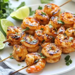 - 1 lb large shrimp (peeled and deveined) - 2 tablespoons olive oil - 2 tablespoons lime juice (freshly squeezed) - 1 tablespoon chipotle powder - 1 teaspoon garlic powder - 1 teaspoon smoked paprika - 1 teaspoon cumin - 1 teaspoon honey - Salt and pepper to taste - Fresh cilantro for garnish - Lime wedges for serving - Skewers (wooden or metal) To start, you’ll need fresh shrimp. I use large shrimp for this recipe. They have a firm texture and cook quickly. Peel and devein them before you begin. Next, gather your spices. Chipotle powder gives a smoky kick. Garlic powder adds depth, while smoked paprika brings warmth. Cumin gives a nice earthy tone. For the marinade, mix olive oil and fresh lime juice. The lime juice brightens the shrimp. Honey adds a nice touch of sweetness. I always add salt and pepper to taste. After mixing all the ingredients, your marinade is ready. Prepare your skewers. If you use wooden ones, soak them in water. This helps prevent burning on the grill. Finally, have fresh cilantro and lime wedges ready for garnish. These will enhance the dish when serving. Each ingredient plays a vital role in creating a bold and flavorful experience. {{ingredient_image_1}} To start, let’s mix the marinade. In a large bowl, combine these ingredients: - 2 tablespoons olive oil - 2 tablespoons lime juice - 1 tablespoon chipotle powder - 1 teaspoon garlic powder - 1 teaspoon smoked paprika - 1 teaspoon cumin - 1 teaspoon honey - Salt and pepper to taste Whisk until smooth. This blend gives your shrimp a bold flavor. Now, let’s coat the shrimp. Add 1 pound of peeled and deveined shrimp to the marinade. Stir well to ensure each shrimp is coated. Cover the bowl with plastic wrap. Let it marinate in the fridge for at least 30 minutes. For a richer taste, marinate for up to 2 hours. Next, prepare the skewers. If you use wooden skewers, soak them in water for 30 minutes. This step keeps them from burning on the grill. While they soak, preheat your grill or grill pan to medium-high heat. This ensures your skewers will cook evenly and quickly. Now, it’s time to assemble the skewers. Take the marinated shrimp and thread them onto the soaked skewers, about 5-6 shrimp per skewer. Make sure they are close but not touching. Place the skewers on the preheated grill. Grill the shrimp for about 2-3 minutes on each side. They are done when they turn opaque and firm up. Be careful not to overcook them; otherwise, they can get rubbery. Once cooked, remove the skewers from the grill. For a beautiful presentation, garnish with freshly chopped cilantro. Serve with lime wedges on the side. This adds an extra burst of flavor that pairs well with the chipotle and lime. Enjoy your flavorful grilled treat! To get the best flavor, marination is key. I recommend marinating your shrimp for at least 30 minutes. However, if you have time, let them soak for up to 2 hours. This will give the shrimp a bold, zesty taste. Always use fresh ingredients. Fresh lime juice and spices will enhance the flavors. They make a big difference! When cooking, you can use a grill or a grill pan. Both work well, but a grill gives a smoky flavor. If you use a grill pan, heat it to medium-high. Be careful when cooking shrimp. Avoid overcooking them! Cook for just 2-3 minutes on each side. They should turn opaque and firm. Garnishing adds a nice touch to your dish. I like to sprinkle fresh cilantro on top. It looks great and tastes amazing! For serving, add lime wedges on the side. They give an extra burst of flavor. You can serve the skewers on a platter or individual plates. This makes your meal feel special! Pro Tips Marinate for Maximum Flavor: Allowing the shrimp to marinate for at least 1 hour will enhance the flavor significantly. If you have time, marinate overnight for an even deeper taste. Use Fresh Lime Juice: Freshly squeezed lime juice is key to achieving the best flavor. Bottled lime juice often lacks the vibrant taste that fresh juice provides. Don’t Overcrowd the Grill: Give each skewer enough space on the grill to ensure even cooking. Overcrowding can lead to steaming instead of grilling, which affects the texture. Check for Doneness: Shrimp cook quickly; they are done when they turn pink and opaque. Use a meat thermometer to ensure the internal temperature reaches 120°F (49°C) for optimal safety and flavor. {{image_2}} You can spice up your Chipotle Lime Shrimp Skewers in fun ways. Try adding extra heat with cayenne or crushed red pepper. This makes your skewers even more exciting. Another way to add flavor is to use a different marinade. You can mix honey with soy sauce or switch lime juice for orange juice. Each twist will give you a unique taste. If you want to switch up the protein, shrimp isn’t your only choice. You can use chicken or tofu instead. Chicken is tasty when marinated, just like shrimp. Tofu soaks up flavors well too. If you need a dairy-free option, skip the honey or use agave syrup instead. This keeps your dish plant-based and delicious. You don’t have to grill your skewers to enjoy them. You can bake them in the oven. Preheat your oven to 400°F (200°C) and place the skewers on a baking sheet. Bake for about 10-12 minutes. This method keeps the flavors and adds a nice texture. Another option is to cook them on the stovetop. Use a grill pan over medium-high heat. Follow the same cooking time as grilling. This method is great if you don’t have a grill outside. Each cooking method offers a different way to enjoy your skewers. To store your Chipotle Lime Shrimp Skewers, follow these steps: - Refrigeration suggestions: Place leftovers in an airtight container. They will stay fresh for up to 3 days in the fridge. - Freezing instructions: If you want to keep them longer, you can freeze the skewers. Wrap them tightly in plastic wrap, then place them in a freezer bag. They can last for up to 2 months in the freezer. When it's time to enjoy the leftovers, use these methods: - Best methods for reheating skewers: The best way to reheat skewers is to use the grill or a skillet. This helps retain their flavor and texture. You can also use an oven set to 350°F for 10-15 minutes. - Ensuring shrimp remains juicy: To keep shrimp juicy, avoid reheating them too long. A quick heat will keep them tender and flavorful. Knowing how long to keep your shrimp skewers is important: - How long to keep refrigerated or frozen: In the fridge, enjoy them within 3 days. If frozen, they should be eaten within 2 months for the best taste. You can tell shrimp are done when they turn pink and opaque. The shrimp will curl into a C shape. Check the internal temperature; it should reach 120°F. If you see a slight firmness, they are ready. Avoid overcooking, as shrimp can become tough and rubbery. Yes, you can marinate shrimp overnight. This gives the flavors more time to soak in. If you do this, use the fridge to keep them fresh. However, marinating for 30 minutes to 2 hours also works well. Too long can make the shrimp mushy. Serve these skewers with flavorful sides. Consider these options: - Cilantro lime rice - Grilled corn on the cob - Fresh avocado salad - Sweet potato fries - Black bean salsa These sides will add color and taste to your meal. Enjoy the mix of flavors! The blog covered the easy steps for making Chipotle Lime Shrimp Skewers. You learned about the key ingredients, marination process, and grilling tips. Remember to check for doneness by looking for an opaque color in the shrimp. Feel free to get creative with flavors or try different proteins. Enjoy these skewers with your favorite sides. Cooking is fun, and these shrimp will impress your family and friends. Follow this guide, and you’ll have a tasty meal ready in no time. Happy grilling!