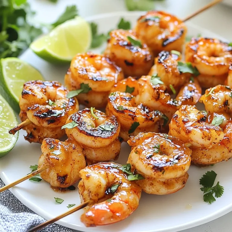 - 1 lb large shrimp (peeled and deveined) - 2 tablespoons olive oil - 2 tablespoons lime juice (freshly squeezed) - 1 tablespoon chipotle powder - 1 teaspoon garlic powder - 1 teaspoon smoked paprika - 1 teaspoon cumin - 1 teaspoon honey - Salt and pepper to taste - Fresh cilantro for garnish - Lime wedges for serving - Skewers (wooden or metal) To start, you’ll need fresh shrimp. I use large shrimp for this recipe. They have a firm texture and cook quickly. Peel and devein them before you begin. Next, gather your spices. Chipotle powder gives a smoky kick. Garlic powder adds depth, while smoked paprika brings warmth. Cumin gives a nice earthy tone. For the marinade, mix olive oil and fresh lime juice. The lime juice brightens the shrimp. Honey adds a nice touch of sweetness. I always add salt and pepper to taste. After mixing all the ingredients, your marinade is ready. Prepare your skewers. If you use wooden ones, soak them in water. This helps prevent burning on the grill. Finally, have fresh cilantro and lime wedges ready for garnish. These will enhance the dish when serving. Each ingredient plays a vital role in creating a bold and flavorful experience. {{ingredient_image_1}} To start, let’s mix the marinade. In a large bowl, combine these ingredients: - 2 tablespoons olive oil - 2 tablespoons lime juice - 1 tablespoon chipotle powder - 1 teaspoon garlic powder - 1 teaspoon smoked paprika - 1 teaspoon cumin - 1 teaspoon honey - Salt and pepper to taste Whisk until smooth. This blend gives your shrimp a bold flavor. Now, let’s coat the shrimp. Add 1 pound of peeled and deveined shrimp to the marinade. Stir well to ensure each shrimp is coated. Cover the bowl with plastic wrap. Let it marinate in the fridge for at least 30 minutes. For a richer taste, marinate for up to 2 hours. Next, prepare the skewers. If you use wooden skewers, soak them in water for 30 minutes. This step keeps them from burning on the grill. While they soak, preheat your grill or grill pan to medium-high heat. This ensures your skewers will cook evenly and quickly. Now, it’s time to assemble the skewers. Take the marinated shrimp and thread them onto the soaked skewers, about 5-6 shrimp per skewer. Make sure they are close but not touching. Place the skewers on the preheated grill. Grill the shrimp for about 2-3 minutes on each side. They are done when they turn opaque and firm up. Be careful not to overcook them; otherwise, they can get rubbery. Once cooked, remove the skewers from the grill. For a beautiful presentation, garnish with freshly chopped cilantro. Serve with lime wedges on the side. This adds an extra burst of flavor that pairs well with the chipotle and lime. Enjoy your flavorful grilled treat! To get the best flavor, marination is key. I recommend marinating your shrimp for at least 30 minutes. However, if you have time, let them soak for up to 2 hours. This will give the shrimp a bold, zesty taste. Always use fresh ingredients. Fresh lime juice and spices will enhance the flavors. They make a big difference! When cooking, you can use a grill or a grill pan. Both work well, but a grill gives a smoky flavor. If you use a grill pan, heat it to medium-high. Be careful when cooking shrimp. Avoid overcooking them! Cook for just 2-3 minutes on each side. They should turn opaque and firm. Garnishing adds a nice touch to your dish. I like to sprinkle fresh cilantro on top. It looks great and tastes amazing! For serving, add lime wedges on the side. They give an extra burst of flavor. You can serve the skewers on a platter or individual plates. This makes your meal feel special! Pro Tips Marinate for Maximum Flavor: Allowing the shrimp to marinate for at least 1 hour will enhance the flavor significantly. If you have time, marinate overnight for an even deeper taste. Use Fresh Lime Juice: Freshly squeezed lime juice is key to achieving the best flavor. Bottled lime juice often lacks the vibrant taste that fresh juice provides. Don’t Overcrowd the Grill: Give each skewer enough space on the grill to ensure even cooking. Overcrowding can lead to steaming instead of grilling, which affects the texture. Check for Doneness: Shrimp cook quickly; they are done when they turn pink and opaque. Use a meat thermometer to ensure the internal temperature reaches 120°F (49°C) for optimal safety and flavor. {{image_2}} You can spice up your Chipotle Lime Shrimp Skewers in fun ways. Try adding extra heat with cayenne or crushed red pepper. This makes your skewers even more exciting. Another way to add flavor is to use a different marinade. You can mix honey with soy sauce or switch lime juice for orange juice. Each twist will give you a unique taste. If you want to switch up the protein, shrimp isn’t your only choice. You can use chicken or tofu instead. Chicken is tasty when marinated, just like shrimp. Tofu soaks up flavors well too. If you need a dairy-free option, skip the honey or use agave syrup instead. This keeps your dish plant-based and delicious. You don’t have to grill your skewers to enjoy them. You can bake them in the oven. Preheat your oven to 400°F (200°C) and place the skewers on a baking sheet. Bake for about 10-12 minutes. This method keeps the flavors and adds a nice texture. Another option is to cook them on the stovetop. Use a grill pan over medium-high heat. Follow the same cooking time as grilling. This method is great if you don’t have a grill outside. Each cooking method offers a different way to enjoy your skewers. To store your Chipotle Lime Shrimp Skewers, follow these steps: - Refrigeration suggestions: Place leftovers in an airtight container. They will stay fresh for up to 3 days in the fridge. - Freezing instructions: If you want to keep them longer, you can freeze the skewers. Wrap them tightly in plastic wrap, then place them in a freezer bag. They can last for up to 2 months in the freezer. When it's time to enjoy the leftovers, use these methods: - Best methods for reheating skewers: The best way to reheat skewers is to use the grill or a skillet. This helps retain their flavor and texture. You can also use an oven set to 350°F for 10-15 minutes. - Ensuring shrimp remains juicy: To keep shrimp juicy, avoid reheating them too long. A quick heat will keep them tender and flavorful. Knowing how long to keep your shrimp skewers is important: - How long to keep refrigerated or frozen: In the fridge, enjoy them within 3 days. If frozen, they should be eaten within 2 months for the best taste. You can tell shrimp are done when they turn pink and opaque. The shrimp will curl into a C shape. Check the internal temperature; it should reach 120°F. If you see a slight firmness, they are ready. Avoid overcooking, as shrimp can become tough and rubbery. Yes, you can marinate shrimp overnight. This gives the flavors more time to soak in. If you do this, use the fridge to keep them fresh. However, marinating for 30 minutes to 2 hours also works well. Too long can make the shrimp mushy. Serve these skewers with flavorful sides. Consider these options: - Cilantro lime rice - Grilled corn on the cob - Fresh avocado salad - Sweet potato fries - Black bean salsa These sides will add color and taste to your meal. Enjoy the mix of flavors! The blog covered the easy steps for making Chipotle Lime Shrimp Skewers. You learned about the key ingredients, marination process, and grilling tips. Remember to check for doneness by looking for an opaque color in the shrimp. Feel free to get creative with flavors or try different proteins. Enjoy these skewers with your favorite sides. Cooking is fun, and these shrimp will impress your family and friends. Follow this guide, and you’ll have a tasty meal ready in no time. Happy grilling!