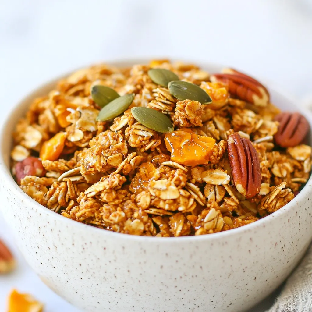 To make pumpkin spice granola, you need: - 3 cups rolled oats - 1 cup pumpkin seeds - 1/2 cup chopped pecans - 1/2 cup unsweetened shredded coconut - 1/2 cup honey or maple syrup - 1/4 cup coconut oil, melted - 1 cup canned pumpkin puree - 1 teaspoon vanilla extract - 2 teaspoons pumpkin pie spice - 1/2 teaspoon sea salt - 1/2 cup dried cranberries or raisins (optional) These ingredients blend together to create a tasty and healthy breakfast. You can swap some ingredients if needed. Try using: - Almonds or walnuts instead of pecans - Sunflower seeds for pumpkin seeds - Agave syrup in place of honey or maple syrup - Olive oil instead of coconut oil - Any nut or seed butter in place of pumpkin puree for a twist These options keep the flavor and texture while catering to your taste. Each serving of pumpkin spice granola has: - Calories: 210 - Protein: 6g - Carbohydrates: 30g - Fiber: 4g - Sugars: 7g - Fat: 9g This granola is rich in nutrients and makes a filling breakfast. Enjoy it as part of a balanced diet! {{ingredient_image_1}} First, preheat your oven to 350°F (175°C). Line a large baking sheet with parchment paper. In a big bowl, mix the rolled oats, pumpkin seeds, chopped pecans, and shredded coconut. Add pumpkin pie spice and sea salt. Stir well to blend the dry ingredients. In another bowl, whisk together honey or maple syrup, melted coconut oil, canned pumpkin puree, and vanilla extract. Mix until smooth. Now, pour the wet mix over the dry ingredients. Stir until every piece is coated. Spread the granola mixture evenly on your baking sheet. Press it down gently for even baking. Bake in the oven for 25-30 minutes. Stir halfway through to help it brown evenly. The granola should turn golden and smell great. Once done, take it out and let it cool completely on the baking sheet. This helps it to clump together nicely. To get the best texture, do not skip the cooling step. Cool it fully for the best clumping. Baking at the right temperature is key. If it bakes too fast, it may burn. Stirring halfway through ensures even color and crunch. You can also adjust the thickness when pressing it down. A thicker layer will be crunchier, while a thinner layer will be more crumbly. To get the best results, measure your ingredients carefully. For dry items like oats and nuts, use a dry measuring cup. Scoop the ingredient and level it off with a flat edge. This gives you the right amount without packing it down. For sticky items like honey or syrup, spray your measuring cup with a little oil first. This helps the liquid slide out easily. Once your granola cools, store it in an airtight container. This keeps it from getting soggy. You can use a glass jar or a plastic container with a tight lid. Place it in a cool, dry place, away from sunlight. It can stay fresh for up to two weeks this way. If you want it to last longer, you can freeze it. Just be sure to use a freezer-safe bag or container. Enjoy your pumpkin spice granola in many ways! You can serve it with yogurt or milk. Adding fresh fruit like bananas or berries makes it even better. For a quick snack, eat it plain or sprinkle it on top of your smoothie. You can also use it as a topping for oatmeal or desserts. This granola is tasty and versatile, making breakfast fun and exciting! Pro Tips Use Fresh Spices: For the best flavor, use freshly ground pumpkin pie spice or grind your own spices to enhance the aroma and taste of your granola. Experiment with Sweeteners: Feel free to substitute honey with agave syrup or brown rice syrup for a different sweetness profile and to make it vegan. Customize Your Nuts: Swap out pecans for walnuts or almonds based on your preference, or mix in a variety of nuts to add texture and flavor. Store Properly: To maintain freshness, store your granola in an airtight container at room temperature, and it will last up to two weeks. {{image_2}} You can change the nuts and seeds in this granola. If you want, try sunflower seeds instead of pumpkin seeds. You can also use walnuts or almonds instead of pecans. Each nut brings a different flavor. This keeps your granola fresh and fun. Honey is great, but you can use maple syrup instead. Agave nectar is another good choice if you want a vegan option. You can even use brown sugar for a richer taste. Just remember to adjust the amount to keep the right balance. Want to spice things up? Add cinnamon or nutmeg for extra warmth. A pinch of ginger can also give it a nice kick. You can even mix in some cocoa powder for a chocolate twist. Experiment with these flavors to find your favorite! To keep your pumpkin spice granola fresh, use an airtight container. This will keep air and moisture out. Glass jars or plastic containers work well. Make sure the container is clean and dry before filling it. Store it in a cool, dry place. A pantry or cupboard is perfect for this. When stored properly, your granola can last up to two weeks. If you notice any change in smell or texture, it’s best to throw it out. If you want it to last longer, consider freezing it. This way, you can enjoy your tasty granola any time. Freezing granola is easy and effective. First, let the granola cool completely. Then, transfer it to a freezer-safe bag or container. Squeeze out any extra air to prevent freezer burn. Your granola can last up to three months in the freezer. When you are ready to eat it, just thaw it in the fridge overnight. Enjoy your delicious granola fresh! Yes, you can make pumpkin spice granola gluten-free. Use certified gluten-free oats. Most oats are safe, but check the label. You can also use gluten-free flour in your recipe. This way, you still enjoy the same crunchy texture. Pumpkin spice granola is healthy in many ways. It has rolled oats, which are great for heart health. They provide fiber and can help lower cholesterol levels. Pumpkin seeds add protein and healthy fats. Pecans give you more nutrients and antioxidants. Coconut adds flavor and healthy fats too. Plus, pumpkin puree is full of vitamins. All these ingredients make it a tasty way to start your day. You can find ready-made pumpkin spice granola at many grocery stores. Look in the cereal aisle or the health food section. Many brands offer this flavor, so check for one that fits your taste. You can also order it online if you prefer. In this post, we covered how to make pumpkin spice granola from scratch. You learned about key ingredients, how to bake it, and useful tips for perfect texture. We also explored ingredient swaps and storage tips to keep your granola fresh. Remember, making your own granola lets you control the flavor and nutrition. Enjoy your cooking, and share your granola creations!