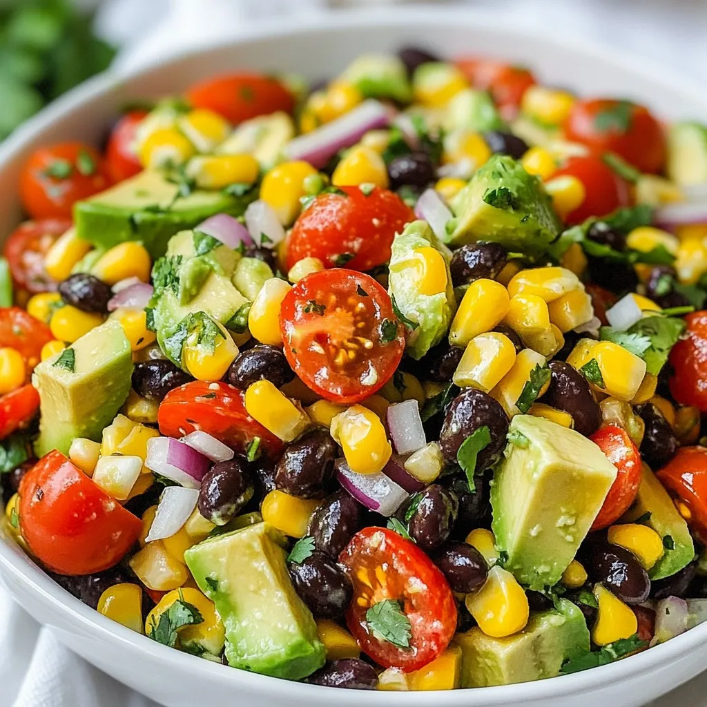 - 2 ripe avocados, diced - 1 can (15 oz) black beans, rinsed and drained - 1 cup cherry tomatoes, halved - 1 red bell pepper, diced - 1 small red onion, finely chopped - 1 cup corn kernels (fresh, frozen, or canned) - 1/4 cup fresh cilantro, chopped - Juice of 2 limes - 2 tablespoons olive oil - 1 teaspoon ground cumin - 1/2 teaspoon chili powder - Salt and pepper to taste This salad is packed with nutrients. Each serving offers healthy fats from avocados. Black beans add protein and fiber, keeping you full. Tomatoes and peppers bring vitamins A and C. The corn adds sweetness and crunch. Overall, this dish supports good health and energy. You can swap ingredients if needed. If you lack fresh corn, use canned or frozen. Instead of fresh cilantro, try parsley for a different taste. If you're out of limes, lemon juice works well. For a milder flavor, use a yellow bell pepper instead of red. {{ingredient_image_1}} To start, gather all your ingredients. You will need ripe avocados, black beans, cherry tomatoes, red bell pepper, red onion, corn, and fresh cilantro. 1. First, take the two ripe avocados. Cut them in half, remove the pit, and scoop out the flesh. Dice the avocados into small cubes. 2. Next, grab the can of black beans. Rinse them under cool water and drain them well. This step helps remove extra salt. 3. Halve the cherry tomatoes and dice the red bell pepper. Chop the red onion finely. You want small pieces to blend well in the salad. 4. If you use fresh corn, cut the kernels off the cob. If not, frozen or canned corn works great too. 5. In a large mixing bowl, combine all these ingredients: diced avocados, black beans, cherry tomatoes, red bell pepper, corn, and chopped red onion. Add the fresh cilantro last. Now, let’s make the dressing. 1. In a small bowl, juice two limes. You need about 1/4 cup of lime juice. 2. Add two tablespoons of olive oil to the lime juice. This adds a rich flavor. 3. Next, sprinkle in one teaspoon of ground cumin and one-half teaspoon of chili powder. These spices give the salad a nice kick. 4. Add a pinch of salt and pepper. Whisk all these ingredients together until they blend well. With the salad and dressing ready, it’s time to toss everything together. 1. Pour the dressing over the salad mixture in the large bowl. 2. Gently toss the salad with a spoon. Be careful! You do not want to mash the avocados. 3. Taste the salad. If you want more flavor, add a bit more salt or pepper. 4. Serve the salad right away for the best taste. This bright and fresh dish will impress anyone! To keep your Avocado Black Bean Salad tasting its best, choose fresh ingredients. Select ripe avocados that yield slightly when pressed. Look for black beans in a can with no added sugars. Fresh cherry tomatoes should feel firm and bright. When using corn, fresh kernels are ideal, but frozen or canned work well too. Always rinse canned ingredients to reduce sodium. This salad shines as a main dish or as a side. Pair it with grilled chicken or fish for a filling meal. You can also serve it with tortilla chips for a fun snack. Try adding it to tacos for extra flavor. This salad also works well at parties, picnics, or potlucks. Serve the salad in a large bowl or individual cups. This adds flair and makes it easy to share. For a colorful touch, garnish with extra cilantro and lime wedges. You can also sprinkle some chili powder on top for a pop of color. A vibrant presentation makes your dish more inviting and enjoyable. Pro Tips Choose Ripe Avocados: Make sure your avocados are perfectly ripe for the best flavor and texture. They should yield slightly when gently pressed. Fresh Ingredients Matter: Use fresh vegetables and herbs for a more vibrant and flavorful salad. Frozen corn can be used, but fresh corn is the best option. Adjust the Spice Level: Feel free to add more chili powder or even diced jalapeños if you like your salad with a little extra heat. Serve Immediately: For the best taste and texture, serve the salad right after tossing with the dressing to prevent the avocados from browning. {{image_2}} You can easily boost the protein in your salad. Try adding grilled chicken, shrimp, or tofu. These options add flavor and texture. For a quick choice, mix in canned tuna or chickpeas. Each adds a nice twist and makes the dish heartier. Feel free to mix in other vegetables. Diced cucumbers or zucchini give a fresh crunch. Try adding radishes for a peppery kick. You can also toss in diced carrots or celery for more color and taste. The goal is to make it your own while keeping it vibrant. If you're looking for a new flavor, try different dressings. A balsamic vinaigrette can bring a sweet touch. For a spicy kick, mix in some hot sauce or sriracha. You can also use yogurt-based dressings for a creamy contrast. Each option adds a new layer to the salad. To store leftovers, place the salad in an airtight container. Make sure to cover it well. This helps keep the salad fresh longer. If you plan to eat it later, store it in the fridge. It tastes best within a day or two. The longer it sits, the softer the avocados get. I do not recommend freezing this salad. Freezing changes the texture of avocados and tomatoes. They become mushy once thawed. If you have extra black beans or corn, you can freeze those. Just make sure to store them in a safe container. - Avocados: Use within 1-2 days of cutting. They brown quickly after being chopped. - Black Beans: Canned beans last up to 3-4 years if unopened. Once opened, use them within 3-4 days. - Cherry Tomatoes: Fresh tomatoes last about a week. Store them at room temperature. - Red Bell Pepper: It stays fresh for about 1 week in the fridge. - Red Onion: Whole onions can last up to a month. Once cut, use it within a week. - Corn: Fresh corn lasts 1-2 days. Frozen corn lasts up to 8 months. - Cilantro: It can last up to a week in the fridge, but it wilts fast. To make this salad vegan, simply use plant-based options for the dressing. The current recipe is already vegan because it uses lime juice and olive oil. These ingredients are perfect for adding a tasty zing without any animal products. You can also add more fresh herbs to enhance the flavor. Yes, you can use canned black beans instead of dried ones. Canned beans save time and are very easy to use. Just rinse and drain them before adding to your salad. This step helps remove extra sodium and improves the taste. Canned beans are a great option for quick meals. This salad pairs well with grilled chicken or fish for a light meal. You can also enjoy it with tortilla chips for a fun snack. If you're looking for a vegetarian option, try it with quinoa or brown rice. This salad also works as a side dish for tacos or burritos. In this article, I covered the key ingredients for a delicious Avocado Black Bean Salad. We explored its nutritional value, and substitutions, and provided step-by-step instructions for making it. I shared tips for freshness and presentation, plus variations to suit your tastes. Finally, I covered how to store leftovers for future meals. This salad is not only tasty but also easy to customize. Enjoy making it your own!