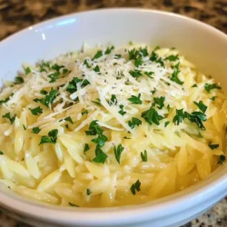 - 1 cup orzo pasta - 2 tablespoons olive oil - 3 cloves garlic, minced - 2 cups vegetable broth - 1 cup heavy cream - 1 cup grated Parmesan cheese - 1/2 teaspoon salt - 1/4 teaspoon black pepper - 1/4 teaspoon red pepper flakes (optional) - 2 tablespoons fresh parsley, chopped (for garnish) You can swap the vegetable broth for chicken broth if you prefer. This change adds a richer flavor. For a lighter dish, use half-and-half instead of heavy cream. If you want a nutty taste, use Pecorino Romano cheese in place of Parmesan. Fresh garlic is key for the best taste. Using fresh ingredients makes a big difference. Fresh garlic gives bold flavor and aroma. Fresh herbs, like parsley, add a pop of color and taste. High-quality Parmesan cheese melts beautifully, creating a creamy texture. Always choose fresh, vibrant ingredients for the best results. They make your dish more enjoyable and delicious. {{ingredient_image_1}} Start by gathering all your ingredients. You will need: - 1 cup orzo pasta - 2 tablespoons olive oil - 3 cloves garlic, minced - 2 cups vegetable broth - 1 cup heavy cream - 1 cup grated Parmesan cheese - 1/2 teaspoon salt - 1/4 teaspoon black pepper - 1/4 teaspoon red pepper flakes (optional) - 2 tablespoons fresh parsley, chopped (for garnish) Make sure to measure everything out. This makes cooking smooth and easy. Heat a large skillet over medium heat. Pour in the olive oil. This will help the garlic cook nicely. Add the minced garlic and sauté for about one minute. Watch it closely to prevent burning. Next, stir in the orzo. Cook it for one to two minutes. This toasts the pasta a bit, giving it great flavor. Now, pour in the vegetable broth. Bring it to a boil, then reduce the heat. Let it simmer for about ten minutes. Stir it occasionally. You want the orzo to be al dente and most of the liquid absorbed. After that, lower the heat again. Add in the heavy cream and grated Parmesan cheese. Mix well until the cheese melts. Add salt, black pepper, and red pepper flakes if you like a little heat. Remove the skillet from heat. Let it sit for a couple of minutes. This helps the dish thicken. Taste it and adjust the seasoning if you need. Finally, serve the orzo in shallow bowls. Drizzle with more olive oil and sprinkle extra Parmesan and parsley on top. Enjoy your creamy garlic Parmesan orzo! To cook orzo just right, start with a large pot. Use plenty of water, like for regular pasta. Bring the water to a boil before adding the orzo. Stir it well as it cooks. This helps keep it from sticking together. Cook orzo until it's al dente, which means it should still have a slight bite. This usually takes about 10 minutes. To make your orzo even more tasty, add fresh herbs and spices. Fresh parsley gives a nice touch. You can also try adding basil or thyme for a twist. If you like a kick, toss in some red pepper flakes. They bring heat without overpowering the dish. Always taste as you go. This way, you can adjust the flavors to your liking. One common mistake is overcooking the orzo. It can turn mushy and lose its texture. Keep an eye on the time and taste it as it cooks. Another mistake is not using enough salt. It’s vital to season the broth and cream well. Lastly, don’t skip the resting time after cooking. Letting the dish sit for a few minutes helps thicken the sauce and meld the flavors. Enjoy your creamy garlic Parmesan orzo! Pro Tips Perfectly Toasted Orzo: Toasting the orzo in olive oil before adding the broth enhances its nutty flavor. Keep an eye on it to prevent burning. Use Fresh Ingredients: Fresh garlic and parsley will elevate the dish's taste. Avoid dried garlic to maximize flavor. Adjust Consistency: If the orzo becomes too thick, add a splash of vegetable broth or cream to reach your desired creaminess. Experiment with Cheese: While Parmesan is classic, mixing in other cheeses like Pecorino Romano or fontina can add depth to the flavor. {{image_2}} You can make Creamy Garlic Parmesan Orzo even better by adding veggies. Some great options include spinach, peas, or cherry tomatoes. To add them, simply toss in your chosen vegetables when you stir in the orzo. For instance, add fresh spinach during the last few minutes of cooking. It wilts down nicely and adds a pop of color and flavor. If you prefer peas, mix them in with the broth. They cook quickly and stay sweet and vibrant. Want to turn this dish into a filling meal? Consider adding protein. You can use cooked chicken, shrimp, or even crispy bacon. If you choose chicken, diced rotisserie chicken works well. Just mix it in before serving. For shrimp, add them to the skillet a few minutes before the orzo is done. They will cook fast and add a lovely seafood taste. Bacon lovers can sprinkle in crispy bits after cooking. This will give your orzo a tasty crunch. While Parmesan cheese gives a great flavor, you can switch it up. Try using pecorino romano for a sharper taste. Feta cheese can also work for a tangy twist. If you want a creamy texture without dairy, opt for nutritional yeast. It adds a cheesy flavor without the milk. Just mix in the cheese of your choice at the end. This way, you get a delicious sauce that suits your taste. To store your Creamy Garlic Parmesan Orzo, let it cool to room temperature. Then, place it in an airtight container. Store it in the fridge for up to three days. For best taste, consume it within this time. If you have a large batch, consider dividing it into smaller portions. This makes it easy to reheat later. When you are ready to enjoy your leftovers, heat them gently. You can use the stovetop or microwave. If using the stovetop, add a splash of vegetable broth or cream. This helps restore the creamy texture. Heat over low heat, stirring often. If using the microwave, cover the dish with a lid. Heat in short intervals, stirring in between. This keeps the orzo from drying out. If you want to save orzo for later, freezing is a great option. First, let it cool completely. Then, transfer it to a freezer-safe container. You can also use freezer bags. Remove as much air as possible before sealing. This helps prevent freezer burn. You can freeze the orzo for up to three months. When ready to eat, thaw it in the fridge overnight. Reheat it as explained above for a delicious meal. Yes, you can use other small pastas like ditalini or couscous. They cook well and soak up flavors. Just make sure to adjust the cooking time based on the pasta you choose. Follow the package instructions for the best results. To make this dish vegan, swap the heavy cream for coconut cream or a plant-based cream. Use nutritional yeast instead of Parmesan cheese for a cheesy flavor. This keeps the dish creamy while staying plant-based. This orzo pairs well with grilled chicken or sautéed shrimp. You can also serve it with roasted vegetables or a fresh salad. The creamy texture complements many dishes, making it a great side or main course. In this post, we explored key ingredients, cooking steps, and how to enhance your orzo dish. Fresh ingredients make a big difference in flavor and texture. Always avoid common cooking mistakes for the best results. Consider variations with veggies, proteins, or different cheeses to keep it exciting. Lastly, proper storage and reheating ensure your leftovers stay delicious. Making orzo can be easy and fun when you follow these tips. Enjoy your cooking adventure with creamy garlic Parmesan orzo!