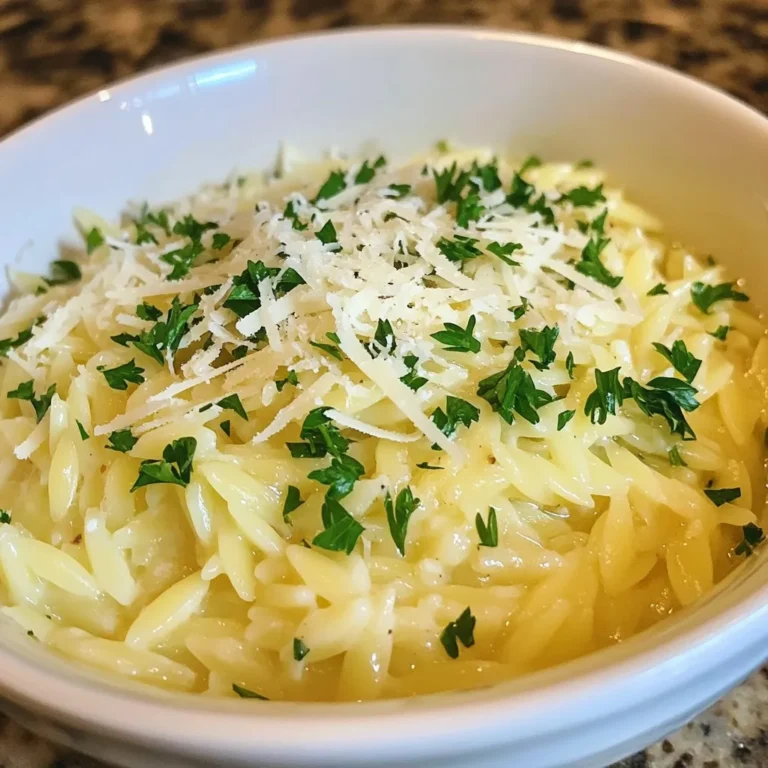 - 1 cup orzo pasta - 2 tablespoons olive oil - 3 cloves garlic, minced - 2 cups vegetable broth - 1 cup heavy cream - 1 cup grated Parmesan cheese - 1/2 teaspoon salt - 1/4 teaspoon black pepper - 1/4 teaspoon red pepper flakes (optional) - 2 tablespoons fresh parsley, chopped (for garnish) You can swap the vegetable broth for chicken broth if you prefer. This change adds a richer flavor. For a lighter dish, use half-and-half instead of heavy cream. If you want a nutty taste, use Pecorino Romano cheese in place of Parmesan. Fresh garlic is key for the best taste. Using fresh ingredients makes a big difference. Fresh garlic gives bold flavor and aroma. Fresh herbs, like parsley, add a pop of color and taste. High-quality Parmesan cheese melts beautifully, creating a creamy texture. Always choose fresh, vibrant ingredients for the best results. They make your dish more enjoyable and delicious. {{ingredient_image_1}} Start by gathering all your ingredients. You will need: - 1 cup orzo pasta - 2 tablespoons olive oil - 3 cloves garlic, minced - 2 cups vegetable broth - 1 cup heavy cream - 1 cup grated Parmesan cheese - 1/2 teaspoon salt - 1/4 teaspoon black pepper - 1/4 teaspoon red pepper flakes (optional) - 2 tablespoons fresh parsley, chopped (for garnish) Make sure to measure everything out. This makes cooking smooth and easy. Heat a large skillet over medium heat. Pour in the olive oil. This will help the garlic cook nicely. Add the minced garlic and sauté for about one minute. Watch it closely to prevent burning. Next, stir in the orzo. Cook it for one to two minutes. This toasts the pasta a bit, giving it great flavor. Now, pour in the vegetable broth. Bring it to a boil, then reduce the heat. Let it simmer for about ten minutes. Stir it occasionally. You want the orzo to be al dente and most of the liquid absorbed. After that, lower the heat again. Add in the heavy cream and grated Parmesan cheese. Mix well until the cheese melts. Add salt, black pepper, and red pepper flakes if you like a little heat. Remove the skillet from heat. Let it sit for a couple of minutes. This helps the dish thicken. Taste it and adjust the seasoning if you need. Finally, serve the orzo in shallow bowls. Drizzle with more olive oil and sprinkle extra Parmesan and parsley on top. Enjoy your creamy garlic Parmesan orzo! To cook orzo just right, start with a large pot. Use plenty of water, like for regular pasta. Bring the water to a boil before adding the orzo. Stir it well as it cooks. This helps keep it from sticking together. Cook orzo until it's al dente, which means it should still have a slight bite. This usually takes about 10 minutes. To make your orzo even more tasty, add fresh herbs and spices. Fresh parsley gives a nice touch. You can also try adding basil or thyme for a twist. If you like a kick, toss in some red pepper flakes. They bring heat without overpowering the dish. Always taste as you go. This way, you can adjust the flavors to your liking. One common mistake is overcooking the orzo. It can turn mushy and lose its texture. Keep an eye on the time and taste it as it cooks. Another mistake is not using enough salt. It’s vital to season the broth and cream well. Lastly, don’t skip the resting time after cooking. Letting the dish sit for a few minutes helps thicken the sauce and meld the flavors. Enjoy your creamy garlic Parmesan orzo! Pro Tips Perfectly Toasted Orzo: Toasting the orzo in olive oil before adding the broth enhances its nutty flavor. Keep an eye on it to prevent burning. Use Fresh Ingredients: Fresh garlic and parsley will elevate the dish's taste. Avoid dried garlic to maximize flavor. Adjust Consistency: If the orzo becomes too thick, add a splash of vegetable broth or cream to reach your desired creaminess. Experiment with Cheese: While Parmesan is classic, mixing in other cheeses like Pecorino Romano or fontina can add depth to the flavor. {{image_2}} You can make Creamy Garlic Parmesan Orzo even better by adding veggies. Some great options include spinach, peas, or cherry tomatoes. To add them, simply toss in your chosen vegetables when you stir in the orzo. For instance, add fresh spinach during the last few minutes of cooking. It wilts down nicely and adds a pop of color and flavor. If you prefer peas, mix them in with the broth. They cook quickly and stay sweet and vibrant. Want to turn this dish into a filling meal? Consider adding protein. You can use cooked chicken, shrimp, or even crispy bacon. If you choose chicken, diced rotisserie chicken works well. Just mix it in before serving. For shrimp, add them to the skillet a few minutes before the orzo is done. They will cook fast and add a lovely seafood taste. Bacon lovers can sprinkle in crispy bits after cooking. This will give your orzo a tasty crunch. While Parmesan cheese gives a great flavor, you can switch it up. Try using pecorino romano for a sharper taste. Feta cheese can also work for a tangy twist. If you want a creamy texture without dairy, opt for nutritional yeast. It adds a cheesy flavor without the milk. Just mix in the cheese of your choice at the end. This way, you get a delicious sauce that suits your taste. To store your Creamy Garlic Parmesan Orzo, let it cool to room temperature. Then, place it in an airtight container. Store it in the fridge for up to three days. For best taste, consume it within this time. If you have a large batch, consider dividing it into smaller portions. This makes it easy to reheat later. When you are ready to enjoy your leftovers, heat them gently. You can use the stovetop or microwave. If using the stovetop, add a splash of vegetable broth or cream. This helps restore the creamy texture. Heat over low heat, stirring often. If using the microwave, cover the dish with a lid. Heat in short intervals, stirring in between. This keeps the orzo from drying out. If you want to save orzo for later, freezing is a great option. First, let it cool completely. Then, transfer it to a freezer-safe container. You can also use freezer bags. Remove as much air as possible before sealing. This helps prevent freezer burn. You can freeze the orzo for up to three months. When ready to eat, thaw it in the fridge overnight. Reheat it as explained above for a delicious meal. Yes, you can use other small pastas like ditalini or couscous. They cook well and soak up flavors. Just make sure to adjust the cooking time based on the pasta you choose. Follow the package instructions for the best results. To make this dish vegan, swap the heavy cream for coconut cream or a plant-based cream. Use nutritional yeast instead of Parmesan cheese for a cheesy flavor. This keeps the dish creamy while staying plant-based. This orzo pairs well with grilled chicken or sautéed shrimp. You can also serve it with roasted vegetables or a fresh salad. The creamy texture complements many dishes, making it a great side or main course. In this post, we explored key ingredients, cooking steps, and how to enhance your orzo dish. Fresh ingredients make a big difference in flavor and texture. Always avoid common cooking mistakes for the best results. Consider variations with veggies, proteins, or different cheeses to keep it exciting. Lastly, proper storage and reheating ensure your leftovers stay delicious. Making orzo can be easy and fun when you follow these tips. Enjoy your cooking adventure with creamy garlic Parmesan orzo!
