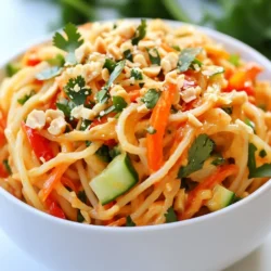 - 8 oz rice noodles - 1/2 cup creamy peanut butter - 3 tablespoons soy sauce - 1 tablespoon sesame oil - 2 tablespoons maple syrup - 1 tablespoon sriracha (adjust for spice preference) - 1 red bell pepper, thinly sliced - 1 carrot, julienned - 1 cucumber, julienned - 2 green onions, chopped - 1/4 cup chopped fresh cilantro The main ingredients in Spicy Peanut Noodle Salad create a rich and tasty dish. Rice noodles serve as the base, giving a nice chewy texture. Creamy peanut butter brings a nutty flavor that pairs well with fresh veggies. Fresh vegetables, like bell pepper, carrot, and cucumber, add crunch and color. Spices and flavorings, like soy sauce and sriracha, give the dish its signature kick. The combination of these ingredients makes this salad a delight for your taste buds. For this recipe, you need specific amounts. Using 8 oz of rice noodles ensures you get the right texture. Half a cup of creamy peanut butter gives a rich taste. For seasoning, 3 tablespoons of soy sauce and 1 tablespoon of sesame oil add depth. Two tablespoons of maple syrup balance the flavors. Adjust the sriracha to your spice liking. Quality matters here. Fresh veggies and good peanut butter make all the difference in flavor and texture. You can boost the salad with some crushed peanuts. They add a nice crunch. Fresh herbs like cilantro or mint give a fresh taste. You might also sprinkle some extra spices for added flavor. These optional garnishes make your salad even more enjoyable. {{ingredient_image_1}} To cook the rice noodles, bring a large pot of water to a boil. Add the noodles to the boiling water. Cook them for about 4 to 6 minutes. Stir occasionally to prevent them from sticking. Once they are soft, drain the noodles in a colander. Rinse them under cold water. This stops the cooking process and cools them down. To prevent sticking, toss the noodles with a bit of sesame oil after rinsing. This keeps them separate and adds flavor. In a medium bowl, you will make the peanut dressing. Start by adding half a cup of creamy peanut butter. Then, pour in three tablespoons of soy sauce. Next, add one tablespoon of sesame oil and two tablespoons of maple syrup. For some heat, include one tablespoon of sriracha. Whisk all these ingredients together until they are smooth and creamy. If the dressing feels too thick, add a tablespoon of warm water. This helps you achieve the right consistency for drizzling. Now, it’s time to mix the salad. In a large bowl, combine the cooled rice noodles with the sliced red bell pepper, julienned carrot, julienned cucumber, and chopped green onions. Pour the peanut dressing over this mixture. Gently toss everything together to ensure even coating. Finally, add the chopped cilantro and toss again lightly. This adds a fresh burst of flavor. Serve the salad in bowls, and top with crushed peanuts for a nice crunch. You can easily change the spice in your salad. If sriracha feels too hot, try using chili paste. You can also use sweet chili sauce for a mild kick. To reduce heat, add more peanut butter or a bit of sugar. Adding a dash of lime juice can also cool it down. For the best taste, marinate the veggies in the dressing for 10 minutes before mixing. This helps flavors blend well. Always use fresh ingredients. Fresh veggies make the salad crisp and bright. They also add more nutrients. Serve your salad in colorful bowls for a fun look. Top each bowl with crushed peanuts. For a creative touch, arrange the veggies in a rainbow pattern. This makes the dish eye-catching. You can also sprinkle cilantro on top for a pop of color. Pro Tips Adjusting Spice Levels: If you prefer a milder salad, reduce the sriracha or omit it entirely, then add a dash of chili flakes for a gentle heat. Fresh Veggie Options: Feel free to customize the vegetables based on what's in season or what you have on hand, such as bell peppers, snap peas, or zucchini. Make-Ahead Tips: This salad can be made ahead of time. Just keep the dressing separate until you are ready to serve to prevent the noodles from becoming soggy. Garnishing Ideas: For additional texture and flavor, try adding sesame seeds or sliced radishes as a garnish along with the crushed peanuts. {{image_2}} You can easily add protein to this salad. Tofu, chicken, or shrimp work great. - Tofu: Use firm tofu for a nice texture. Press it first to remove excess water. Then, cube it and pan-fry until golden. - Chicken: Grill or pan-sear chicken breasts. Cut into strips and mix with noodles. - Shrimp: Cook shrimp in a pan until they turn pink. Toss them in with the other ingredients. For a vegetarian or vegan option, stick to tofu. It adds protein without meat. You can also try tempeh for a nutty taste. If you want to change the veggies, go ahead! You can swap bell peppers, carrots, and cucumbers for other fresh options. - Alternatives: Try snap peas, radishes, or shredded cabbage. - Seasonal Options: Use zucchini in summer or roasted squash in fall. Fresh veggies keep your salad vibrant and tasty. The dressing is key to flavor. You can experiment with different nut butters. - Nut Butters: Almond or cashew butter add a twist. - Citrus and Herbs: Squeeze in lime or lemon juice. Fresh herbs like basil or mint can brighten the flavors. These variations keep the dish fresh and exciting every time you make it. To keep your Spicy Peanut Noodle Salad fresh, store it in a proper container. Use an airtight container to prevent air from getting in. This will help keep your salad crunchy and tasty. The salad can stay fresh in the fridge for 3 to 5 days. However, the veggies may lose some crunch after a day or two. You can freeze the salad, but it may change in texture. Freezing will make the veggies softer when thawed. If you still want to freeze it, store the salad without the dressing. This helps keep the texture better. To thaw, move it to the fridge overnight. For a quick thaw, place the container in cold water. After thawing, mix in the dressing and serve. Preparing ingredients in advance can save time. You can cook the rice noodles and chop veggies ahead of time. Store them separately in the fridge. This way, you can mix them when ready to eat. For meal prep storage, use small containers for each ingredient. This keeps everything fresh and ready to go. Mixing the salad right before serving helps keep it crisp and flavorful. Rice noodles are thin noodles made from rice flour. They are popular in many Asian dishes. To cook them, start by boiling water in a pot. Once the water boils, add the rice noodles. Cook them for about 4-5 minutes. Stir occasionally to prevent sticking. When they are soft, drain and rinse them under cold water. This stops the cooking and helps them stay separate. Yes, you can prepare this salad in advance. Cook the rice noodles and chop the veggies ahead. Store the noodles and veggies separately in the fridge. Mix the peanut dressing and keep it in a jar. When you are ready to eat, combine the noodles, veggies, and dressing. This keeps everything fresh and tasty. To make this salad gluten-free, use gluten-free soy sauce. You can find this in most stores. Instead of rice noodles, you can also use gluten-free noodles made from other grains. Always check the labels to be sure. These simple swaps let everyone enjoy this delicious dish! This article covered how to make a delicious Spicy Peanut Noodle Salad. We discussed the main ingredients and their quality, cooking methods, and tips for the best flavor. I shared variations, storage tips, and answers to common questions. As you prepare this dish, remember to enjoy the process. Try different ingredients and spice levels. This salad is tasty and easy to make, perfect for any meal. I hope you create a version you love!