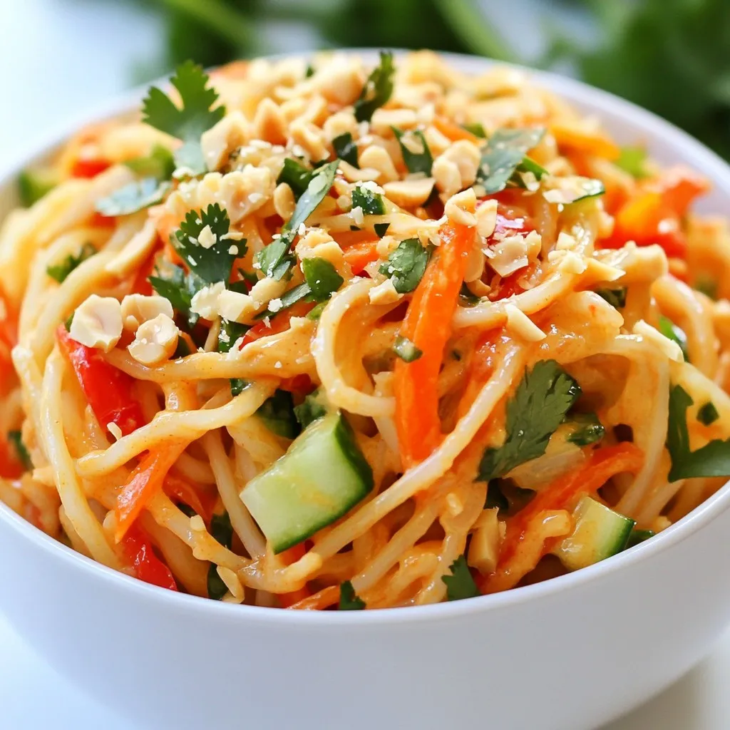 - 8 oz rice noodles - 1/2 cup creamy peanut butter - 3 tablespoons soy sauce - 1 tablespoon sesame oil - 2 tablespoons maple syrup - 1 tablespoon sriracha (adjust for spice preference) - 1 red bell pepper, thinly sliced - 1 carrot, julienned - 1 cucumber, julienned - 2 green onions, chopped - 1/4 cup chopped fresh cilantro The main ingredients in Spicy Peanut Noodle Salad create a rich and tasty dish. Rice noodles serve as the base, giving a nice chewy texture. Creamy peanut butter brings a nutty flavor that pairs well with fresh veggies. Fresh vegetables, like bell pepper, carrot, and cucumber, add crunch and color. Spices and flavorings, like soy sauce and sriracha, give the dish its signature kick. The combination of these ingredients makes this salad a delight for your taste buds. For this recipe, you need specific amounts. Using 8 oz of rice noodles ensures you get the right texture. Half a cup of creamy peanut butter gives a rich taste. For seasoning, 3 tablespoons of soy sauce and 1 tablespoon of sesame oil add depth. Two tablespoons of maple syrup balance the flavors. Adjust the sriracha to your spice liking. Quality matters here. Fresh veggies and good peanut butter make all the difference in flavor and texture. You can boost the salad with some crushed peanuts. They add a nice crunch. Fresh herbs like cilantro or mint give a fresh taste. You might also sprinkle some extra spices for added flavor. These optional garnishes make your salad even more enjoyable. {{ingredient_image_1}} To cook the rice noodles, bring a large pot of water to a boil. Add the noodles to the boiling water. Cook them for about 4 to 6 minutes. Stir occasionally to prevent them from sticking. Once they are soft, drain the noodles in a colander. Rinse them under cold water. This stops the cooking process and cools them down. To prevent sticking, toss the noodles with a bit of sesame oil after rinsing. This keeps them separate and adds flavor. In a medium bowl, you will make the peanut dressing. Start by adding half a cup of creamy peanut butter. Then, pour in three tablespoons of soy sauce. Next, add one tablespoon of sesame oil and two tablespoons of maple syrup. For some heat, include one tablespoon of sriracha. Whisk all these ingredients together until they are smooth and creamy. If the dressing feels too thick, add a tablespoon of warm water. This helps you achieve the right consistency for drizzling. Now, it’s time to mix the salad. In a large bowl, combine the cooled rice noodles with the sliced red bell pepper, julienned carrot, julienned cucumber, and chopped green onions. Pour the peanut dressing over this mixture. Gently toss everything together to ensure even coating. Finally, add the chopped cilantro and toss again lightly. This adds a fresh burst of flavor. Serve the salad in bowls, and top with crushed peanuts for a nice crunch. You can easily change the spice in your salad. If sriracha feels too hot, try using chili paste. You can also use sweet chili sauce for a mild kick. To reduce heat, add more peanut butter or a bit of sugar. Adding a dash of lime juice can also cool it down. For the best taste, marinate the veggies in the dressing for 10 minutes before mixing. This helps flavors blend well. Always use fresh ingredients. Fresh veggies make the salad crisp and bright. They also add more nutrients. Serve your salad in colorful bowls for a fun look. Top each bowl with crushed peanuts. For a creative touch, arrange the veggies in a rainbow pattern. This makes the dish eye-catching. You can also sprinkle cilantro on top for a pop of color. Pro Tips Adjusting Spice Levels: If you prefer a milder salad, reduce the sriracha or omit it entirely, then add a dash of chili flakes for a gentle heat. Fresh Veggie Options: Feel free to customize the vegetables based on what's in season or what you have on hand, such as bell peppers, snap peas, or zucchini. Make-Ahead Tips: This salad can be made ahead of time. Just keep the dressing separate until you are ready to serve to prevent the noodles from becoming soggy. Garnishing Ideas: For additional texture and flavor, try adding sesame seeds or sliced radishes as a garnish along with the crushed peanuts. {{image_2}} You can easily add protein to this salad. Tofu, chicken, or shrimp work great. - Tofu: Use firm tofu for a nice texture. Press it first to remove excess water. Then, cube it and pan-fry until golden. - Chicken: Grill or pan-sear chicken breasts. Cut into strips and mix with noodles. - Shrimp: Cook shrimp in a pan until they turn pink. Toss them in with the other ingredients. For a vegetarian or vegan option, stick to tofu. It adds protein without meat. You can also try tempeh for a nutty taste. If you want to change the veggies, go ahead! You can swap bell peppers, carrots, and cucumbers for other fresh options. - Alternatives: Try snap peas, radishes, or shredded cabbage. - Seasonal Options: Use zucchini in summer or roasted squash in fall. Fresh veggies keep your salad vibrant and tasty. The dressing is key to flavor. You can experiment with different nut butters. - Nut Butters: Almond or cashew butter add a twist. - Citrus and Herbs: Squeeze in lime or lemon juice. Fresh herbs like basil or mint can brighten the flavors. These variations keep the dish fresh and exciting every time you make it. To keep your Spicy Peanut Noodle Salad fresh, store it in a proper container. Use an airtight container to prevent air from getting in. This will help keep your salad crunchy and tasty. The salad can stay fresh in the fridge for 3 to 5 days. However, the veggies may lose some crunch after a day or two. You can freeze the salad, but it may change in texture. Freezing will make the veggies softer when thawed. If you still want to freeze it, store the salad without the dressing. This helps keep the texture better. To thaw, move it to the fridge overnight. For a quick thaw, place the container in cold water. After thawing, mix in the dressing and serve. Preparing ingredients in advance can save time. You can cook the rice noodles and chop veggies ahead of time. Store them separately in the fridge. This way, you can mix them when ready to eat. For meal prep storage, use small containers for each ingredient. This keeps everything fresh and ready to go. Mixing the salad right before serving helps keep it crisp and flavorful. Rice noodles are thin noodles made from rice flour. They are popular in many Asian dishes. To cook them, start by boiling water in a pot. Once the water boils, add the rice noodles. Cook them for about 4-5 minutes. Stir occasionally to prevent sticking. When they are soft, drain and rinse them under cold water. This stops the cooking and helps them stay separate. Yes, you can prepare this salad in advance. Cook the rice noodles and chop the veggies ahead. Store the noodles and veggies separately in the fridge. Mix the peanut dressing and keep it in a jar. When you are ready to eat, combine the noodles, veggies, and dressing. This keeps everything fresh and tasty. To make this salad gluten-free, use gluten-free soy sauce. You can find this in most stores. Instead of rice noodles, you can also use gluten-free noodles made from other grains. Always check the labels to be sure. These simple swaps let everyone enjoy this delicious dish! This article covered how to make a delicious Spicy Peanut Noodle Salad. We discussed the main ingredients and their quality, cooking methods, and tips for the best flavor. I shared variations, storage tips, and answers to common questions. As you prepare this dish, remember to enjoy the process. Try different ingredients and spice levels. This salad is tasty and easy to make, perfect for any meal. I hope you create a version you love!