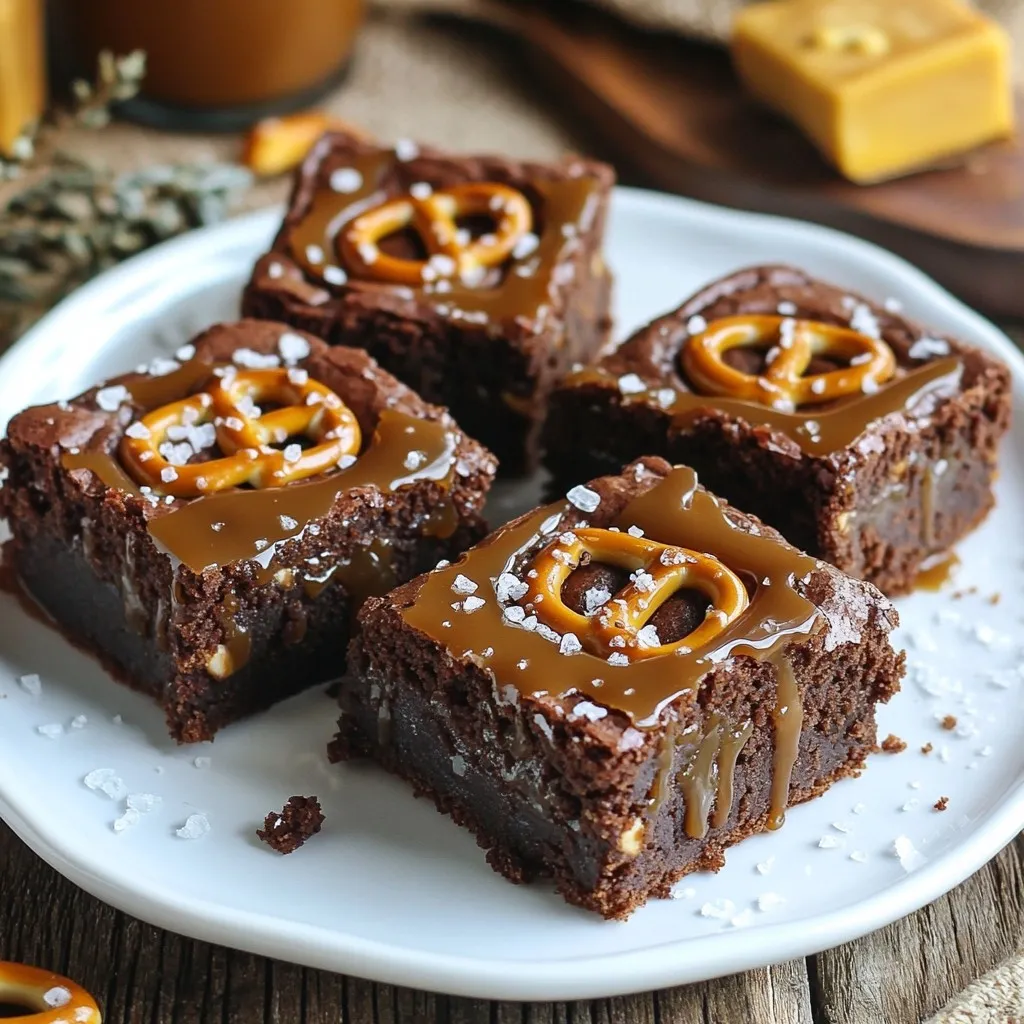 - 1 cup unsalted butter - 2 cups granulated sugar - 4 large eggs - 1 cup all-purpose flour - 1 cup cocoa powder - 1 teaspoon baking powder - 1/2 teaspoon salt - 1 cup pretzel pieces - 1 cup caramel sauce - Sea salt for topping The first key ingredient is unsalted butter. It adds richness and helps achieve a soft texture. Granulated sugar adds sweetness and helps the brownies rise. You will need four large eggs. They bind the ingredients and give the brownies their structure. Next, combine flour and cocoa powder. They form the base and give the brownies a deep chocolate flavor. Baking powder helps the brownies rise, while salt enhances the overall taste. Pretzel pieces offer a fun crunch and a salty kick. Caramel sauce is essential for that sweet, gooey layer. You can use store-bought or homemade. Finally, sprinkle sea salt on top for a perfect balance of flavors. - Homemade caramel recipe - Alternative sweeteners - Gluten-free flour options You can customize your brownies with a homemade caramel recipe. This adds a personal touch and can enhance flavor. If you prefer less sugar, try alternative sweeteners like honey or maple syrup. For those who need gluten-free options, substitute all-purpose flour with gluten-free flour blends. This way, everyone can enjoy these amazing brownies. {{ingredient_image_1}} First, preheat your oven to 350°F (175°C). Grease a 9x13-inch baking pan with butter. Then, line it with parchment paper. Leave some paper hanging over the sides. This helps with easy removal later. In a large bowl, mix 1 cup of melted butter and 2 cups of sugar. Whisk them together until smooth. Add 4 large eggs one at a time. Mix well after each egg. Finally, stir in 1 teaspoon of vanilla extract for flavor. Take another bowl and sift together 1 cup of flour, 1 cup of cocoa powder, 1 teaspoon of baking powder, and 1/2 teaspoon of salt. Gradually fold this dry mix into the wet ingredients. Be gentle! Over-mixing can make your brownies tough. Now, fold in 1 cup of pretzel pieces. Make sure they are spread evenly in the batter. Pour half of the brownie batter into your prepared pan. Spread it out evenly. Drizzle half of the caramel sauce over this layer. Carefully add the rest of the brownie batter on top. Finish with a drizzle of the remaining caramel sauce. To create a marbled look, take a knife or skewer. Gently swirl the caramel into the top layer. This adds a beautiful design and extra flavor. Bake the brownies in your preheated oven for 25 to 30 minutes. To check if they are done, insert a toothpick in the center. It should come out with a few moist crumbs. Once baked, sprinkle sea salt on top right away. Allow the brownies to cool in the pan for about 20 minutes. Use the parchment paper to lift them out. Let them cool completely on a wire rack before cutting into squares. To keep your brownies moist, avoid over-mixing the batter. When you combine wet and dry ingredients, mix just until you see no flour. Over-mixing adds air, making brownies dry. Use a spatula to fold, not a whisk. This keeps the texture soft and fudgy. Remember to bake them until a toothpick shows a few moist crumbs. Want to boost the flavor? Add chocolate chunks or nuts to the batter. Semi-sweet or dark chocolate works well. You can also use walnuts or pecans for crunch. After baking, serve with a scoop of vanilla ice cream. The warm brownies and cold ice cream make a great pair. For a stunning look, serve your brownies on a rustic wooden board. Drizzle extra caramel sauce over the top. Sprinkle with sea salt for a nice contrast. You can add more pretzel pieces for texture. This simple touch makes your dessert look fancy and inviting. Pro Tips Use Room Temperature Eggs: Make sure your eggs are at room temperature for better incorporation into the batter, resulting in a smoother texture. Don’t Overmix the Batter: To keep your brownies fudgy and chewy, mix just until the dry ingredients are combined; avoid overmixing. Swirl for Aesthetic Appeal: When swirling the caramel into the batter, use a gentle hand to create beautiful marble patterns without fully mixing it in. Cool Before Cutting: Allow the brownies to cool completely before cutting to ensure clean squares and prevent them from falling apart. {{image_2}} You can boost the flavor of your brownies by adding nuts. Peanuts add a rich, nutty taste. Almonds bring a nice crunch and a touch of sweetness. Walnuts give a more earthy flavor. Just chop them up and fold them in with the pretzels. Use about one cup of your choice for great results. If you want a vegan version, swap the butter for coconut oil or a plant-based butter. You can use flax eggs as egg replacements. To make one flax egg, mix one tablespoon of ground flaxseed with three tablespoons of water. Let it sit for a few minutes to thicken. This will help bind your brownies without any eggs. For a festive touch, add peppermint extract during the holidays. Just one teaspoon gives a refreshing taste. In fall, try adding spices like cinnamon or nutmeg. These spices will warm up your brownies and make them perfect for chilly weather. Experiment with these flavors for a fun twist on the classic recipe! To keep your brownies fresh, first, let them cool completely. Once cooled, cut them into squares. Place the squares in an airtight container. You can also layer parchment paper between the brownies to avoid sticking. Store the container at room temperature for up to four days. If you want to keep them longer, consider refrigerating them. They will last for up to a week in the fridge. You can freeze brownies for up to three months. Wrap each square tightly in plastic wrap. Then, place the wrapped brownies in a freezer-safe bag or container. When you want to enjoy them, take them out of the freezer. Let them thaw at room temperature for about an hour. If you’re in a hurry, you can microwave them for a few seconds. These brownies taste best within the first few days. After that, they can still be good for up to a week if stored correctly. If frozen, they maintain quality for three months. Always check for any signs of freezer burn or off smells before eating. Enjoy these treats while they are fresh for the best taste! To cut brownies well, use a sharp knife. Warm the knife under hot water first. Wipe the knife with a paper towel after each cut. This keeps the edges clean and neat. You can also chill the brownies before cutting. This helps them firm up. For a nice touch, cut them into squares or rectangles. Presentation matters, so arrange them on a pretty plate. Yes, you can make these brownies ahead of time. Once cooled, store them in an airtight container. Keep them at room temperature for up to three days. You can also freeze them for longer storage. Wrap each brownie tightly in plastic wrap. Place them in a freezer-safe bag. They can last for up to three months in the freezer. Thaw them overnight in the fridge before serving. To adjust the sweetness, reduce the sugar by a quarter cup. You can also use dark chocolate cocoa powder. It has a richer flavor and less sugar. Another option is to use a sugar substitute. Try using monk fruit sweetener or stevia. These options help lower the sugar content. Always taste as you go to find the right level for you. In this post, I shared key ingredients, step-by-step instructions, tips, and variations for making flavorful brownies. You learned how to achieve moist, delicious results with options for customization. Remember, using quality ingredients and following the tips will elevate your baking. Feel free to explore different flavors and store your treats to enjoy later. Baking brownies can be fun and rewarding, so dive in and create your perfect batch!