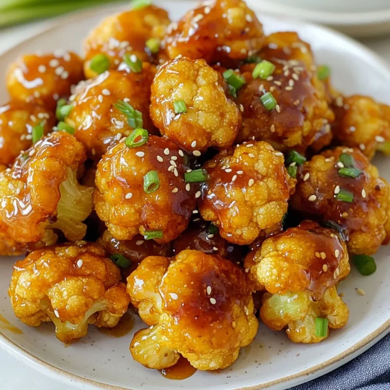 To make Honey Sriracha Cauliflower Bites, you'll need the following items: - 1 medium head of cauliflower, cut into florets - 1/2 cup all-purpose flour - 1/2 cup water - 1/4 teaspoon garlic powder - 1/4 teaspoon onion powder - 1/4 teaspoon salt - 1/4 teaspoon black pepper - 1 tablespoon olive oil - 1/4 cup honey - 1/4 cup Sriracha sauce - 1 tablespoon apple cider vinegar - Sesame seeds and chopped green onions for garnish These ingredients blend to create a tasty snack that packs a punch. You may not have all the ingredients on hand. Here are some easy swaps: - Use chickpea flour instead of all-purpose flour for a gluten-free option. - For a spicier kick, add extra Sriracha or use a different hot sauce. - Maple syrup can replace honey for a vegan version. - If you lack apple cider vinegar, lemon juice works well too. - Try using coconut oil instead of olive oil for a tropical twist. These substitutions keep the spirit of the recipe while catering to your needs. Each ingredient offers health benefits: - Cauliflower is low in calories and high in fiber. It helps digestion and supports weight loss. - Honey provides natural sweetness and has antioxidants. It can boost your immune system. - Sriracha contains chili peppers, which may help with metabolism and reduce inflammation. - Olive oil is rich in healthy fats. It promotes heart health and reduces bad cholesterol. - Garlic powder is known to support heart health and may lower blood pressure. These ingredients make your snack not just delicious but also good for you! {{ingredient_image_1}} First, gather your ingredients. You need one medium head of cauliflower, flour, and spices. Cut the cauliflower into small florets. This will help them cook evenly. Next, in a large bowl, mix the flour, water, garlic powder, onion powder, salt, and black pepper. Whisk it until it is smooth. This batter will coat the cauliflower. Dip each floret into the batter. Make sure every piece is covered well. Place them on a baking sheet lined with parchment paper. Now, preheat your oven to 425°F (220°C). This temperature is key for a nice crunch. Once the oven is hot, bake the cauliflower for about 20 minutes. You want them to look golden and crispy. After 20 minutes, check them. If they are not crispy enough, let them bake a bit longer. After baking, take the cauliflower out and set it aside. It will be hot, so be careful. While the cauliflower bakes, it's time to make the sauce. In a separate bowl, mix together the honey, Sriracha sauce, olive oil, and apple cider vinegar. Stir well until everything blends nicely. This sauce adds a sweet and spicy kick to the bites. Once the cauliflower is done, transfer it to a large bowl. Pour the sauce over the hot florets. Toss gently to coat each piece. This step is important for flavor. Finally, return the coated cauliflower to the baking sheet. Bake them for another 10 minutes. This helps the sauce caramelize and stick to the cauliflower. Enjoy the wonderful aroma filling your kitchen! To get that crunchy texture, follow these simple steps: - Use a batter: The mix of flour and water creates a light coating. - Don’t crowd the pan: Space out the florets. This helps them crisp up. - Bake at high heat: Set your oven to 425°F (220°C). This temperature is key. After the first bake, toss the cauliflower in the sauce. Then bake them again. This allows the sauce to caramelize, adding more crunch. Gather these tools for an easy cooking experience: - Large bowl: For mixing the batter and sauce. - Whisk: To combine the batter smoothly. - Baking sheet: Line it with parchment for easy cleanup. - Tongs: These help you dip and turn the cauliflower without mess. These items make the process simple and fun. Timing is vital for great taste. Here’s how to make the most of your cooking: - Prep the cauliflower: Cut it into even florets. This ensures they cook at the same rate. - Bake for 20 minutes: This gives your florets a nice golden color. - Sauce and bake again: Toss in the sauce and bake for 10 more minutes. This step deepens the flavor. Follow these tips, and your Honey Sriracha Cauliflower Bites will shine! Pro Tips Choose Fresh Cauliflower: Always opt for firm and fresh cauliflower heads to ensure the best flavor and texture in your bites. Adjust the Spice Level: You can modify the amount of Sriracha in the sauce to control the heat level according to your preference. Let it Rest: Allowing the coated cauliflower to rest for a few minutes before the final bake helps the sauce adhere better. Serving Suggestions: These bites pair well with a cooling dipping sauce like ranch or yogurt to balance the heat of the Sriracha. {{image_2}} You can swap the honey Sriracha sauce for other tasty options. Try a sweet chili sauce for a milder kick. You can use BBQ sauce for a smoky flavor. A spicy garlic sauce adds an extra zing. Experiment with these sauces to find your favorite. To make this dish vegan, replace honey with maple syrup or agave nectar. Use a gluten-free flour blend in place of all-purpose flour. This way, you can enjoy the bites without worry. Check labels on sauces to ensure they fit your diet. Honey Sriracha cauliflower bites shine on their own but pair well with dips. Serve them with ranch or blue cheese dressing. They also make a great addition to a veggie platter. For a full meal, add rice or quinoa as a side. Enjoy these bites at parties or as a fun snack any time! To store your Honey Sriracha Cauliflower Bites, let them cool completely. Place them in an airtight container. Keep the container in the fridge. They will stay fresh for up to three days. If you want to keep them longer, consider freezing. When you're ready to eat leftovers, preheat your oven to 350°F (175°C). Spread the cauliflower bites on a baking sheet. Heat them for about 10 to 15 minutes. This will help them regain their crispiness. You can also use a microwave, but the bites may turn soft. If you want to freeze these bites, arrange them on a baking sheet in a single layer. Place the sheet in the freezer until they are solid. After they freeze, transfer them to a freezer-safe bag. This way, they will last for up to two months. When you're ready to enjoy them, bake straight from the freezer. Just add a few extra minutes to the cooking time. The best way to serve these bites is on a large platter. You can drizzle extra honey Sriracha sauce on top. Sprinkle sesame seeds and chopped green onions for color. This adds a fresh touch and makes the dish pop. Serve them warm for the best taste. They pair well with creamy dips or as a side dish. Yes, you can make these bites in an air fryer. Preheat the air fryer to 400°F (200°C). Once your batter is ready, coat the cauliflower florets and place them in the air fryer basket. Cook them for about 12-15 minutes, shaking the basket halfway through. This method gives you a nice crunch without using much oil. To adjust the spice level, you can change the amount of Sriracha. For a milder version, use less Sriracha. You can also add more honey to balance the heat. If you want more heat, add chili flakes or a dash of hot sauce. Taste the sauce before you mix it with the cauliflower bites to find your perfect spice level. In this post, we covered key ingredients for Honey Sriracha Cauliflower Bites. We discussed their health benefits and common substitutes. You learned step-by-step how to prepare and bake them, plus tips for achieving the perfect crispiness. We also explored tasty variations and smart storage methods. Remember, this dish is flexible. You can adjust heat levels and try different sauces. Enjoy creating and savoring these bites in your kitchen!