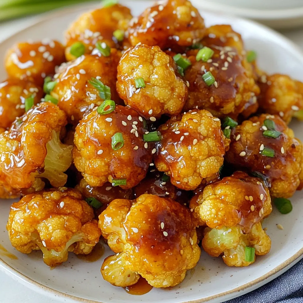 To make Honey Sriracha Cauliflower Bites, you'll need the following items: - 1 medium head of cauliflower, cut into florets - 1/2 cup all-purpose flour - 1/2 cup water - 1/4 teaspoon garlic powder - 1/4 teaspoon onion powder - 1/4 teaspoon salt - 1/4 teaspoon black pepper - 1 tablespoon olive oil - 1/4 cup honey - 1/4 cup Sriracha sauce - 1 tablespoon apple cider vinegar - Sesame seeds and chopped green onions for garnish These ingredients blend to create a tasty snack that packs a punch. You may not have all the ingredients on hand. Here are some easy swaps: - Use chickpea flour instead of all-purpose flour for a gluten-free option. - For a spicier kick, add extra Sriracha or use a different hot sauce. - Maple syrup can replace honey for a vegan version. - If you lack apple cider vinegar, lemon juice works well too. - Try using coconut oil instead of olive oil for a tropical twist. These substitutions keep the spirit of the recipe while catering to your needs. Each ingredient offers health benefits: - Cauliflower is low in calories and high in fiber. It helps digestion and supports weight loss. - Honey provides natural sweetness and has antioxidants. It can boost your immune system. - Sriracha contains chili peppers, which may help with metabolism and reduce inflammation. - Olive oil is rich in healthy fats. It promotes heart health and reduces bad cholesterol. - Garlic powder is known to support heart health and may lower blood pressure. These ingredients make your snack not just delicious but also good for you! {{ingredient_image_1}} First, gather your ingredients. You need one medium head of cauliflower, flour, and spices. Cut the cauliflower into small florets. This will help them cook evenly. Next, in a large bowl, mix the flour, water, garlic powder, onion powder, salt, and black pepper. Whisk it until it is smooth. This batter will coat the cauliflower. Dip each floret into the batter. Make sure every piece is covered well. Place them on a baking sheet lined with parchment paper. Now, preheat your oven to 425°F (220°C). This temperature is key for a nice crunch. Once the oven is hot, bake the cauliflower for about 20 minutes. You want them to look golden and crispy. After 20 minutes, check them. If they are not crispy enough, let them bake a bit longer. After baking, take the cauliflower out and set it aside. It will be hot, so be careful. While the cauliflower bakes, it's time to make the sauce. In a separate bowl, mix together the honey, Sriracha sauce, olive oil, and apple cider vinegar. Stir well until everything blends nicely. This sauce adds a sweet and spicy kick to the bites. Once the cauliflower is done, transfer it to a large bowl. Pour the sauce over the hot florets. Toss gently to coat each piece. This step is important for flavor. Finally, return the coated cauliflower to the baking sheet. Bake them for another 10 minutes. This helps the sauce caramelize and stick to the cauliflower. Enjoy the wonderful aroma filling your kitchen! To get that crunchy texture, follow these simple steps: - Use a batter: The mix of flour and water creates a light coating. - Don’t crowd the pan: Space out the florets. This helps them crisp up. - Bake at high heat: Set your oven to 425°F (220°C). This temperature is key. After the first bake, toss the cauliflower in the sauce. Then bake them again. This allows the sauce to caramelize, adding more crunch. Gather these tools for an easy cooking experience: - Large bowl: For mixing the batter and sauce. - Whisk: To combine the batter smoothly. - Baking sheet: Line it with parchment for easy cleanup. - Tongs: These help you dip and turn the cauliflower without mess. These items make the process simple and fun. Timing is vital for great taste. Here’s how to make the most of your cooking: - Prep the cauliflower: Cut it into even florets. This ensures they cook at the same rate. - Bake for 20 minutes: This gives your florets a nice golden color. - Sauce and bake again: Toss in the sauce and bake for 10 more minutes. This step deepens the flavor. Follow these tips, and your Honey Sriracha Cauliflower Bites will shine! Pro Tips Choose Fresh Cauliflower: Always opt for firm and fresh cauliflower heads to ensure the best flavor and texture in your bites. Adjust the Spice Level: You can modify the amount of Sriracha in the sauce to control the heat level according to your preference. Let it Rest: Allowing the coated cauliflower to rest for a few minutes before the final bake helps the sauce adhere better. Serving Suggestions: These bites pair well with a cooling dipping sauce like ranch or yogurt to balance the heat of the Sriracha. {{image_2}} You can swap the honey Sriracha sauce for other tasty options. Try a sweet chili sauce for a milder kick. You can use BBQ sauce for a smoky flavor. A spicy garlic sauce adds an extra zing. Experiment with these sauces to find your favorite. To make this dish vegan, replace honey with maple syrup or agave nectar. Use a gluten-free flour blend in place of all-purpose flour. This way, you can enjoy the bites without worry. Check labels on sauces to ensure they fit your diet. Honey Sriracha cauliflower bites shine on their own but pair well with dips. Serve them with ranch or blue cheese dressing. They also make a great addition to a veggie platter. For a full meal, add rice or quinoa as a side. Enjoy these bites at parties or as a fun snack any time! To store your Honey Sriracha Cauliflower Bites, let them cool completely. Place them in an airtight container. Keep the container in the fridge. They will stay fresh for up to three days. If you want to keep them longer, consider freezing. When you're ready to eat leftovers, preheat your oven to 350°F (175°C). Spread the cauliflower bites on a baking sheet. Heat them for about 10 to 15 minutes. This will help them regain their crispiness. You can also use a microwave, but the bites may turn soft. If you want to freeze these bites, arrange them on a baking sheet in a single layer. Place the sheet in the freezer until they are solid. After they freeze, transfer them to a freezer-safe bag. This way, they will last for up to two months. When you're ready to enjoy them, bake straight from the freezer. Just add a few extra minutes to the cooking time. The best way to serve these bites is on a large platter. You can drizzle extra honey Sriracha sauce on top. Sprinkle sesame seeds and chopped green onions for color. This adds a fresh touch and makes the dish pop. Serve them warm for the best taste. They pair well with creamy dips or as a side dish. Yes, you can make these bites in an air fryer. Preheat the air fryer to 400°F (200°C). Once your batter is ready, coat the cauliflower florets and place them in the air fryer basket. Cook them for about 12-15 minutes, shaking the basket halfway through. This method gives you a nice crunch without using much oil. To adjust the spice level, you can change the amount of Sriracha. For a milder version, use less Sriracha. You can also add more honey to balance the heat. If you want more heat, add chili flakes or a dash of hot sauce. Taste the sauce before you mix it with the cauliflower bites to find your perfect spice level. In this post, we covered key ingredients for Honey Sriracha Cauliflower Bites. We discussed their health benefits and common substitutes. You learned step-by-step how to prepare and bake them, plus tips for achieving the perfect crispiness. We also explored tasty variations and smart storage methods. Remember, this dish is flexible. You can adjust heat levels and try different sauces. Enjoy creating and savoring these bites in your kitchen!