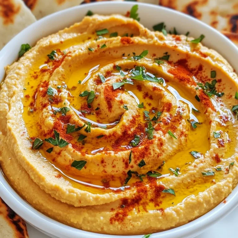 To make roasted red pepper hummus, you need these key ingredients: - 1 can (15 oz) chickpeas, drained and rinsed - 1 large roasted red pepper, jarred or homemade - 2 tablespoons tahini - 2 tablespoons lemon juice - 2 cloves garlic, minced - 2 tablespoons olive oil - 1 teaspoon ground cumin - Salt and pepper to taste - Water, as needed for consistency - Fresh parsley, for garnish - Paprika, for garnish Each ingredient plays a special role in the flavor and texture of the hummus. - Chickpeas: High in protein and fiber, chickpeas help keep you full and satisfied. - Roasted Red Pepper: Rich in vitamins A and C, they add sweetness and bright flavor. - Tahini: This sesame paste adds healthy fats and boosts the creamy texture. - Lemon Juice: Fresh lemon juice gives a zesty kick and aids digestion. - Garlic: Known for its strong flavor, garlic also has great health benefits. - Olive Oil: Packed with healthy monounsaturated fats, it enhances flavor and richness. - Ground Cumin: This warm spice adds depth and a hint of earthiness. - Salt and Pepper: Essential for balancing flavors and enhancing taste. - Water: Helps adjust the hummus to your desired creaminess. - Fresh Parsley and Paprika: Both add color and a finishing touch to your dish. When shopping, I recommend these brands for quality: - Chickpeas: Look for Goya or Eden Foods for canned chickpeas. - Tahini: Try Soom or Al Wadi for smooth tahini. - Olive Oil: Use extra virgin olive oil from California Olive Ranch or Colavita. - Jarred Roasted Red Peppers: Choose Mezzetta or Trader Joe’s for tasty options. These brands ensure you get the best flavors in your hummus. {{ingredient_image_1}} To make this hummus, gather your ingredients first. You will need: - 1 can (15 oz) chickpeas, drained and rinsed - 1 large roasted red pepper, jarred or homemade - 2 tablespoons tahini - 2 tablespoons lemon juice - 2 cloves garlic, minced - 2 tablespoons olive oil - 1 teaspoon ground cumin - Salt and pepper to taste - Water, as needed for consistency - Fresh parsley, for garnish - Paprika, for garnish 1. Start by placing the chickpeas, roasted red pepper, tahini, lemon juice, minced garlic, olive oil, ground cumin, and a pinch of salt and pepper into the food processor. 2. Blend the mix until it becomes smooth. If it feels too thick, add water slowly, one tablespoon at a time. Keep blending until you reach the right texture. 3. Taste the hummus. If you want more flavor, add extra salt, pepper, or lemon juice. 4. Once it is creamy and well blended, scoop the hummus into a serving bowl. 5. To make it look nice, create a small well in the center of the hummus. Drizzle olive oil in this well. Sprinkle a little paprika and fresh parsley on top for a pop of color. Using a food processor can save you time. Here are a few tips to get the best results: - Prep Before Blending: Chop garlic and pepper into smaller pieces for easier blending. - Don’t Overfill: Make sure not to fill the bowl too much. This helps everything blend smoothly. - Scrape Down the Sides: Stop occasionally to scrape down the sides of the bowl. This ensures all ingredients mix well. - Pulse First: Use the pulse function a few times before blending. This helps break down the larger pieces. The right texture makes hummus enjoyable. Here’s how to get it just right: - Start Thick: Begin with a thicker mixture. It is easier to add water than to fix a runny hummus. - Add Water Slowly: As you blend, add water one tablespoon at a time. Stop when you reach a creamy and smooth texture. - Check Texture: The hummus should be spreadable but not too thin. It should hold its shape on a plate. - Taste Test: Always taste your hummus before serving. Adjust the seasoning or add water as needed. 1. Not rinsing chickpeas: Always rinse canned chickpeas well. This removes excess salt and improves taste. 2. Skipping tahini: Tahini gives hummus its creamy texture. Don't leave it out. 3. Over-blending: Blend just until smooth. Over-blending can make it too runny. 4. Not adjusting seasoning: Taste as you go. Add salt, pepper, or lemon juice to fit your taste. 5. Using cold ingredients: Room temperature ingredients blend better. Take them out ahead of time. To make your hummus stand out, try these: - Add spices: A pinch of smoked paprika or cayenne can add warmth. - Fresh herbs: Blend in cilantro or basil for a fresh twist. - Zest: A bit of lemon zest can brighten the flavors. - Nuts: Toasted pine nuts or walnuts can add a nice crunch. Serve hummus with: - Warm pita bread: It complements the creamy texture perfectly. - Fresh veggies: Carrot sticks, cucumber slices, and bell pepper strips are great for dipping. - Crackers: Choose whole grain or flavored ones for extra taste. - Olives and feta: These add richness and contrast your hummus. - Garnish: A drizzle of olive oil or a sprinkle of paprika makes it look delightful. Pro Tips Roasting Your Own Peppers: If you have the time, roasting your own red peppers can enhance the flavor of this hummus. Simply char them over an open flame or in the oven until the skin is blistered, then peel and use. Adjusting Creaminess: For an ultra-smooth texture, peel the chickpeas before blending. This extra step might take a bit more time, but it makes a noticeable difference! Flavor Enhancements: Experiment with additional spices, like smoked paprika or cayenne pepper, to give your hummus a unique flavor profile that suits your taste. Storage Tips: Store any leftover hummus in an airtight container in the fridge. It will keep well for up to a week; just stir in a little olive oil before serving to refresh the texture. {{image_2}} You can spice up your hummus for more flavor. Try adding smoked paprika for a smoky taste. A pinch of cayenne pepper will give it heat. You can also mix in ground coriander for a bright flavor. Each spice changes the taste and makes it unique. If you want to change the recipe, you can use different ingredients. For a nut-free option, skip the tahini. Instead, use sunflower seed butter. If you need a low-sodium choice, rinse your chickpeas well to reduce salt. You can also use fresh garlic if you prefer a stronger garlic taste. Serve your hummus in fun ways. You can use small bowls for individual servings. Try topping it with olives or diced tomatoes for a fresh look. Serve it on a platter with pita chips, veggie sticks, or even breadsticks. These ideas make your dish fun and tasty! To keep your hummus fresh, store it in an airtight container. I recommend using glass or plastic containers with tight lids. Make sure the hummus is cool before sealing. This helps prevent moisture buildup. If you have extra hummus, put it in smaller containers. This way, you can enjoy it in portions. Roasted red pepper hummus lasts about 5 to 7 days in the fridge. If you want to keep it longer, freezing is a great option. You can freeze it for up to 3 months. Just make sure to leave some space in the container. Hummus expands when it freezes. To thaw, place it in the fridge overnight. You can also use the microwave for a quick thaw. If you have leftover hummus, there are fun ways to use it. You can spread it on sandwiches or wraps. It makes a tasty dip for veggies or chips. You can even mix it into pasta for extra flavor. If it seems dry after storage, add a little water or olive oil. This will help bring back its creamy texture. Roasted red pepper hummus is made of simple ingredients. Here’s what you need: - 1 can (15 oz) chickpeas, drained and rinsed - 1 large roasted red pepper, jarred or homemade - 2 tablespoons tahini - 2 tablespoons lemon juice - 2 cloves garlic, minced - 2 tablespoons olive oil - 1 teaspoon ground cumin - Salt and pepper to taste - Water, as needed for consistency - Fresh parsley, for garnish - Paprika, for garnish These ingredients blend to create a smooth and tasty dip. The roasted red pepper adds a sweet, smoky flavor. Homemade hummus can last in your fridge for about five days. Store it in an airtight container. Make sure to keep it covered well. If you see any signs of spoilage, discard it right away. Yes, you can freeze roasted red pepper hummus. It keeps well for about three months. Place it in a freezer-safe container. When ready to eat, thaw it in the fridge overnight. After thawing, stir well and adjust the seasoning if needed. Roasted red pepper hummus is simple and tasty. We explored key ingredients and their health perks. I shared step-by-step instructions for making it right. Tips helped avoid mistakes, enhance flavor, and serve it well. We also talked about variations and storage tips. Make this dish your own with flavors you love. Enjoy your hummus fresh and share with friends. You’ll impress them with the best snack!