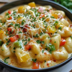 - 1 package (16 oz) gnocchi - 1 small onion, finely chopped - 2 cloves garlic, minced - 1 red bell pepper, diced - 1 green bell pepper, diced - 1 tablespoon olive oil - 1 cup heavy cream - 1 tablespoon Cajun seasoning - 1 cup freshly grated Parmesan cheese - Salt and pepper to taste - Fresh parsley, chopped For this creamy Cajun gnocchi, you will need a mix of fresh and simple ingredients. First, grab a package of gnocchi. This soft pasta is the star of our dish. You also want a small onion, some garlic, and two bell peppers. One should be red, and the other green for color and taste. Next, let's talk about the creamy sauce. You need olive oil, heavy cream, and Cajun seasoning. These will bring all the flavors together. You will also want to have some freshly grated Parmesan cheese on hand. This adds richness and a delicious finish. Don't forget to season with salt and pepper to make it perfect. Finally, for a nice touch, have fresh parsley ready to chop. It adds a pop of color and fresh flavor to your dish. With these ingredients, you are set to create a delightful meal that is both creamy and full of zest! {{ingredient_image_1}} - Bring a large pot of salted water to a boil. - Add the gnocchi and cook according to the package instructions. They usually float when done. Drain them and set aside. - In a large skillet, heat one tablespoon of olive oil over medium heat. - Sauté the chopped onion until it turns translucent, about 2-3 minutes. - Add the minced garlic and cook for an additional minute. - Mix in the diced red and green bell peppers. Sauté them until tender, about 5-7 minutes. - Lower the heat and pour in the heavy cream. Stir well to combine. - Add the Cajun seasoning and mix thoroughly. Let the sauce simmer for about 3-4 minutes until it thickens slightly. - Gently add the cooked gnocchi to the sauce. Stir until they are well-coated. - Gradually mix in the grated Parmesan cheese. Keep stirring until it melts and makes the sauce creamy. - Taste and season with salt and pepper as needed. To get the best gnocchi, avoid overcooking it. Cook the gnocchi until they float. This means they are done. If you cook them too long, they become mushy. For the best flavor, use freshly made gnocchi. Store-bought is fine, but fresh has more taste. You will enjoy the difference in texture. You can adjust the Cajun seasoning to your liking. If you want more spice, add a bit more. If it's too hot, reduce it. A splash of lemon juice brightens the dish. It adds freshness and balances the creaminess. You will find that it lifts the flavors nicely. Creamy Cajun gnocchi pairs well with a side salad or crusty bread. A salad adds crunch and freshness. Crusty bread is perfect for soaking up the sauce. Consider a sprinkle of extra Parmesan on top. This adds a rich flavor and a nice touch. Enjoy serving this dish to family and friends! Pro Tips Use Fresh Gnocchi: For the best texture and flavor, opt for fresh gnocchi instead of shelf-stable varieties. They cook quickly and offer a delightful bite. Adjust Spice Level: Customize the heat in your dish by varying the amount of Cajun seasoning. Start with less and add more according to your taste preference. Perfect Creaminess: To achieve a luxuriously creamy sauce, let the heavy cream simmer gently before adding the cheese. This helps to meld the flavors beautifully. Garnish Wisely: Fresh parsley not only adds a pop of color but also a fresh flavor. Consider adding a squeeze of lemon juice for an extra burst of brightness. {{image_2}} You can add protein to this dish easily. Chicken or shrimp works great. Just sauté them until cooked before adding veggies. This makes the meal heartier and more filling. If you prefer a vegetarian option, try tofu. Cut the tofu into cubes, then fry until golden. This adds a nice texture and protein boost to your creamy Cajun gnocchi. For a vegetarian or vegan twist, swap the heavy cream for coconut cream or cashew cream. Both options keep the dish rich and creamy. Nutritional yeast can replace Parmesan cheese for a cheesy flavor. This is a great way to enjoy the same taste without dairy. Your creamy Cajun gnocchi will still be delicious and satisfying. If you like heat, you can amp up the spice. Simply increase the Cajun seasoning in the sauce. You can also add sliced jalapeños or red pepper flakes for a fiery kick. Adjust the spice level to your taste. This way, each bite can bring the right amount of heat you enjoy. Store your creamy Cajun gnocchi in an airtight container. It keeps best in the fridge. Aim to eat it within three days for the best taste and texture. When you want to enjoy it again, reheat your gnocchi gently. You can use the stovetop or the microwave. If the sauce looks thick, add a splash of cream or water. This helps bring back the creamy goodness. You can freeze this dish before or after cooking. If you freeze it raw, shape the gnocchi as usual. For cooked gnocchi, let it cool first. To enjoy later, thaw it overnight in the fridge. Reheat it like before, and it’ll taste delicious! Yes, you can make this dish ahead of time. Prepare the gnocchi and store it in the fridge. When you’re ready to eat, simply reheat it. This makes your meal easy and quick. I love serving this dish with a few sides. A fresh salad adds crunch. Garlic bread gives a nice touch. A light vegetable side works well, too. These sides balance the creamy sauce. Absolutely, this recipe is great for meal prep. It cooks fast, and you can store it easily. The flavors deepen when it sits, making it even tastier for later. Just heat it up, and you’re good to go! This recipe for Creamy Cajun Gnocchi brings flavor and ease to your table. You learned how to cook gnocchi, sauté fresh vegetables, and create a creamy sauce. Adjust the seasoning to your liking and try adding proteins or veggies. Store leftovers easily and enjoy them later. With simple steps and tips, you can impress anyone with this dish. Enjoy your cooking adventure and the delicious results!