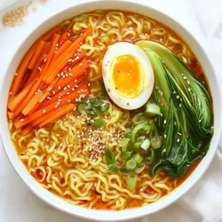 - 2 packets of instant ramen noodles (discard the seasoning packets) - 4 cups chicken or vegetable broth - 3 tablespoons chili garlic sauce - 1 tablespoon soy sauce - 1 tablespoon sesame oil - 1 cup bok choy, chopped - 1 carrot, julienned - ½ red bell pepper, thinly sliced - 2 green onions, chopped - Boiled egg (optional, for garnish) - Sesame seeds for garnish This dish shines with simple, fresh ingredients. Instant ramen noodles serve as a quick base. I prefer to use chicken broth for richer flavor, but vegetable broth works great too. The chili garlic sauce adds a spicy kick. Soy sauce brings depth, while sesame oil adds a nutty finish. Fresh vegetables like bok choy, carrot, and red bell pepper brighten the dish. Green onions give a fresh crunch. You can add a boiled egg for protein and creaminess. A sprinkle of sesame seeds makes it look beautiful. These ingredients not only make the ramen tasty but also colorful and fun. You can mix and match based on what you have. Enjoy the process of making this dish your own! {{ingredient_image_1}} - First, heat 1 tablespoon of vegetable oil in a large pot over medium heat. - Add 2 cloves of minced garlic and 1-inch grated ginger. Sauté for about 1 minute. - Next, add 1 cup of chopped bok choy, 1 julienned carrot, and ½ sliced red bell pepper. Cook for 3-4 minutes until they soften. - Pour in 4 cups of chicken or vegetable broth. Bring it to a gentle boil. - Stir in 3 tablespoons of chili garlic sauce, 1 tablespoon soy sauce, and 1 tablespoon sesame oil. Simmer for 2 minutes. - Add the 2 packets of instant ramen noodles to the pot. Cook according to package instructions, usually about 3-4 minutes. - Once the noodles are tender, remove from heat and stir in 2 chopped green onions. To boost the taste, try adding a pinch of red pepper flakes. This gives more heat. You can also mix in a splash of rice vinegar. It adds a nice tang. For a richer taste, use miso paste. Just a spoonful can make a big difference. If you like it sweet, add a bit of honey. This will balance the heat well. Don't forget fresh herbs like cilantro or basil. They add a fresh kick. To cook your veggies just right, cut them evenly. This helps them cook at the same time. Start with the garlic and ginger. Sauté them until fragrant, about one minute. Then add the bok choy, carrots, and bell pepper. Stir-fry for three to four minutes. They should be tender but still crisp. When cooking the noodles, follow the package time closely. Overcooking makes them mushy. A nice bowl makes your ramen look gourmet. Use deep bowls to hold all the broth. Start with the noodles at the bottom. Next, add the colorful veggies on top. A boiled egg adds a fancy touch. Slice it in half and place it in the center. Finally, sprinkle sesame seeds and green onions on top. This makes your ramen inviting and lovely to eat. Pro Tips Adjust the Spice Level: If you prefer a milder dish, reduce the amount of chili garlic sauce or use a less spicy alternative. Fresh Ingredients Matter: Using fresh bok choy and crisp vegetables enhances the flavor and texture of the ramen. Customize Your Toppings: Feel free to add other toppings like sliced mushrooms, tofu, or crispy shallots for extra flavor and texture. Perfect Boiled Egg: For a perfectly soft-boiled egg, cook it for exactly 6-7 minutes, then place it in ice water to stop the cooking process. {{image_2}} You can make your ramen extra spicy. Add fresh chili slices or a dash of hot sauce. You might also try adding a sprinkle of red pepper flakes. This adds heat without changing the dish too much. If you love heat, don't hold back! To make a vegetarian version, swap the broth. Use vegetable broth instead of chicken broth. You can also add more veggies. Try mushrooms or snap peas for more texture. Tofu is another great swap for added protein and heartiness. Adding protein makes ramen more filling. You can add cooked chicken or shrimp for a savory taste. If you prefer plant-based options, try adding tofu. Just cube it and toss it in with the veggies. All these options keep the dish balanced and tasty. To keep your chili garlic ramen fresh, store it in an airtight container. This will help keep the flavors locked in. Let the ramen cool to room temperature before sealing it. Store it in the fridge for up to three days. If you notice any change in smell or color, it’s best to throw it away. When you want to enjoy your leftovers, gently reheat them on the stove. Place the ramen in a pot and add a splash of broth or water. Heat it over medium-low heat until warm. Stir occasionally to ensure even heating. You can also use the microwave. Place your ramen in a microwave-safe bowl, add a little broth, and cover it. Heat in 30-second intervals, stirring in between. If you want to save your ramen for later, freezing is a great option. First, let the ramen cool completely. Then, portion it into freezer-safe bags or containers. Remove as much air as possible before sealing. You can freeze it for up to three months. When you're ready to eat, thaw it overnight in the fridge. Reheat it as mentioned above. This way, you’ll have a quick meal ready in no time! Yes, you can use many noodles for chili garlic ramen. Here are some great options: - Soba noodles - Udon noodles - Rice noodles - Whole wheat noodles These noodles have different textures but work well. Just cook them according to their package instructions. You'll still enjoy the rich flavors! Most chili garlic sauces are vegan. They usually contain chili peppers, garlic, and vinegar. Always check the label for any added ingredients. Some brands may include fish sauce or sugar processed with bone char. Choose a brand that fits your diet. You can store chili garlic ramen leftovers for about 3 to 4 days. Place it in an airtight container. Keep it in the fridge to ensure safety. When you want to eat it again, reheat it on the stove or in the microwave. Enjoy those flavors again! You can make a great chili garlic ramen using simple ingredients and steps. Start with instant noodles and a flavorful broth. Add fresh vegetables for crunch and nutrition. Don’t forget some optional garnishes for extra fun. Remember, you can change things up with protein or more spice. Cooking and enjoying ramen can bring comfort and joy. Try this recipe today and impress yourself with your skills. Eating well shouldn’t be hard, and this dish proves it! Enjoy your tasty creation!