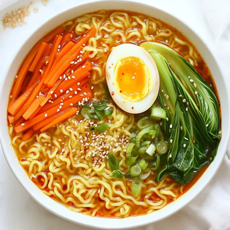 - 2 packets of instant ramen noodles (discard the seasoning packets) - 4 cups chicken or vegetable broth - 3 tablespoons chili garlic sauce - 1 tablespoon soy sauce - 1 tablespoon sesame oil - 1 cup bok choy, chopped - 1 carrot, julienned - ½ red bell pepper, thinly sliced - 2 green onions, chopped - Boiled egg (optional, for garnish) - Sesame seeds for garnish This dish shines with simple, fresh ingredients. Instant ramen noodles serve as a quick base. I prefer to use chicken broth for richer flavor, but vegetable broth works great too. The chili garlic sauce adds a spicy kick. Soy sauce brings depth, while sesame oil adds a nutty finish. Fresh vegetables like bok choy, carrot, and red bell pepper brighten the dish. Green onions give a fresh crunch. You can add a boiled egg for protein and creaminess. A sprinkle of sesame seeds makes it look beautiful. These ingredients not only make the ramen tasty but also colorful and fun. You can mix and match based on what you have. Enjoy the process of making this dish your own! {{ingredient_image_1}} - First, heat 1 tablespoon of vegetable oil in a large pot over medium heat. - Add 2 cloves of minced garlic and 1-inch grated ginger. Sauté for about 1 minute. - Next, add 1 cup of chopped bok choy, 1 julienned carrot, and ½ sliced red bell pepper. Cook for 3-4 minutes until they soften. - Pour in 4 cups of chicken or vegetable broth. Bring it to a gentle boil. - Stir in 3 tablespoons of chili garlic sauce, 1 tablespoon soy sauce, and 1 tablespoon sesame oil. Simmer for 2 minutes. - Add the 2 packets of instant ramen noodles to the pot. Cook according to package instructions, usually about 3-4 minutes. - Once the noodles are tender, remove from heat and stir in 2 chopped green onions. To boost the taste, try adding a pinch of red pepper flakes. This gives more heat. You can also mix in a splash of rice vinegar. It adds a nice tang. For a richer taste, use miso paste. Just a spoonful can make a big difference. If you like it sweet, add a bit of honey. This will balance the heat well. Don't forget fresh herbs like cilantro or basil. They add a fresh kick. To cook your veggies just right, cut them evenly. This helps them cook at the same time. Start with the garlic and ginger. Sauté them until fragrant, about one minute. Then add the bok choy, carrots, and bell pepper. Stir-fry for three to four minutes. They should be tender but still crisp. When cooking the noodles, follow the package time closely. Overcooking makes them mushy. A nice bowl makes your ramen look gourmet. Use deep bowls to hold all the broth. Start with the noodles at the bottom. Next, add the colorful veggies on top. A boiled egg adds a fancy touch. Slice it in half and place it in the center. Finally, sprinkle sesame seeds and green onions on top. This makes your ramen inviting and lovely to eat. Pro Tips Adjust the Spice Level: If you prefer a milder dish, reduce the amount of chili garlic sauce or use a less spicy alternative. Fresh Ingredients Matter: Using fresh bok choy and crisp vegetables enhances the flavor and texture of the ramen. Customize Your Toppings: Feel free to add other toppings like sliced mushrooms, tofu, or crispy shallots for extra flavor and texture. Perfect Boiled Egg: For a perfectly soft-boiled egg, cook it for exactly 6-7 minutes, then place it in ice water to stop the cooking process. {{image_2}} You can make your ramen extra spicy. Add fresh chili slices or a dash of hot sauce. You might also try adding a sprinkle of red pepper flakes. This adds heat without changing the dish too much. If you love heat, don't hold back! To make a vegetarian version, swap the broth. Use vegetable broth instead of chicken broth. You can also add more veggies. Try mushrooms or snap peas for more texture. Tofu is another great swap for added protein and heartiness. Adding protein makes ramen more filling. You can add cooked chicken or shrimp for a savory taste. If you prefer plant-based options, try adding tofu. Just cube it and toss it in with the veggies. All these options keep the dish balanced and tasty. To keep your chili garlic ramen fresh, store it in an airtight container. This will help keep the flavors locked in. Let the ramen cool to room temperature before sealing it. Store it in the fridge for up to three days. If you notice any change in smell or color, it’s best to throw it away. When you want to enjoy your leftovers, gently reheat them on the stove. Place the ramen in a pot and add a splash of broth or water. Heat it over medium-low heat until warm. Stir occasionally to ensure even heating. You can also use the microwave. Place your ramen in a microwave-safe bowl, add a little broth, and cover it. Heat in 30-second intervals, stirring in between. If you want to save your ramen for later, freezing is a great option. First, let the ramen cool completely. Then, portion it into freezer-safe bags or containers. Remove as much air as possible before sealing. You can freeze it for up to three months. When you're ready to eat, thaw it overnight in the fridge. Reheat it as mentioned above. This way, you’ll have a quick meal ready in no time! Yes, you can use many noodles for chili garlic ramen. Here are some great options: - Soba noodles - Udon noodles - Rice noodles - Whole wheat noodles These noodles have different textures but work well. Just cook them according to their package instructions. You'll still enjoy the rich flavors! Most chili garlic sauces are vegan. They usually contain chili peppers, garlic, and vinegar. Always check the label for any added ingredients. Some brands may include fish sauce or sugar processed with bone char. Choose a brand that fits your diet. You can store chili garlic ramen leftovers for about 3 to 4 days. Place it in an airtight container. Keep it in the fridge to ensure safety. When you want to eat it again, reheat it on the stove or in the microwave. Enjoy those flavors again! You can make a great chili garlic ramen using simple ingredients and steps. Start with instant noodles and a flavorful broth. Add fresh vegetables for crunch and nutrition. Don’t forget some optional garnishes for extra fun. Remember, you can change things up with protein or more spice. Cooking and enjoying ramen can bring comfort and joy. Try this recipe today and impress yourself with your skills. Eating well shouldn’t be hard, and this dish proves it! Enjoy your tasty creation!